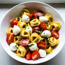To make this fresh and zesty salad, you will need the following ingredients: - 1 package (12 oz) cheese tortellini, cooked and cooled - 1 cup cherry tomatoes, cut in half - 1 cup fresh mozzarella balls, cut in half - 1/2 cup fresh basil leaves, roughly torn - 1/4 cup extra virgin olive oil - 2 tablespoons balsamic vinegar - 1 tablespoon honey - Salt and freshly ground black pepper to taste You can easily swap some ingredients if you want a twist: - Use spinach or arugula instead of basil for a different flavor. - Swap cherry tomatoes for diced bell peppers for added crunch. - Try using ricotta or feta cheese instead of mozzarella for a new taste. - Replace honey with agave syrup for a vegan option. Fresh ingredients shine in this salad. They bring bright colors and bold flavors. - Fresh basil gives a sweet and peppery kick. - Ripe cherry tomatoes add a juicy burst with each bite. - Quality mozzarella has a creamy texture that enhances the dish. - Using good olive oil and balsamic vinegar makes the dressing rich and tasty. When you use fresh ingredients, the taste becomes vibrant and exciting. Always aim for the best quality to elevate your dishes! {{ingredient_image_2}} First, take a package of cheese tortellini. Cook it as the package says. After cooking, drain the tortellini and rinse it with cold water. This step cools it down fast. Once cooled, put the tortellini in a big mixing bowl. This is the base of your salad. Next, grab your fresh ingredients. Cut one cup of cherry tomatoes in half. Then, cut one cup of fresh mozzarella balls in half too. Tear half a cup of fresh basil leaves roughly. Add all these ingredients to the bowl with the tortellini. Gently mix everything together. This helps all the flavors blend nicely. Now, let’s make the dressing. In a small bowl, combine a quarter cup of extra virgin olive oil, two tablespoons of balsamic vinegar, and one tablespoon of honey. Add a pinch of salt and pepper for taste. Whisk these ingredients together until the dressing is smooth. Drizzle this dressing over the salad mixture. Toss everything gently again. Make sure all the salad is coated well. Taste the salad and adjust the seasoning if needed. Cover the bowl and chill it in the fridge for at least 30 minutes. This waiting time enhances the flavors. When ready to serve, give it one last gentle toss. Enjoy your fresh and zesty Tortellini Caprese Pasta Salad! To cook tortellini just right, follow these steps. Start with a large pot of salted water. Bring it to a boil before adding your tortellini. Cook according to package instructions, usually about 3 to 5 minutes. Stir gently to prevent sticking. Once they float to the top, they are done. Drain and rinse them under cold water to stop the cooking. This keeps them firm and fresh for the salad. Want to boost flavor? Here are some easy tips. Add more herbs like parsley or oregano for a fresh taste. A squeeze of lemon juice brightens the salad and adds zing. For more depth, try adding garlic or red pepper flakes. You can also mix in olives or roasted peppers for a unique twist. Each of these options adds a nice layer of flavor. To serve this salad beautifully, use a large, shallow bowl. Arrange the tortellini, tomatoes, and mozzarella in colorful layers. Top it with whole basil leaves for a pop of color. Drizzle a little extra balsamic vinegar right before serving. This adds shine and makes it even more appealing. A well-presented salad makes a great impression! Pro Tips Use Fresh Ingredients: Always opt for the freshest tomatoes and basil to enhance the flavors of your pasta salad. Chill Before Serving: Allowing the salad to chill for at least 30 minutes helps the flavors meld and intensify, making each bite more delicious. Customize the Dressing: Feel free to adjust the dressing ingredients to your taste; adding more honey for sweetness or more balsamic for tang can elevate the dish. Presentation Matters: Serve the salad in a shallow bowl and garnish it with whole basil leaves and a drizzle of balsamic vinegar for a stunning presentation. {{image_4}} You can make Tortellini Caprese Pasta Salad heartier by adding protein. Grilled chicken or shrimp works well. Simply cook the chicken or shrimp until done. Cut the chicken into bite-sized pieces. Toss them into the salad with the tortellini. This addition makes the meal more filling and adds flavor. For a vegetarian twist, replace cheese tortellini with a veggie option. Look for tortellini made with spinach or other vegetables. To make it vegan, swap the mozzarella for avocado or vegan cheese. This keeps the dish creamy and delicious without dairy. You can also add chickpeas for extra protein and fiber. You can change the salad with seasonal veggies. Roasted bell peppers, zucchini, or asparagus add great taste. Roast them in the oven until tender. Let them cool before mixing them in. This gives the dish a warm, savory touch. You can enjoy the salad all year round by using fresh, in-season produce. To store leftover tortellini caprese pasta salad, place it in an airtight container. Make sure it is sealed tightly. This will keep the salad fresh and prevent any odors from the fridge. You can also cover the bowl with plastic wrap if you do not have a container. The salad stays good for about 3 to 4 days in the fridge. Keep it cool at all times. Always check for any signs of spoilage, like odd smells or changes in color, before eating. If you notice anything strange, it's best to throw it away. I do not recommend freezing this salad. The fresh ingredients, like basil and mozzarella, do not freeze well. They may lose their texture and flavor. If you have leftovers, it's best to enjoy them fresh within a few days. Yes, you can make this salad ahead of time. I often prepare it a few hours in advance. This gives the flavors time to blend. Just chill it in the fridge until you are ready to serve. Cover it well to keep it fresh. I recommend using cheese tortellini for this salad. The cheese adds a nice richness. Fresh tortellini is great if you can find it. Dried tortellini works too; just cook it well. To boost flavor, try adding more herbs. Fresh herbs like parsley or oregano work well. You can also add garlic for a punch. If you like heat, a pinch of red pepper flakes is nice. Consider using flavored olive oil or adding more balsamic vinegar for zing. Tortellini Caprese Pasta Salad is simple and fun to make. We covered fresh ingredients, step-by-step prep, and useful tips. Remember, you can swap ingredients and add proteins for more flavor. Follow the storage tips to keep leftovers tasty. This salad is perfect for any meal. Enjoy creating your own version, and don't forget to experiment with different flavors!