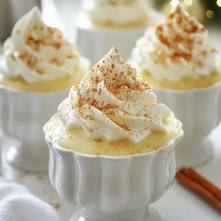 To make eggnog pudding shots, gather these main ingredients: - 2 cups eggnog - 1 cup whole milk - 1/2 cup granulated sugar - 1/4 cup cornstarch - 1 teaspoon pure vanilla extract - 1/2 teaspoon freshly grated nutmeg - 1/4 teaspoon ground cinnamon - 1 cup whipped cream (for topping) These ingredients combine to create a smooth, creamy treat that captures the spirit of the season. Getting the right amounts of each ingredient is key. Here’s a breakdown: - Eggnog and whole milk give a rich base. - The sugar adds sweetness. - Cornstarch thickens the pudding. - Vanilla, nutmeg, and cinnamon bring warm flavors. Make sure to measure carefully for the best results. Too much cornstarch can make it too thick, while too little can leave it runny. Garnishes make your pudding shots pop! Consider these options: - Extra nutmeg or cinnamon for a sprinkle on top. - A dollop of whipped cream adds a nice touch. - Cinnamon sticks or mint sprigs for a festive display. These small details elevate the look and taste of your pudding shots. They make your holiday treat even more special. {{ingredient_image_2}} Start by gathering your ingredients. In a medium saucepan, mix 2 cups of eggnog, 1 cup of whole milk, and 1/2 cup of granulated sugar. Place the saucepan over medium heat. Stir the mixture often until it warms up, but do not let it boil. This should take about 5 minutes. You want it hot, but not bubbling. In a small bowl, mix 1/4 cup of cornstarch with a few tablespoons of the warm eggnog mixture. This helps create a smooth slurry. Pour this slurry back into the saucepan while whisking. This step is crucial to avoid lumps. Keep stirring over medium heat until the mixture thickens. It should take about 5 to 7 minutes. The pudding is ready when it coats the back of a spoon. Once thick, remove the saucepan from heat. Stir in 1 teaspoon of pure vanilla extract, 1/2 teaspoon of freshly grated nutmeg, and 1/4 teaspoon of ground cinnamon. Mix until everything is well combined. Let the pudding cool for about 10 minutes. Stir it often to prevent a skin from forming. Next, spoon the mixture into small shot glasses, filling them about three-quarters full. This gives room for the whipped cream. Place the shots in the fridge to chill for at least 2 hours. They should be firm when you touch the tops. When you are ready to serve, top each pudding shot with a dollop of whipped cream. For a festive touch, sprinkle some extra nutmeg or cinnamon on top. Serve the pudding shots on a decorative platter to make them look extra special! When making eggnog pudding shots, avoid these common mistakes: - Not measuring accurately: Use precise measurements for each ingredient. - Skipping the slurry step: Always mix the cornstarch with warm liquid first. This helps avoid lumps. - Overheating the mixture: Keep the heat low to prevent burning. Stir constantly. - Not letting it cool: Let the pudding cool a bit before filling the cups to prevent melting the whipped cream. To get that creamy, smooth texture, follow these tips: - Stir continuously: This helps mix the ingredients well and prevents sticking. - Watch for thickening: When it coats the back of a spoon, it’s ready. - Cool properly: Stir occasionally as it cools to prevent a skin from forming. Serve your eggnog pudding shots in fun ways: - Use festive cups: Holiday-themed shot glasses add cheer. - Layer flavors: Try adding a chocolate layer or peppermint extract for a twist. - Garnish with flair: Use cinnamon sticks or mint leaves for extra decoration. - Make a pudding shot platter: Display them on a colorful tray for a festive touch. These tips and tricks will help you create the perfect eggnog pudding shots that everyone will enjoy! Pro Tips Chill Your Ingredients: For best results, use cold eggnog and milk to help the pudding set faster and achieve a smoother texture. Whisk Constantly: When cooking the pudding, continuous whisking prevents clumps and ensures a silky-smooth consistency. Experiment with Flavors: Add a splash of rum or bourbon to the pudding mixture for an adult twist on this festive treat. Serve Immediately: Although these pudding shots can be made ahead, they are best enjoyed fresh to maintain their light and airy whipped cream topping. {{image_4}} You can make your eggnog pudding shots even more festive by adding flavor infusions. One fun option is peppermint. Simply mix in 1 teaspoon of peppermint extract during the cooking process. This will give a cool, minty kick. If you're a chocolate lover, add 1/4 cup of cocoa powder to the eggnog mixture. This will turn your shots into a rich chocolatey treat. Not everyone wants alcohol in their desserts. For a non-alcoholic version, just use eggnog that has no alcohol. This keeps the flavor intact while making it family-friendly. You can also use non-alcoholic whipped cream for topping. Your guests will love these tasty treats without the buzz. Toppings can change the game for your pudding shots. Instead of whipped cream, try using flavored whipped cream. Vanilla, chocolate, or even pumpkin spice can add a nice twist. You can also sprinkle crushed cookies or candy canes on top for extra crunch. Fresh fruit, like berries or banana slices, can also brighten up your shots and add a fresh taste. To keep your eggnog pudding shots fresh, store them in the fridge. Use an airtight container or cover them tightly with plastic wrap. This keeps them safe from odors and helps maintain their creamy texture. If you decide to use shot glasses, you can stack them carefully to save space. These pudding shots can last up to four days in the fridge. After that, they may lose their taste and texture. Always check for any signs of spoilage, like an off smell or changes in color, before enjoying your leftovers. You do not need to reheat eggnog pudding shots. They are best served cold, chilled, and creamy. If you notice the pudding has thickened too much, you can mix in a little milk to loosen it. Just stir gently to keep the texture smooth. The base for Eggnog Pudding Shots is a mix of eggnog and whole milk. This mix gives a rich and creamy flavor. The sugar adds sweetness, while cornstarch thickens the mixture into a pudding. Vanilla extract, nutmeg, and cinnamon enhance the warm, holiday taste. These flavors blend together to create a festive treat that makes your taste buds dance. Yes, you can use dairy-free milk in this recipe. Almond milk or coconut milk works great. These options still give a creamy texture. Just choose a sweetened version to match the flavor of eggnog. The spices will still shine through, making your pudding shots just as festive and tasty. You can easily make Eggnog Pudding Shots ahead of time. Prepare the pudding and chill it in shot glasses as directed. They can stay in the fridge for up to three days. This is perfect for holiday parties when you need to save time. Just add the whipped cream and spices before serving for a fresh look and taste. In this blog post, we covered how to make delicious eggnog pudding shots. You learned the main ingredients, key measurements, and optional garnishes. We walked through the preparation steps, thickening methods, and chilling tips. I shared common mistakes to avoid and ways to get the perfect texture. You also saw fun flavor variations and storage tips. Now, you can enjoy a creamy treat that's sure to impress. Happy cooking!