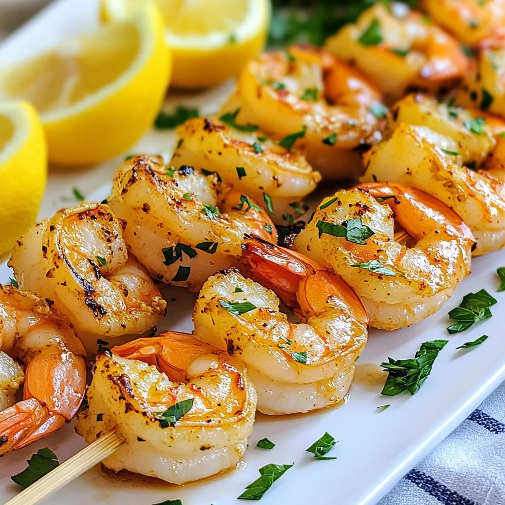 - 1 pound large shrimp, peeled and deveined - 4 garlic cloves, finely minced - 1/4 cup freshly squeezed lemon juice - Zest from 1 lemon - 1/4 cup extra virgin olive oil - 1 tablespoon honey - 1 teaspoon smoked paprika - Salt and freshly cracked black pepper to taste - Fresh parsley, chopped (for garnish) - Wooden or metal skewers Using fresh, high-quality shrimp makes a huge difference. Look for shrimp that smells clean and briny. Avoid shrimp with a strong fishy odor. The garlic should be fresh and firm, as it adds a bold flavor. Fresh lemon juice is key. It brightens the dish and balances the rich olive oil and honey. For the best taste, use extra virgin olive oil. It has a fruity flavor and more nutrients than regular olive oil. Smoked paprika gives a warm, smoky touch. Check that it is fresh for the best flavor. If you want a different flavor, try using scallops or firm fish instead of shrimp. For a vegetarian option, swap in large mushrooms. You can also use agave syrup instead of honey for a vegan twist. If you need to avoid gluten, ensure your ingredients are gluten-free. You can replace the olive oil with avocado oil if you prefer. {{ingredient_image_2}} To start, you need to marinate the shrimp. Grab a medium bowl and add the minced garlic, lemon juice, lemon zest, olive oil, honey, smoked paprika, salt, and pepper. Whisk everything together until it blends well. Next, add the shrimp and gently toss them in the marinade. Make sure every shrimp gets coated. Cover the bowl with plastic wrap and put it in the fridge for 30 minutes to 1 hour. This lets the flavors soak into the shrimp. Now let's prepare the skewers. If you're using wooden skewers, soak them in water for about 20 minutes. This step is key to keep them from burning on the grill. If you have metal skewers, you can skip this step. After soaking, you’re ready to thread the shrimp. Once your shrimp have marinated, take them out of the fridge. Thread about 4-5 shrimp onto each skewer. Leave a little space between each shrimp. This helps them cook evenly. Next, preheat your grill or grill pan to medium-high heat. It’s important to have it hot before you add the skewers. Place the shrimp skewers on the grill and cook for 2-3 minutes on each side. The shrimp should turn pink and become opaque. Avoid overcooking them. This keeps the shrimp juicy and tender. After grilling, let the skewers rest for a minute. This enhances their juiciness. Finish by garnishing with fresh parsley. Enjoy your flavorful Lemon Garlic Grilled Shrimp Skewers! To grill shrimp well, start with fresh shrimp. Look for shrimp that are firm and smell clean. Remove the shells and devein them to make eating easier. Marinate them well, as this adds great flavor. In your marinade, use garlic, lemon juice, and olive oil. These ingredients make a tasty mix. When threading the shrimp onto skewers, leave space between each piece. This helps the heat reach all sides. If you use wooden skewers, soak them in water for 20 minutes. This step helps prevent burning. Overcooked shrimp can turn rubbery. To avoid this, keep an eye on the cooking time. Grill each side for just 2-3 minutes. The shrimp should turn pink and opaque. If you see this color change, they are done. Remove them from the grill right away. Let them rest for a minute before serving. This helps keep them juicy. For grilling shrimp, a few tools make it easier. Use a grill or grill pan preheated to medium-high heat. A fish spatula is great for flipping the shrimp without breaking them. Tongs can help you move the skewers safely. If using wooden skewers, always soak them first to prevent flames. These tools will help you achieve perfect lemon garlic grilled shrimp skewers every time! Pro Tips Soak Wooden Skewers: To prevent wooden skewers from burning on the grill, soak them in water for at least 20 minutes before threading the shrimp. Don't Overcrowd Skewers: Leave a small gap between each shrimp on the skewer to ensure even cooking and prevent steaming. Check for Doneness: Shrimp are cooked when they turn pink and opaque. Avoid overcooking to maintain their juiciness and tenderness. Enhance Flavor with Marinade: For an even bolder flavor, marinate the shrimp for longer, up to 2 hours, but avoid marinating for more than that to prevent the shrimp from becoming mushy. {{image_4}} You can change the flavor of your lemon garlic grilled shrimp skewers easily. Consider adding spices like cayenne pepper for heat or cumin for earthiness. A pinch of red pepper flakes can also add a nice kick. Want a smoky flavor? Add more smoked paprika. You can even mix in herbs like oregano or thyme for an extra layer of taste. The key is to keep it fun and try what you like. Feel free to swap shrimp for other proteins. Chicken works great, and it soaks up the marinade well. Cut chicken breast into bite-sized pieces for even cooking. You can also use fish like salmon or tuna. These options cook faster, so keep an eye on them. If you prefer a vegetarian option, try firm tofu or even veggies like bell peppers and zucchini. They grill beautifully and take on great flavor. Think about how you present your skewers. Serve them on a bed of rice or quinoa for a filling meal. You can also pair them with a side of grilled veggies. Fresh salads with mixed greens and a light vinaigrette complement the skewers well. For a fun twist, serve them with warm pita bread and a side of tzatziki sauce. This adds a nice creaminess that balances the dish. To keep your leftover shrimp skewers fresh, place them in an airtight container. This will seal in the flavors and moisture. Store them in the fridge for up to two days. If you have wooden skewers, consider removing the shrimp before storing. This helps prevent the skewers from soaking up moisture. When you're ready to enjoy the leftovers, you can reheat them easily. Place the shrimp skewers on a baking sheet. Preheat your oven to 350°F (175°C). Heat them for about 10 minutes. This warms the shrimp without drying them out. You can also use a microwave. Just cover the skewers with a damp paper towel. Heat for 30 seconds to 1 minute, checking often. If you want to save your skewers for later, freezing is a great option. First, make sure the shrimp are cooled completely. Place the skewers in a single layer on a baking sheet. Freeze until solid, then wrap each skewer in plastic wrap. Store them in a freezer bag for up to three months. To cook, thaw in the fridge overnight and reheat as mentioned above. You should marinate the shrimp for 30 minutes to 1 hour. This time helps the shrimp soak up all the tasty flavors. The longer you let them sit, the more intense the lemon and garlic taste will be. But don’t go over 1 hour; too long can change the shrimp's texture. Yes, you can use frozen shrimp! Just make sure they are fully thawed before marinating. To thaw, place them in the fridge overnight or run them under cold water for a quick thaw. Using frozen shrimp may also save you time, and they can still taste great. These skewers go well with many sides. You can pair them with vibrant grilled vegetables or a fresh garden salad. For a heartier meal, serve them with rice or quinoa. Adding a slice of fresh lemon on the side can give a nice touch too! In this post, we covered key ingredients and how to prepare delicious shrimp skewers. I shared steps for marinating, grilling, and ways to avoid overcooking. You learned tips for grilling and tasty variations, plus how to store leftovers. These easy methods ensure great meals every time. Enjoy your culinary journey with shrimp skewers and impress everyone at your next cookout! Remember, cooking is fun, so feel free to experiment!
