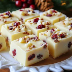 - 2 cups white chocolate chips - 1 can (14 oz) sweetened condensed milk - 1 teaspoon vanilla extract - 1 cup dried cranberries, finely chopped - 1/2 cup walnuts, coarsely chopped (optional) - Pinch of salt - Extra dried cranberries and white chocolate chips for topping To create this delightful treat, gather these simple ingredients. The white chocolate chips form the creamy base. Sweetened condensed milk adds richness and sweetness. Vanilla extract brings warmth to the fudge. Finely chopped dried cranberries add a tart burst of flavor. If you like nuts, use walnuts for a nice crunch. A pinch of salt balances the sweetness perfectly. Finally, extra cranberries and chocolate chips give a beautiful finish. Having all these items ready will make cooking easier and more fun. Enjoy the process of mixing these sweet flavors together! {{ingredient_image_2}} To start, grab an 8x8 inch square baking dish. Line it with parchment paper. Leave a little overhang on the sides. This makes it easy to lift the fudge out after it sets. For even cutting, make sure the parchment is smooth. Any wrinkles can affect how you cut the fudge later. Next, get a medium saucepan. Set it over low heat. Add the white chocolate chips and sweetened condensed milk. Stir this mix often. You want it to melt slowly. Stirring helps to avoid burning the chocolate. Keep stirring until the mix is silky and smooth. This step is crucial for a creamy fudge. Once you melt the chocolate, take the saucepan off the heat. Now, add the vanilla extract and a pinch of salt. This will boost the flavor. Then, fold in your chopped dried cranberries and walnuts. Use a spatula to mix gently. Make sure everything is well combined. This gives each bite a nice texture. Pour the fudge mixture into your lined dish. Use a spatula to spread it evenly. Aim for a smooth top. This helps the fudge look pretty. Now, sprinkle extra dried cranberries and white chocolate chips on top. Press them in gently. Place the dish in the fridge. Chill it for at least 3 hours. This makes sure the fudge is firm and set. After the fudge sets, lift it out of the dish using the parchment paper. Use a sharp knife to cut it into small squares. For a festive look, arrange the squares on a decorative plate. Scatter some extra chopped cranberries around. If you want to gift it, wrap each piece in clear cellophane. Tie it with a ribbon for a nice touch. To make great fudge, start with your ingredients at the right temperature. Use room temperature for the sweetened condensed milk. This helps it blend well with the melted chocolate. Cold ingredients can cause the fudge to seize. Grainy fudge is a common mistake. To avoid this, ensure the white chocolate chips melt slowly. Stir gently and often. If the heat is too high, it can burn and ruin the smooth texture. For freshness, store your fudge in an airtight container. This keeps it soft and tasty. If you want it to last longer, place parchment paper between layers. This helps prevent sticking. To extend shelf life, keep it in the fridge. It can last up to two weeks this way. If you want to save it longer, consider freezing it. Wrap it well to avoid freezer burn. Sometimes, fudge doesn't set. If this happens, try placing it back in the fridge. Let it chill longer. If it still won't firm up, you can melt it again. Add a bit more chocolate to help it set. Broken or crumbly fudge can be fixed too. Simply melt it again, then stir in a little sweetened condensed milk. This can bring it back to a smooth and creamy state. Pro Tips Use high-quality chocolate: Opt for premium white chocolate chips for a creamier texture and richer flavor in your fudge. Chill effectively: Allow the fudge to chill in the refrigerator for a full 3 hours to ensure it sets properly and has a firm texture. Customize the mix-ins: Feel free to substitute walnuts with other nuts or add additional flavors like orange zest for a unique twist. Presentation matters: Cut the fudge into uniform squares for a professional look, and consider adding festive decorations for special occasions. {{image_4}} You can boost flavor in your fudge. Try adding spices like cinnamon or nutmeg. A little orange zest can also add a bright twist. If you want crunch, substitute nuts. Pecans or almonds work well. You can also mix in different dried fruits, like cherries or apricots. Each change brings a new taste to enjoy. To make this fudge vegan, swap white chocolate chips for dairy-free ones. Use coconut milk in place of sweetened condensed milk. This keeps the fudge creamy and rich. For gluten-free options, check your chocolate chips. Most are gluten-free, but always read labels. This way, everyone can indulge without worry. Add flair to your fudge with creative toppings. Try crushed nuts or colorful sprinkles for fun. You can drizzle melted chocolate on top for a fancy touch. For special gifts, package fudge in clear bags. Tie them with ribbons to make them festive. This adds a personal touch that friends and family will love. To keep your fudge fresh, you have a few options. You can store it in the fridge or at room temperature. If you choose room temperature, make sure it is cool and dry. Fudge stays good for about a week this way. However, refrigeration can help it last longer. For best results, use an airtight container. This keeps out moisture and air. If you don&rsquo;t have one, wrap the fudge tightly in plastic wrap. Make sure there are no gaps. This prevents it from drying out. You can freeze fudge to enjoy later. Start by cutting it into squares. Then, wrap each piece in plastic wrap. After that, place the wrapped pieces in a freezer bag. Label the bag with the date. To thaw the fudge, take it out of the freezer. Leave it in the fridge overnight. This helps it regain its texture. Avoid microwaving it, as that can change the fudge's quality. For the best taste, try to eat the fudge within three months. This way, you get the best flavor and texture when you enjoy it again. Cranberry white chocolate fudge lasts about two weeks when stored right. Keep it in an airtight container at room temperature. If you want it to last longer, refrigerate it for up to a month. Just remember to let it sit out for a bit before serving, so it softens nicely. Yes, you can use white chocolate bars. They melt well and can give a nice finish. However, bars may not stay as smooth as chips. Chocolate chips have stabilizers that help them hold their shape. If you use bars, chop them finely for even melting. If you need a substitute, try coconut milk with sugar. You can also blend milk and sugar to make a quick version. For a vegan option, use almond milk mixed with a thickener like cornstarch. Each substitute may change the fudge's taste a bit, but it will still be tasty. To make your fudge festive, add a splash of peppermint extract for a holiday twist. You can also use colored sprinkles or edible glitter on top for a fun look. Try mixing in seasonal nuts or using different dried fruits for variety. Arrange the squares on a pretty plate for a lovely presentation. You now have all the details to make tasty cranberry white chocolate fudge. We explored ingredients, step-by-step instructions, and helpful tips. Keeping your fudge soft and fresh is easy with the right storage. You can also try fun variations for extra flavor. Enjoy making this sweet treat! It&rsquo;s simple, delicious, and perfect for any occasion. Your friends and family will love it, and you'll feel proud to serve it.