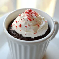 To make a Chocolate Peppermint Mug Cake, you need simple ingredients. Here is what you'll need: - 4 tablespoons all-purpose flour - 4 tablespoons granulated sugar - 2 tablespoons unsweetened cocoa powder - 1/8 teaspoon baking powder - 1/8 teaspoon salt - 3 tablespoons milk - 2 tablespoons vegetable oil - 1/4 teaspoon peppermint extract - 1 tablespoon mini chocolate chips (optional) - Whipped cream and crushed candy canes for topping Each ingredient plays an important role. The flour gives the cake structure. Sugar adds sweetness. Cocoa powder brings rich chocolate flavor. Baking powder helps the cake rise. Salt balances the sweetness. Milk and oil keep the cake moist. Peppermint extract adds that festive touch. Chocolate chips give extra joy in every bite. Feel free to adjust the ingredients to your taste. You can skip the chocolate chips if you want a lighter cake. The toppings are a fun way to make it festive! Whipped cream adds creaminess, and crushed candy canes bring a nice crunch. Enjoy gathering these ingredients and let&rsquo;s get ready to bake! {{ingredient_image_2}} Start by taking a microwave-safe mug. Add 4 tablespoons of all-purpose flour, 4 tablespoons of granulated sugar, 2 tablespoons of unsweetened cocoa powder, 1/8 teaspoon of baking powder, and 1/8 teaspoon of salt. Use a whisk to mix these dry ingredients well. Make sure you break up any lumps. This step is key for a smooth cake. Next, pour in 3 tablespoons of milk and 2 tablespoons of vegetable oil. Use a fork or whisk to mix until the batter is smooth. Keep mixing until no lumps remain. This creates a rich and creamy texture. Now, add 1/4 teaspoon of peppermint extract and, if you like, 1 tablespoon of mini chocolate chips. Stir well to combine these flavors. Place your mug in the microwave and cook on high for 1 minute and 30 seconds. After this time, check if the cake is done. It should be set in the center. If it still looks wet, microwave it in 10-second intervals until it is fully cooked. Once cooked, carefully take the mug out (it will be hot!). Let the cake cool for about a minute. Top it with whipped cream and a sprinkle of crushed candy canes for a festive finish. Enjoy your warm and tasty treat! To get a great texture, avoid overmixing the batter. Mix just until the dry and wet ingredients blend. Too much mixing can make your cake tough. You want it light and fluffy. Timing is key for cooking. Start with 1 minute and 30 seconds in the microwave. Check if the cake is set in the center. If it looks wet, add 10 more seconds. Keep checking until it&rsquo;s done. Each microwave can cook differently, so watch closely. For extra peppermint flavor, add a bit more peppermint extract. Just a drop or two can boost the taste. If you want a stronger kick, try a sprinkle of crushed candy canes in the batter. You can also swap ingredients for your diet. For a gluten-free version, use a gluten-free flour blend. For vegan needs, try almond milk and a plant-based oil. These swaps still keep the cake delicious and festive. Pro Tips Use Room Temperature Ingredients: Ensuring your milk and oil are at room temperature will help the batter mix more smoothly, resulting in a fluffier mug cake. Microwave Power Varies: Keep in mind that microwaves vary in power. Start with 1 minute and 30 seconds, then check for doneness, adding time in small increments if necessary. Experiment with Toppings: Feel free to get creative with toppings! Besides whipped cream and crushed candy canes, consider adding chocolate syrup, sprinkles, or even a scoop of ice cream. Perfect for Customizing: This mug cake recipe is versatile; try adding different extracts or spices, like vanilla or cinnamon, to give it a personal twist! {{image_4}} To make your Chocolate Peppermint Mug Cake even more fun, try adding different flavors. You can use vanilla or almond extracts instead of peppermint. Just swap the same amount of extract. These flavors can change the taste while still keeping it delicious. You can also boost the texture and taste by mixing in nuts or different types of chocolate. Chopped walnuts or pecans can add crunch. You might also try milk, dark, or white chocolate chips for a twist. This way, you can create your own unique cake! If you want to make this cake gluten-free, simply replace the all-purpose flour with a 1:1 gluten-free flour mix. This keeps the texture light and soft. Be sure to check the labels for any hidden gluten in your other ingredients. For a vegan option, you can swap regular milk for almond or soy milk. Use a plant-based oil, like coconut oil, instead of vegetable oil. Lastly, choose a vegan peppermint extract and skip the whipped cream or use a non-dairy alternative. These changes help everyone enjoy this festive treat! To store leftover mug cake, let it cool down first. Then, cover the mug with plastic wrap or a plate. This keeps it fresh. You can also transfer the cake to an airtight container. Store it in the fridge if you plan to eat it later. For reheating, place the mug cake in the microwave. Heat it in short bursts of 10 seconds. Check after each burst to see if it's warm enough. This way, it stays moist. The mug cake stays good for about 2 to 3 days in the fridge. If you see any signs of mold or off-smells, it's best to throw it away. Also, if the cake feels dry or hard, it has gone bad. Enjoy your festive treat while it&rsquo;s fresh! Yes, you can bake the mug cake in an oven. Preheat your oven to 350&deg;F (175&deg;C). Use an oven-safe mug or a small ramekin. After mixing your ingredients, pour the batter into the mug. Place it on a baking sheet. Bake for about 15 to 18 minutes. Check if the center is set before removing it from the oven. Enjoy your festive treat! To serve more people, simply multiply the recipe. Each mug cake serves one, so for two people, use double the ingredients. For three, use triple. Mix each batch in separate mugs for even baking. If you want to bake all at once, use a larger dish. Just keep an eye on cooking time, as it may change. If you lack peppermint extract, you can try other flavors. Use vanilla extract for a sweet touch. Almond extract adds a nice nutty flavor. If you prefer spice, add a dash of cinnamon or nutmeg. Use the same amount, about 1/4 teaspoon, for each alternative. Experiment and find your favorite flavor twist! You now have a simple mug cake recipe with all the necessary ingredients and steps. Remember, mix your dry and wet parts well for the best results. Don't forget to explore different flavors and dietary options to make it your own. Store leftovers carefully and keep an eye on their shelf life. This cake is quick, easy, and fun to customize. Enjoy your delicious treat and the joy of making it!