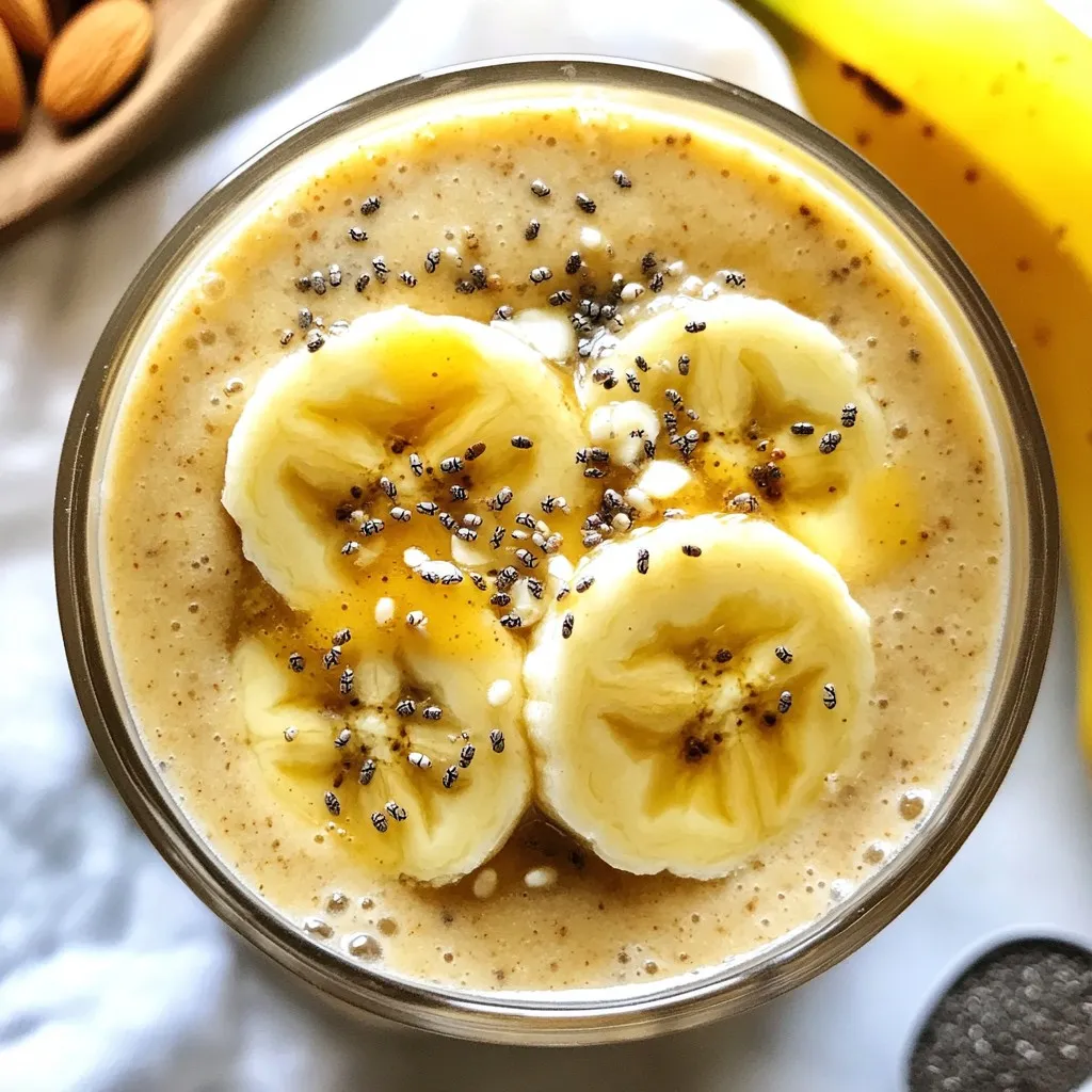 To make this tasty Almond Butter Banana Smoothie, you will need: - 2 ripe bananas, sliced - 1 cup almond milk (or your choice of plant-based milk) - 2 tablespoons almond butter - 1 tablespoon honey or maple syrup (optional, for enhanced sweetness) - 1 tablespoon chia seeds - 1/2 teaspoon pure vanilla extract - Ice cubes (optional) You can customize this smoothie with fun add-ins. Try: - A handful of spinach for extra greens - A scoop of protein powder for a boost - Some berries for a fruity twist - A sprinkle of cinnamon for warmth This smoothie isn't just delicious; it's good for you too! Here’s why: - Bananas provide potassium and fiber. They help boost your energy. - Almond milk is low in calories and rich in vitamin E. It’s great for your skin. - Almond butter gives healthy fats and protein. It helps keep you full. - Chia seeds are packed with omega-3s and fiber. They help digestion and heart health. - Honey or maple syrup adds sweetness and antioxidants, but use sparingly. - Vanilla extract enhances flavor without adding calories. This smoothie brings together taste and health in one glass! {{ingredient_image_2}} 1. Start by slicing two ripe bananas. Make sure they are sweet and soft. 2. Put the banana slices into your blender. This will be the base of your smoothie. 3. Next, add one cup of almond milk. You can use any plant-based milk you like. 4. Spoon in two tablespoons of almond butter. This gives your smoothie a rich taste. 5. If you want more sweetness, add one tablespoon of honey or maple syrup. 6. Then, include one tablespoon of chia seeds. These tiny seeds pack a lot of nutrition! 7. Don't forget half a teaspoon of pure vanilla extract for extra flavor. 8. If you like your smoothie cold, toss in some ice cubes now. 1. Close the blender lid tightly to avoid spills. 2. Blend everything on high speed until smooth. This should take about 30 seconds. 3. Stop and check for any banana chunks. If you find any, blend for a few more seconds. 4. Taste your smoothie. If it’s not sweet enough, add a bit more honey or syrup. 5. Blend again briefly to mix in any extra sweetener. 1. Honey and maple syrup are great choices for sweetening. 2. You can skip sweeteners if your bananas are very ripe. They add natural sweetness. 3. For a different flavor, try agave nectar or stevia. 4. Experiment with sweeteners to find what you like best! To get the right smoothie texture, use ripe bananas. They blend smoothly and add natural sweetness. Make sure to add enough almond milk. Start with one cup and adjust as needed. If your smoothie is too thick, add more almond milk. If it’s too thin, add a bit more banana or almond butter. Blending on high speed helps create a silky finish. Fresh ingredients make a big difference in flavor. Choose ripe bananas with a few brown spots. This means they are sweet and easier to blend. Use fresh almond butter, which has a rich taste. Check the expiration dates on your almond milk, honey, and chia seeds. Fresh ingredients lead to the tastiest smoothies. You can prepare your smoothie in advance. Just blend all the ingredients and store it in the fridge. Use a sealed jar or container to keep it fresh. The smoothie is best when consumed within 24 hours. If you want a quick breakfast, you can freeze portions. Just blend again after thawing to restore the texture. Pro Tips Use Frozen Bananas: For an extra creamy texture, freeze your bananas ahead of time. This will also eliminate the need for ice cubes! Experiment with Nut Butters: While almond butter is delicious, try swapping it for peanut butter or cashew butter for a different flavor profile. Add Spinach for Extra Nutrients: Toss in a handful of fresh spinach to boost the nutritional value without altering the taste significantly. Customize Your Sweetness: Adjust the sweetness to your preference by starting with less honey or maple syrup and adding more as needed. {{image_4}} You can boost your almond butter banana smoothie with more fruits. Berries like strawberries or blueberries add a sweet touch. They also bring color and extra vitamins. Spinach is another great choice. It adds nutrients without changing the flavor much. Just a handful will do! You can mix and match to find your favorite blend. While almond milk is tasty, you can try other milk types. Oat milk offers a creamy texture that enhances the smoothie. Coconut milk gives a tropical twist and adds richness. Soy milk is another option, full of protein. Choose what you like best or what you have at home! Want to change the flavor? Add a spoonful of cocoa powder for a chocolatey treat. It pairs well with bananas and almond butter. You can also mix in protein powder for an energy boost. This makes the smoothie great for breakfast or after a workout. Don't be afraid to get creative and find your perfect flavor! If you have leftover smoothie, pour it into a glass jar or a bottle. Seal it tightly with a lid. Store it in the fridge. It will stay fresh for up to 24 hours. If you want to save it longer, consider freezing it. Pour it into ice cube trays or silicone molds for easy portions. The best containers are glass jars or BPA-free plastic bottles. These keep the smoothie fresh and prevent spills. Look for containers with tight-fitting lids. This helps keep air out and flavor in. If you plan to freeze, use freezer-safe containers. Silicone bags also work well for freezing smoothie portions. Bananas are best used when ripe. They last about 2-7 days in the kitchen. Almond milk lasts longer, usually 7-10 days after opening. Almond butter can last for months if stored correctly. Keep it in a cool, dark place. Chia seeds can last up to two years if sealed and stored in a dry place. Always check for signs of spoilage before using any ingredients. Yes, you can use frozen bananas! Frozen bananas make your smoothie cold and thick. They also keep the flavor sweet. If you have ripe bananas, peel and slice them. Then, freeze them in a bag. This way, you always have bananas ready for smoothies! Almond butter is very healthy! It is high in protein and healthy fats. These fats help keep your heart strong. Almond butter also has vitamins and minerals like vitamin E and magnesium. Just be mindful of the portion size, as it is calorie-dense. You have many choices! You can use oat milk, soy milk, or coconut milk. Each milk adds its own flavor. If you prefer a nut-free option, try rice milk or hemp milk. Just pick what you like best! To thicken your smoothie, add more frozen fruit or ice cubes. You can also use less liquid. If you want a creamy texture, try adding Greek yogurt. Chia seeds are great too; they soak up the liquid and expand. You now have all the tools to create great smoothies. We covered ingredients, preparation, tips, and variations. Don’t forget the storage info to keep your smoothies fresh. Use the knowledge from this post to mix and match flavors and find what you love. Enjoy balancing taste and nutrition in each sip. Smoothies can be fun and healthy—so experiment and make them your own!