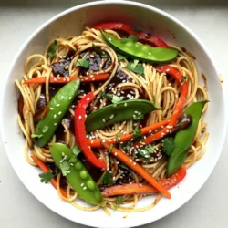 - 8 oz. whole wheat spaghetti or your preferred noodles - 1 red or yellow bell pepper, thinly sliced - 1 cup snap peas, ends trimmed - 1 medium carrot, julienned - 3 green onions, sliced (white and green parts separated) - 2 cloves garlic, minced - 1 teaspoon fresh ginger, finely grated - 3 tablespoons low-sodium soy sauce - 2 tablespoons sriracha sauce (adjust according to spice preference) - 1 tablespoon rice vinegar - 2 tablespoons sesame oil - 1 tablespoon sesame seeds for garnish - Fresh cilantro or basil leaves for garnish This dish shines with its vibrant colors and fresh flavors. Whole wheat spaghetti gives a hearty base. The bell pepper, snap peas, and carrot add crunch and nutrition. Fresh garlic and ginger bring warmth and depth to the taste. The sauce combines soy sauce, sriracha, and rice vinegar. This blend gives a perfect balance of salty, spicy, and tangy. Sesame oil adds a rich finish, while sesame seeds provide a lovely crunch. For that extra touch, fresh herbs like cilantro or basil can elevate the dish beautifully. These ingredients come together to create a meal that is both easy to make and full of flavor. Enjoy preparing this delightful stir fry with fresh, wholesome ingredients! {{ingredient_image_2}} 1. Fill a large pot with water and add salt. 2. Bring the water to a boil over high heat. 3. Add 8 oz. of whole wheat spaghetti or your favorite noodles. 4. Cook the noodles until they are al dente, as the package suggests. 5. Drain the noodles in a colander. 6. Rinse them under cold water to stop cooking. 7. Set the rinsed noodles aside for later use. 1. In a small bowl, add 3 tablespoons of low-sodium soy sauce. 2. Next, pour in 2 tablespoons of sriracha sauce. 3. Add 1 tablespoon of rice vinegar and 1 teaspoon of freshly grated ginger. 4. Whisk these ingredients together until well combined. 5. Set this sauce aside for later. 1. Take a large skillet or wok and heat 2 tablespoons of sesame oil over medium-high heat. 2. Once hot, add 2 cloves of minced garlic. 3. Saut&eacute; the garlic for about 30 seconds until fragrant. 4. Add 1 thinly sliced bell pepper, 1 cup of snap peas, and 1 julienned carrot. 5. Stir-fry these vegetables for about 3-4 minutes until they are tender but still crisp. 1. Now, add the cooked noodles to the skillet with the saut&eacute;ed vegetables. 2. Pour the prepared sauce over the noodles. 3. Toss everything together gently to coat the noodles evenly. 4. Heat through for about 2-3 minutes until everything is warm. 1. Stir in the sliced green tops of 3 green onions. 2. Saut&eacute; for an additional minute. 3. Taste the stir-fry and adjust the seasoning if needed. 4. Serve the stir-fry in deep bowls. 5. Garnish with sesame seeds and fresh cilantro or basil leaves. To prevent noodles from sticking, rinse them in cold water after cooking. This step cools the noodles and stops the cooking process. When you stir-fry, make sure to add enough oil to the pan. This helps the noodles move freely without clumping together. For evenly cooking vegetables, cut them into similar sizes. Thin slices of bell pepper and snap peas cook quickly. Carrots take longer, so julienne them thinly. Stir-frying over high heat helps keep the veggies crisp and bright. You can add more spices to boost the flavor. Try adding red pepper flakes for extra heat. A splash of lime juice gives a zesty kick. If you like, mix in some peanut butter for a creamy twist. Adjust the spice level by controlling the sriracha. Start with less if you&rsquo;re unsure. You can always add more later. Taste as you go, and find your perfect balance. Serve the noodles in deep bowls to make them look inviting. You can also layer the dish with veggies on top for a colorful effect. Use bright garnishes like cilantro or basil for visual appeal. Garnishes are key to a great presentation. They add color and texture. A sprinkle of sesame seeds on top gives a nice crunch. If you want, offer extra sriracha on the side for those who like it hot! Pro Tips Cook Noodles Al Dente: To ensure the best texture, cook the noodles until they are al dente. This helps them maintain a slight bite and prevents them from becoming mushy when stir-fried. Prep Ingredients Ahead: Have all your vegetables sliced and sauces mixed before starting to cook. Stir-frying is a quick process, and being prepared will help everything come together seamlessly. Customize the Spice Level: Adjust the amount of sriracha according to your heat preference. You can also experiment with other spicy sauces or add fresh chili for an extra kick. Garnish Generously: Don&rsquo;t skimp on garnishes! Fresh herbs and sesame seeds not only enhance the dish's flavor but also add visual appeal, making it more inviting to eat. {{image_4}} You can easily add protein to your spicy sesame noodle stir fry. Chicken is a great choice. Just cut it into thin strips. Cook it in the sesame oil before adding the veggies. Tofu works well too. Use firm tofu and cube it. Saut&eacute; until golden brown. Shrimp is another tasty option. Cook the shrimp until they turn pink. Each protein choice adds flavor and makes the dish more filling. Feel free to swap the vegetables based on what you have. Broccoli or bok choy can add great crunch. You can use zucchini instead of carrots. If you want something different, try mushrooms. They add a nice umami flavor. Seasonal veggies like asparagus or green beans can be great too. Get creative with what you find! Not a fan of whole wheat spaghetti? You can use rice noodles for a lighter dish. They cook quickly and absorb flavors well. If you need a gluten-free option, try zucchini noodles or rice noodles. Both are healthy and fun options. Each noodle type gives a unique taste and texture, so choose what you like best! After you enjoy your spicy sesame noodle stir fry, let it cool down. Once cool, place it in a container with a tight lid. Glass or plastic containers work well. Make sure to use a container that fits the amount you have left. This keeps the flavor fresh and tasty. To reheat, use the stove or microwave. If using the stove, add a splash of water or broth in a pan. Heat on medium until warm. Stir often to keep it from sticking. When using the microwave, cover the bowl with a lid or a microwave-safe wrap. Heat in short bursts, stirring in between to warm evenly. You can keep the stir fry in the fridge for up to three days. If you want to store it longer, you can freeze it. It stays good in the freezer for about three months. When you are ready to eat, thaw it overnight in the fridge before reheating. Yes, you can! Prepare the vegetables and sauce in advance. Chop the bell pepper, snap peas, and carrot a day before. Store them in airtight containers in the fridge. You can also mix the sauce and keep it ready. Cook the noodles fresh before serving for the best taste. Absolutely! This stir fry is perfect for meal prep. It stores well in the fridge for up to four days. Portion it into containers for easy grab-and-go meals. Reheat it in the microwave or on the stove. You save time and enjoy a tasty meal all week. To tone down the heat, reduce the sriracha sauce. Start with one tablespoon instead of two. You can also add a bit of honey or sugar to balance the heat. Adding more vegetables like carrots can help, too. Adjust to your taste to find the right balance. Yes, you have many options! Rice noodles, egg noodles, or even zucchini noodles work well. Each type brings a different texture. For example, rice noodles are soft and chewy, while whole wheat spaghetti adds a nutty taste. Choose what you love best for a fun twist! This blog post covers making a tasty stir fry with whole wheat noodles and fresh veggies. We looked at key ingredients, sauce components, step-by-step cooking, and helpful tips. Remember, you can easily adjust flavors, add proteins, or change the noodles. This dish is perfect for meal prep and will keep well in the fridge. Embrace your creativity in the kitchen. Enjoy every bite of your stir fry masterpiece!