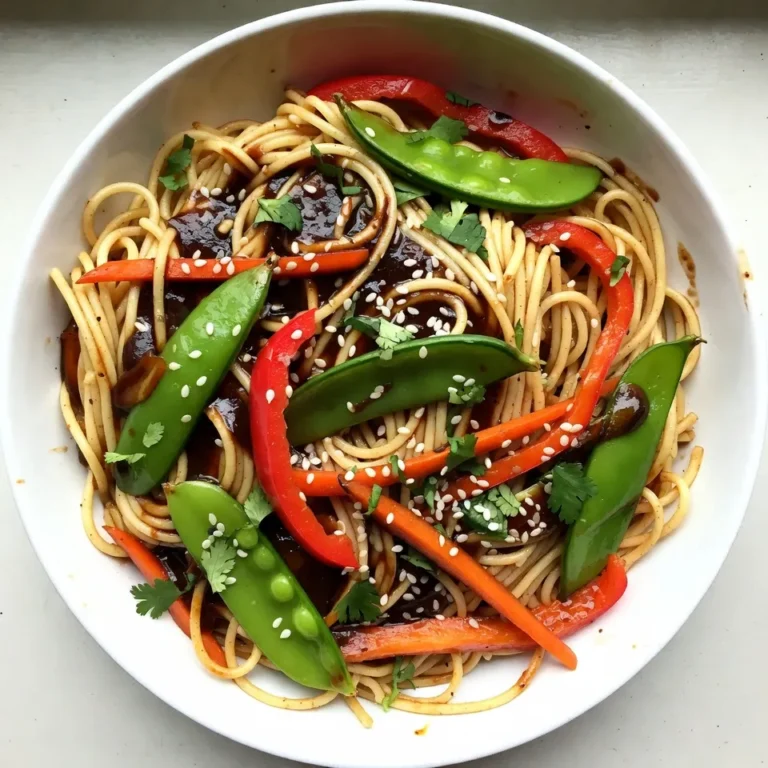 - 8 oz. whole wheat spaghetti or your preferred noodles - 1 red or yellow bell pepper, thinly sliced - 1 cup snap peas, ends trimmed - 1 medium carrot, julienned - 3 green onions, sliced (white and green parts separated) - 2 cloves garlic, minced - 1 teaspoon fresh ginger, finely grated - 3 tablespoons low-sodium soy sauce - 2 tablespoons sriracha sauce (adjust according to spice preference) - 1 tablespoon rice vinegar - 2 tablespoons sesame oil - 1 tablespoon sesame seeds for garnish - Fresh cilantro or basil leaves for garnish This dish shines with its vibrant colors and fresh flavors. Whole wheat spaghetti gives a hearty base. The bell pepper, snap peas, and carrot add crunch and nutrition. Fresh garlic and ginger bring warmth and depth to the taste. The sauce combines soy sauce, sriracha, and rice vinegar. This blend gives a perfect balance of salty, spicy, and tangy. Sesame oil adds a rich finish, while sesame seeds provide a lovely crunch. For that extra touch, fresh herbs like cilantro or basil can elevate the dish beautifully. These ingredients come together to create a meal that is both easy to make and full of flavor. Enjoy preparing this delightful stir fry with fresh, wholesome ingredients! {{ingredient_image_2}} 1. Fill a large pot with water and add salt. 2. Bring the water to a boil over high heat. 3. Add 8 oz. of whole wheat spaghetti or your favorite noodles. 4. Cook the noodles until they are al dente, as the package suggests. 5. Drain the noodles in a colander. 6. Rinse them under cold water to stop cooking. 7. Set the rinsed noodles aside for later use. 1. In a small bowl, add 3 tablespoons of low-sodium soy sauce. 2. Next, pour in 2 tablespoons of sriracha sauce. 3. Add 1 tablespoon of rice vinegar and 1 teaspoon of freshly grated ginger. 4. Whisk these ingredients together until well combined. 5. Set this sauce aside for later. 1. Take a large skillet or wok and heat 2 tablespoons of sesame oil over medium-high heat. 2. Once hot, add 2 cloves of minced garlic. 3. Sauté the garlic for about 30 seconds until fragrant. 4. Add 1 thinly sliced bell pepper, 1 cup of snap peas, and 1 julienned carrot. 5. Stir-fry these vegetables for about 3-4 minutes until they are tender but still crisp. 1. Now, add the cooked noodles to the skillet with the sautéed vegetables. 2. Pour the prepared sauce over the noodles. 3. Toss everything together gently to coat the noodles evenly. 4. Heat through for about 2-3 minutes until everything is warm. 1. Stir in the sliced green tops of 3 green onions. 2. Sauté for an additional minute. 3. Taste the stir-fry and adjust the seasoning if needed. 4. Serve the stir-fry in deep bowls. 5. Garnish with sesame seeds and fresh cilantro or basil leaves. To prevent noodles from sticking, rinse them in cold water after cooking. This step cools the noodles and stops the cooking process. When you stir-fry, make sure to add enough oil to the pan. This helps the noodles move freely without clumping together. For evenly cooking vegetables, cut them into similar sizes. Thin slices of bell pepper and snap peas cook quickly. Carrots take longer, so julienne them thinly. Stir-frying over high heat helps keep the veggies crisp and bright. You can add more spices to boost the flavor. Try adding red pepper flakes for extra heat. A splash of lime juice gives a zesty kick. If you like, mix in some peanut butter for a creamy twist. Adjust the spice level by controlling the sriracha. Start with less if you’re unsure. You can always add more later. Taste as you go, and find your perfect balance. Serve the noodles in deep bowls to make them look inviting. You can also layer the dish with veggies on top for a colorful effect. Use bright garnishes like cilantro or basil for visual appeal. Garnishes are key to a great presentation. They add color and texture. A sprinkle of sesame seeds on top gives a nice crunch. If you want, offer extra sriracha on the side for those who like it hot! Pro Tips Cook Noodles Al Dente: To ensure the best texture, cook the noodles until they are al dente. This helps them maintain a slight bite and prevents them from becoming mushy when stir-fried. Prep Ingredients Ahead: Have all your vegetables sliced and sauces mixed before starting to cook. Stir-frying is a quick process, and being prepared will help everything come together seamlessly. Customize the Spice Level: Adjust the amount of sriracha according to your heat preference. You can also experiment with other spicy sauces or add fresh chili for an extra kick. Garnish Generously: Don’t skimp on garnishes! Fresh herbs and sesame seeds not only enhance the dish's flavor but also add visual appeal, making it more inviting to eat. {{image_4}} You can easily add protein to your spicy sesame noodle stir fry. Chicken is a great choice. Just cut it into thin strips. Cook it in the sesame oil before adding the veggies. Tofu works well too. Use firm tofu and cube it. Sauté until golden brown. Shrimp is another tasty option. Cook the shrimp until they turn pink. Each protein choice adds flavor and makes the dish more filling. Feel free to swap the vegetables based on what you have. Broccoli or bok choy can add great crunch. You can use zucchini instead of carrots. If you want something different, try mushrooms. They add a nice umami flavor. Seasonal veggies like asparagus or green beans can be great too. Get creative with what you find! Not a fan of whole wheat spaghetti? You can use rice noodles for a lighter dish. They cook quickly and absorb flavors well. If you need a gluten-free option, try zucchini noodles or rice noodles. Both are healthy and fun options. Each noodle type gives a unique taste and texture, so choose what you like best! After you enjoy your spicy sesame noodle stir fry, let it cool down. Once cool, place it in a container with a tight lid. Glass or plastic containers work well. Make sure to use a container that fits the amount you have left. This keeps the flavor fresh and tasty. To reheat, use the stove or microwave. If using the stove, add a splash of water or broth in a pan. Heat on medium until warm. Stir often to keep it from sticking. When using the microwave, cover the bowl with a lid or a microwave-safe wrap. Heat in short bursts, stirring in between to warm evenly. You can keep the stir fry in the fridge for up to three days. If you want to store it longer, you can freeze it. It stays good in the freezer for about three months. When you are ready to eat, thaw it overnight in the fridge before reheating. Yes, you can! Prepare the vegetables and sauce in advance. Chop the bell pepper, snap peas, and carrot a day before. Store them in airtight containers in the fridge. You can also mix the sauce and keep it ready. Cook the noodles fresh before serving for the best taste. Absolutely! This stir fry is perfect for meal prep. It stores well in the fridge for up to four days. Portion it into containers for easy grab-and-go meals. Reheat it in the microwave or on the stove. You save time and enjoy a tasty meal all week. To tone down the heat, reduce the sriracha sauce. Start with one tablespoon instead of two. You can also add a bit of honey or sugar to balance the heat. Adding more vegetables like carrots can help, too. Adjust to your taste to find the right balance. Yes, you have many options! Rice noodles, egg noodles, or even zucchini noodles work well. Each type brings a different texture. For example, rice noodles are soft and chewy, while whole wheat spaghetti adds a nutty taste. Choose what you love best for a fun twist! This blog post covers making a tasty stir fry with whole wheat noodles and fresh veggies. We looked at key ingredients, sauce components, step-by-step cooking, and helpful tips. Remember, you can easily adjust flavors, add proteins, or change the noodles. This dish is perfect for meal prep and will keep well in the fridge. Embrace your creativity in the kitchen. Enjoy every bite of your stir fry masterpiece!