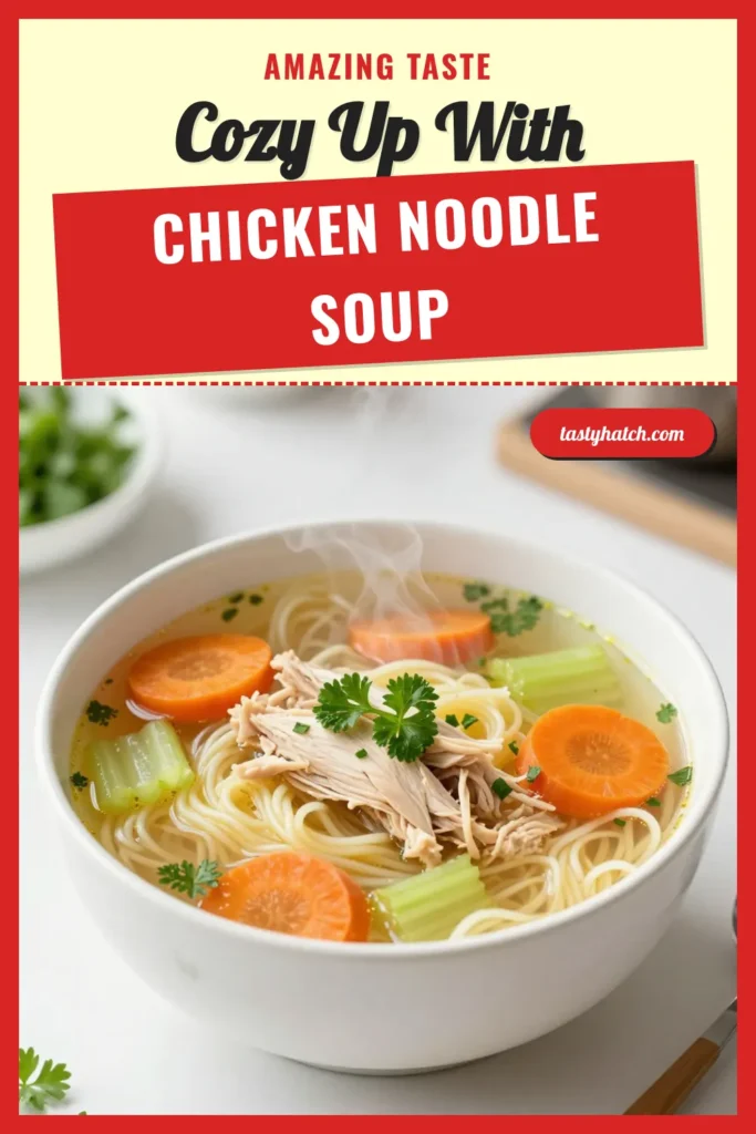 Looking for the perfect comforting chicken soup? Try this easy chicken noodle soup recipe featuring tender rotisserie chicken and vibrant vegetables. This homemade chicken noodle soup is a wholesome dish that warms both body and soul. In just 35 minutes, you&rsquo;ll have a bowl of this delicious classic. Save this recipe for a rainy day and bring comfort home! #ChickenNoodleSoup #HomemadeSoup #EasyChickenSoup #ComfortFood