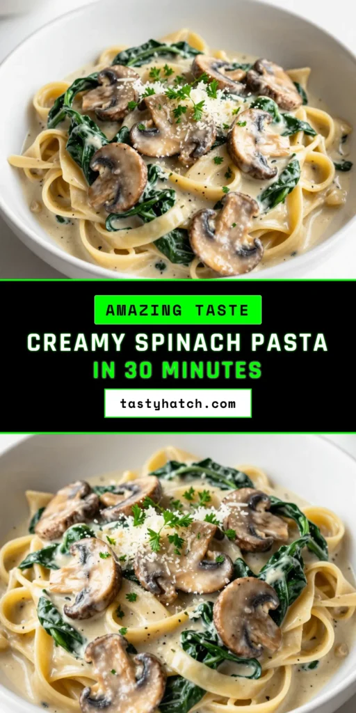 Indulge in this irresistible creamy mushroom spinach pasta, a quick and easy pasta dish perfect for vegetarian lovers. This fettuccine mushroom recipe features saut&eacute;ed cremini mushrooms and fresh baby spinach enveloped in a rich creamy pasta sauce with spinach and Parmesan. Elevate your weeknight dinners with this delightful recipe! Try it today and save for later! #PastaLovers #VegetarianRecipes #EasyPastaDishes #CreamyPasta