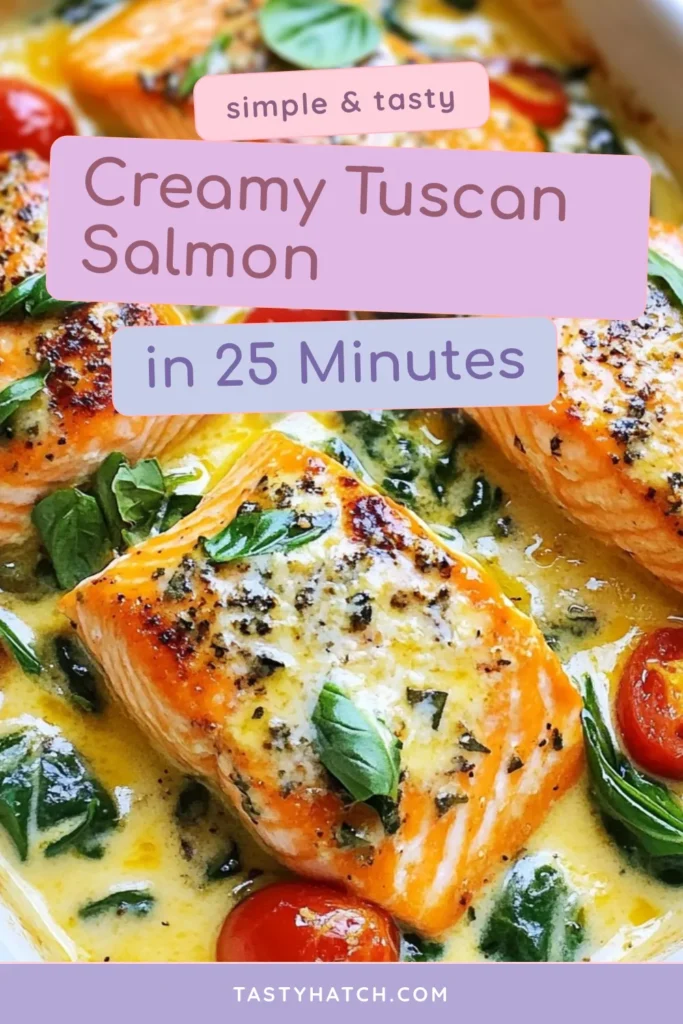Indulge in this Creamy Garlic Tuscan Salmon, a delicious salmon fillet recipe that combines rich garlic cream sauce with vibrant veggies for a one-pan creamy salmon dinner. Perfect for busy weeknights, this easy Tuscan salmon recipe is ready in just 25 minutes! Impress your family and friends with this flavorful dish that's both satisfying and simple. Click for the full recipe and get cooking tonight! #CreamyGarlicTuscanSalmon #EasyDinner #OnePanRecipes #SalmonLovers