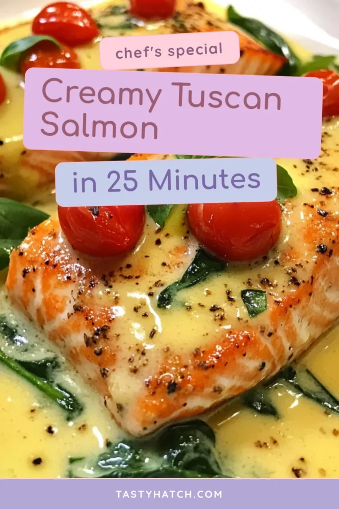 Dive into this creamy garlic salmon recipe that promises to elevate your weeknight dinners! This Tuscan salmon dinner is packed with flavor from garlic cream sauce, fresh spinach, and juicy tomatoes, making it one of the best easy salmon recipes. In just 25 minutes, you can whip up a healthy salmon dish the whole family will love. Save this recipe and enjoy a delicious meal tonight! #CreamyGarlicSalmon #TuscanSalmonDinner #EasySalmonRecipes #HealthySalmonDishes