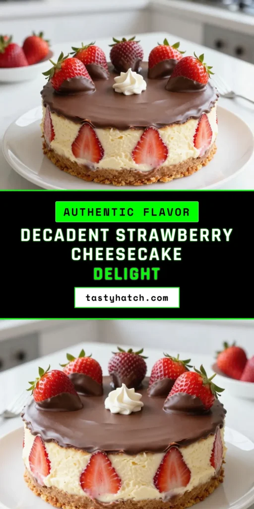 Indulge in the ultimate dessert with this Chocolate Covered Strawberry Cheesecake! This strawberry cheesecake recipe is a creamy cheesecake dessert that&rsquo;s perfect for any occasion. Made with a delicious no-bake chocolate cheesecake filling and topped with fresh chocolate-covered strawberries, it&rsquo;s one of the best chocolate dessert recipes you&rsquo;ll ever try. Click for full recipe and tips! #ChocolateCoveredStrawberryCheesecake #DessertRecipes #CheesecakeLovers #ChocolateDesserts