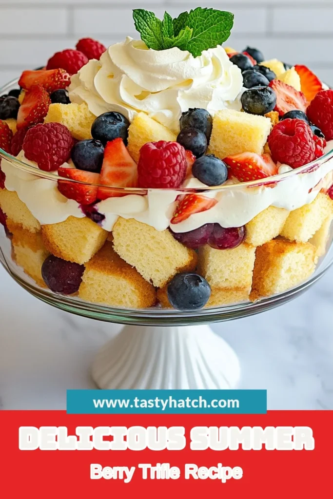 Indulge in a delightful summer berry trifle, the perfect no-bake dessert for warm days! This easy summer dessert combines layers of sponge cake, creamy vanilla custard, fresh berries, and whipped cream for a refreshing treat. Ideal for gatherings, this custard trifle will be the star of your table. Try this simple fresh berry recipe today and impress your guests! Save this recipe for your next summer celebration! #SummerBerryTrifle #NoBakeDessert #EasySummerDesserts #FreshBerryRecipes