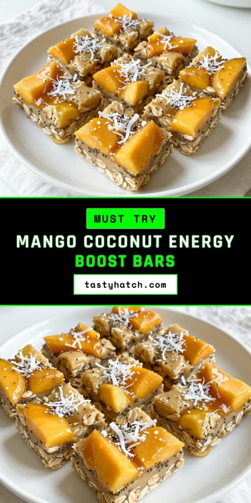Looking for a delicious and nutritious treat? Try these Mango Coconut Energy Bars! This no-bake energy bar recipe features a delightful blend of dried mango, shredded coconut, and rolled oats for a tasty healthy snack. Perfect for busy days, this vegan energy bar recipe is easy to make at home. Whip up a batch of homemade energy bars today and enjoy the boost! Save this recipe now! #MangoCoconutEnergyBars #HealthySnackRecipes #NoBakeEnergyBars #VeganEnergyBarRecipe