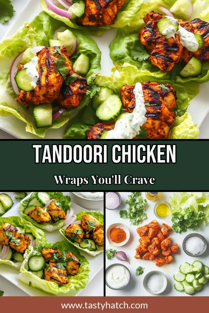 Looking for a delicious and healthy meal? Try these Tandoori Chicken Wraps! This lettuce wraps recipe features grilled chicken marinated in aromatic spices for a burst of flavor. Pair it with a refreshing mint yogurt sauce for the perfect finishing touch. These healthy chicken lettuce wraps are a great option for lunch or dinner. Click to save this easy recipe and elevate your mealtime today! #TandooriChickenWraps #LettuceWrapsRecipe #GrilledChickenLettuceWraps #MintYogurtSauce