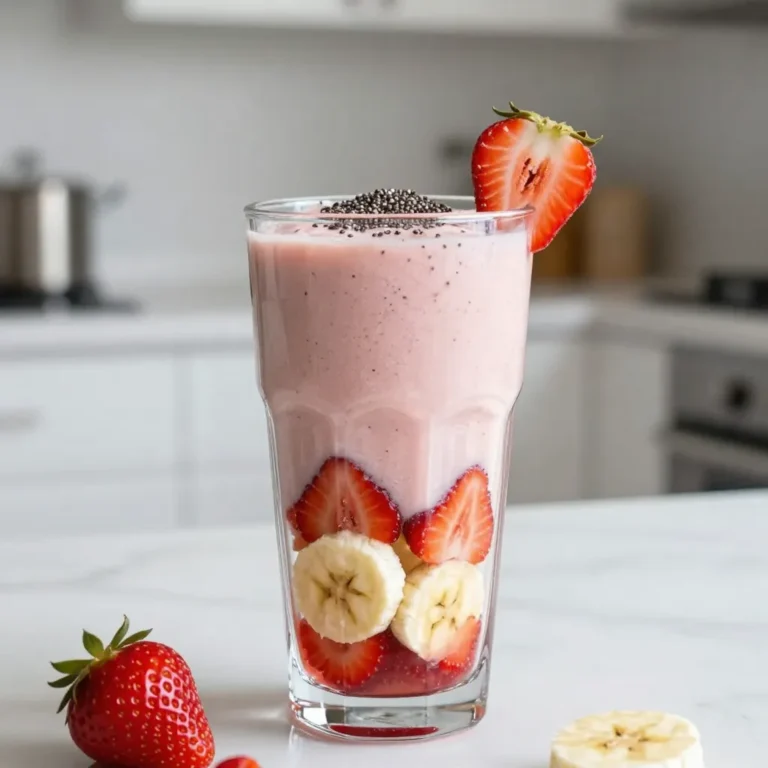 For a delicious strawberry banana smoothie, gather these ingredients: - 1 cup fresh strawberries, hulled and halved - 1 ripe banana, sliced - 1/2 cup Greek yogurt (plain or vanilla) - 1 cup almond milk (or your favorite milk) - 1 tablespoon honey or maple syrup (optional) - 1 tablespoon chia seeds - A handful of ice cubes I love using fresh strawberries for a sweet burst of flavor. Look for bright red strawberries. They should smell sweet. For bananas, choose ones that are ripe but not brown. I prefer plain Greek yogurt for its creamy texture. Chia seeds can be any brand; they add healthy fiber. For milk, unsweetened almond milk works well, but use any milk you enjoy. This smoothie packs a healthy punch! Strawberries are rich in vitamin C and antioxidants. They help boost your immune system. Bananas provide potassium, which is good for your heart. Greek yogurt adds protein for energy and helps you feel full longer. Chia seeds are high in fiber and omega-3 fatty acids. They aid digestion and support heart health. Almond milk is low in calories, making it a great choice for your smoothie. Enjoy this tasty, nutrient-rich drink! {{ingredient_image_2}} 1. Start by placing 1 cup of fresh strawberries in the blender. Make sure to hull and halve them first. This will give the smoothie its fresh, fruity taste. 2. Next, add 1 ripe banana. Slice it up so it blends easily. The banana adds creaminess to your drink. 3. Scoop in 1/2 cup of Greek yogurt. You can use plain or vanilla. This makes the smoothie thick and rich. 4. Pour in 1 cup of almond milk. You can use any milk you like. This helps everything mix smoothly. 5. If you want it sweeter, add 1 tablespoon of honey or maple syrup. This is optional, but it makes a big difference. 6. Toss in 1 tablespoon of chia seeds. They add a nice texture and boost your smoothie’s nutrition. 7. Finally, add a handful of ice cubes. This makes your smoothie cool and refreshing. Blend all the ingredients on high speed. Keep an eye on the texture. If it’s too thick, add a splash of milk and blend again. If there are chunks, stop the blender and scrape the sides down. Blend again until you get a smooth, creamy mix. After blending, taste your smoothie. If you want it sweeter, you can add more honey or syrup. Blend it again to mix well. To make your smoothie thicker, add more Greek yogurt. If you like it thinner, add more milk. Adjust until it’s just how you like it! When picking strawberries, look for bright red ones. They should feel firm and smell sweet. Avoid any with white or green spots. For bananas, choose ripe ones with a few brown spots. They should feel slightly soft when you press them. These will give your smoothie the best taste. To make your smoothie creamy, use ripe bananas and Greek yogurt. The yogurt adds thickness and richness. You can also try adding a little more almond milk if it’s too thick. Ice cubes help, too, but don’t add too many. Start with a handful and blend to see how it turns out. What if my smoothie is too thick? If your smoothie feels like a brick, add more milk. Blend until it’s smooth again. Why is my smoothie lumpy? Lumps happen if you don’t blend enough. Stop and scrape the sides, then blend more. How can I avoid a bitter taste? Make sure your fruit is ripe and sweet. If needed, add a bit more honey or syrup. Pro Tips Use Frozen Fruits: For an even creamier texture and a colder smoothie, consider using frozen strawberries and bananas instead of fresh. This also allows you to skip the ice cubes. Experiment with Yogurt: Try different flavored Greek yogurts, such as honey or berry, to add an extra layer of taste to your smoothie. Boost with Superfoods: Enhance the nutritional value by adding a scoop of protein powder, spinach, or a handful of nuts for added health benefits. Adjust Consistency: If your smoothie is too thick, simply add a bit more almond milk until you reach your desired consistency. {{image_4}} You can easily boost your smoothie by adding flavors. Spinach gives it a green twist. It blends well and adds nutrients without changing the taste. Nut butter, like almond or peanut, adds creaminess and protein. Just a spoonful can make your smoothie more filling. You can even mix in some cocoa powder for a chocolatey flavor. This makes it taste like a treat! If you want a dairy-free version, swap Greek yogurt for coconut yogurt or silken tofu. Both options keep the creamy texture. Use almond milk or oat milk instead of regular milk. For sweetness, maple syrup works well. This way, you have a tasty and vegan smoothie that everyone can enjoy. You can change the fruits based on the season. In spring, try adding fresh peaches or ripe mangoes. In fall, consider using pumpkin puree for a cozy flavor. Winter calls for frozen berries, which still taste great. These swaps keep your smoothie fun and exciting all year round! If you have leftover smoothie, store it in an airtight container. Glass jars work well. Fill it to the top to limit air exposure. This keeps your smoothie fresh for about one day in the fridge. Freezing ingredients is easy and smart. Slice your bananas and hull your strawberries first. Place them in a single layer on a baking sheet. Freeze until solid, then transfer to a freezer bag. This way, you can grab just what you need later. Smoothies are best fresh, but you can repurpose them! If your smoothie is thick, add a splash of milk or water to thin it out. Blend again until smooth. You can also pour it into bowls and top with granola for a tasty treat. The best milk for smoothies is almond milk. It adds a nice flavor without being heavy. Other great choices are coconut milk, oat milk, or regular cow's milk. Each type brings its unique taste. If you are lactose intolerant, try almond or coconut milk. If you like creaminess, go for whole milk. To make your smoothie thicker, add more banana or yogurt. You can also use less milk. Chia seeds also help thicken the mix. If your smoothie is too thick, add more milk or even water. Blend well after adding. This way, you can find your perfect texture. Yes, you can use frozen strawberries or bananas. They make your smoothie cold and thick. Just remember to adjust your milk amount. If using frozen fruit, you might need less milk to keep it smooth. This is a great way to enjoy smoothies year-round! In this blog post, I covered all the ingredients you need for a tasty smoothie. I shared the steps for making it just right, along with tips for creamy results. You learned about fun flavor changes and how to save any leftovers. Remember, using fresh fruits and the right milk can make a big difference. Try mixing in new ingredients like spinach or nut butter. Experiment to find what you love! Enjoy creating your perfect smoothie every day.