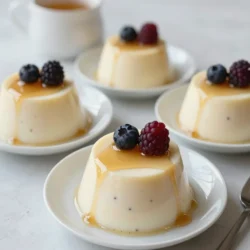 To create a delightful vanilla bean panna cotta, you will need these ingredients: - 2 cups heavy cream - 1 cup whole milk - 1/2 cup granulated sugar - 1 vanilla bean (split lengthwise and seeds scraped out) - 2 teaspoons gelatin powder - 3 tablespoons cold water - A pinch of salt Using quality ingredients makes a huge difference in your panna cotta. The heavy cream and whole milk provide a rich and smooth texture. Fresh vanilla beans add a deep, authentic flavor. You can taste the difference when you use real vanilla instead of vanilla extract. Quality sugar helps balance sweetness without overpowering the dish. Always choose the best ingredients you can find; your dessert deserves it. If you need substitutions, there are some good options. For heavy cream, you can use half-and-half for a lighter version. However, it may change the texture slightly. If you want to skip the vanilla bean, you can use 2 teaspoons of vanilla extract. Just add it to the cream mixture after you remove it from heat. For a dairy-free version, try coconut milk instead of cream and milk. This adds a nice tropical twist while keeping the texture creamy. {{ingredient_image_2}} 1. Start with the gelatin. In a small bowl, sprinkle the gelatin powder over cold water. Let it sit for 5 minutes. This step helps the gelatin bloom. 2. Next, grab a medium saucepan. Add heavy cream, whole milk, sugar, a pinch of salt, and the vanilla bean seeds. Also, add the split vanilla pod for more flavor. 3. Place the saucepan over medium heat. Stir the mixture until hot to the touch. Make sure the sugar fully dissolves. Avoid boiling the mixture. 4. After heating, take the saucepan off the heat. Add the bloomed gelatin to the mixture. Stir until it dissolves completely. 5. Remove the split vanilla pod from the mixture. This leaves only the rich vanilla flavor in your panna cotta. 6. Carefully pour the panna cotta mixture into ramekins or cups. Leave a little space at the top. 7. Let the ramekins cool at room temperature for about 30 minutes. This helps the mixture start to set. 8. Cover each ramekin with plastic wrap. Place them in the refrigerator. Chill for at least 4 hours. This allows the panna cotta to set firmly. Blooming gelatin is a key step in making panna cotta. It allows the gelatin to absorb water and swell. This process helps it dissolve easily in the warm mixture. Without blooming, gelatin may clump in your dessert. Always sprinkle gelatin over cold water and let it sit. This step is simple but vital for a smooth panna cotta. To get a creamy texture, avoid boiling the cream mixture. Heat it until hot but not boiling. Stir gently to keep air out. This helps prevent bubbles. Use high-quality gelatin for the best results. If your panna cotta feels too soft, add a bit more gelatin next time. For a firmer texture, chill longer. Enjoy the creamy delight of your homemade panna cotta! When making panna cotta, some common mistakes can lead to a less-than-perfect result. First, avoid boiling the cream mixture. Boiling can change the texture and flavor. Second, be careful with gelatin. If you add it to hot liquid too soon, it may not dissolve well. Always bloom your gelatin first. Lastly, ensure you chill the panna cotta long enough. If it's not set, your dessert will fall apart when served. To get that silky smooth texture, always strain the mixture. After combining the cream and gelatin, pour it through a fine mesh sieve. This removes any unmixed bits or bubbles. Another tip is to whisk gently but thoroughly. Avoid using a whisk too aggressively, as this can introduce air and create a foamy texture. Remember, patience is key during the chilling process. The longer it sets, the smoother it will be. When it comes to serving panna cotta, presentation matters. You can serve it in its ramekin for a rustic look. For a more elegant touch, unmold it onto a plate. Garnish with fresh berries, a drizzle of honey, or a mint sprig. These add color and freshness. You could also sprinkle some crushed nuts for added crunch. Another idea is to pair your panna cotta with a fruit coulis. This adds a burst of flavor and a beautiful contrast on the plate. Pro Tips Blooming Gelatin: Ensure the gelatin is properly bloomed by letting it sit in cold water for at least 5 minutes. This step is crucial for achieving a smooth panna cotta texture. Gentle Heating: When heating the cream mixture, avoid boiling. Boiling can alter the texture and flavor, so heat until just hot to the touch. Chill Time: Be patient with the chilling process. For best results, let the panna cotta set in the refrigerator for at least 4 hours or overnight for a firmer texture. Serving Presentation: For a beautiful presentation, consider garnishing with fresh berries or a drizzle of caramel. This adds color and enhances the flavors of your panna cotta. {{image_4}} You can change up the flavor of panna cotta easily. Some great options are coffee, chocolate, and fruit-infused varieties. To make coffee panna cotta, add brewed espresso to the cream mixture. For chocolate, melt dark chocolate into the cream as it heats. For fruit-infused panna cotta, blend your favorite fruit, like berries or mango, into the milk mixture. Strain it to remove seeds and pulp for a smooth texture. Each variation offers a unique taste that makes this dessert fun and versatile. If you want a dairy-free panna cotta, use coconut milk or almond milk instead of heavy cream and whole milk. These options provide a creamy texture that is still delightful. Make sure to select full-fat coconut milk for the best results. You can also use agave syrup or maple syrup instead of sugar for a sweet touch. This way, even those with dietary restrictions can enjoy this treat without missing out. Pair vanilla bean panna cotta with fresh fruits for a vibrant look. Berries, like strawberries and blueberries, add color and flavor. You can also serve it with a drizzle of chocolate sauce for a rich contrast. Another nice touch is a crunchy cookie, such as a biscotti, for some texture. If you want something refreshing, try a citrus salad. The bright flavors will elevate the panna cotta experience. Explore these pairings to make your dessert even more enjoyable. Store panna cotta in the fridge. Use airtight containers or cover each ramekin with plastic wrap. This keeps the panna cotta fresh and helps it maintain its creamy texture. Avoid using metal containers as they can affect the flavor. Always place them on a flat surface to prevent spills. When stored correctly, panna cotta lasts about 4 to 5 days in the fridge. If you see any signs of spoilage, like off smells or discoloration, it's best to throw it away. For the best taste and texture, enjoy it within the first few days. Panna cotta is best served cold and does not reheat well. If you must reheat it, do so gently. Place it in a microwave-safe dish and heat in short bursts, about 10 seconds at a time. Check after each burst to avoid overheating. If it loses its texture, consider blending it again to smooth it out. Panna cotta is an Italian dessert that means "cooked cream." It features a smooth, creamy texture. You make it by mixing cream, sugar, and gelatin. The mixture sets up in the fridge, creating a lovely custard-like dish. The best part? You can flavor it with vanilla, fruits, or even coffee. Yes, panna cotta is great for making ahead of time. You can prepare it up to two days in advance. Just follow the recipe and chill it in the fridge. This makes it a perfect dessert for parties or special meals. Plus, it saves you time when you have guests. To check if your panna cotta is set, gently shake the ramekin. If it wobbles slightly but holds its shape, it&rsquo;s ready. You can also poke the top with a clean finger. If it feels firm and bounces back, it&rsquo;s perfect. Remember, chilling it for at least four hours helps achieve that lovely texture. This blog post covered how to make vanilla bean panna cotta from start to finish. We discussed quality ingredients and how they impact flavor. I shared tips to avoid mistakes and ensure a perfect texture. You learned about fun variations and storage tips. Panna cotta is simple yet elegant. With a few tweaks, it can fit any diet. Enjoy your panna cotta journey and impress others with your delightful creations.