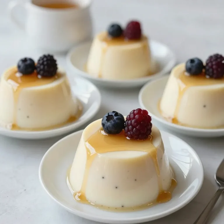 To create a delightful vanilla bean panna cotta, you will need these ingredients: - 2 cups heavy cream - 1 cup whole milk - 1/2 cup granulated sugar - 1 vanilla bean (split lengthwise and seeds scraped out) - 2 teaspoons gelatin powder - 3 tablespoons cold water - A pinch of salt Using quality ingredients makes a huge difference in your panna cotta. The heavy cream and whole milk provide a rich and smooth texture. Fresh vanilla beans add a deep, authentic flavor. You can taste the difference when you use real vanilla instead of vanilla extract. Quality sugar helps balance sweetness without overpowering the dish. Always choose the best ingredients you can find; your dessert deserves it. If you need substitutions, there are some good options. For heavy cream, you can use half-and-half for a lighter version. However, it may change the texture slightly. If you want to skip the vanilla bean, you can use 2 teaspoons of vanilla extract. Just add it to the cream mixture after you remove it from heat. For a dairy-free version, try coconut milk instead of cream and milk. This adds a nice tropical twist while keeping the texture creamy. {{ingredient_image_2}} 1. Start with the gelatin. In a small bowl, sprinkle the gelatin powder over cold water. Let it sit for 5 minutes. This step helps the gelatin bloom. 2. Next, grab a medium saucepan. Add heavy cream, whole milk, sugar, a pinch of salt, and the vanilla bean seeds. Also, add the split vanilla pod for more flavor. 3. Place the saucepan over medium heat. Stir the mixture until hot to the touch. Make sure the sugar fully dissolves. Avoid boiling the mixture. 4. After heating, take the saucepan off the heat. Add the bloomed gelatin to the mixture. Stir until it dissolves completely. 5. Remove the split vanilla pod from the mixture. This leaves only the rich vanilla flavor in your panna cotta. 6. Carefully pour the panna cotta mixture into ramekins or cups. Leave a little space at the top. 7. Let the ramekins cool at room temperature for about 30 minutes. This helps the mixture start to set. 8. Cover each ramekin with plastic wrap. Place them in the refrigerator. Chill for at least 4 hours. This allows the panna cotta to set firmly. Blooming gelatin is a key step in making panna cotta. It allows the gelatin to absorb water and swell. This process helps it dissolve easily in the warm mixture. Without blooming, gelatin may clump in your dessert. Always sprinkle gelatin over cold water and let it sit. This step is simple but vital for a smooth panna cotta. To get a creamy texture, avoid boiling the cream mixture. Heat it until hot but not boiling. Stir gently to keep air out. This helps prevent bubbles. Use high-quality gelatin for the best results. If your panna cotta feels too soft, add a bit more gelatin next time. For a firmer texture, chill longer. Enjoy the creamy delight of your homemade panna cotta! When making panna cotta, some common mistakes can lead to a less-than-perfect result. First, avoid boiling the cream mixture. Boiling can change the texture and flavor. Second, be careful with gelatin. If you add it to hot liquid too soon, it may not dissolve well. Always bloom your gelatin first. Lastly, ensure you chill the panna cotta long enough. If it's not set, your dessert will fall apart when served. To get that silky smooth texture, always strain the mixture. After combining the cream and gelatin, pour it through a fine mesh sieve. This removes any unmixed bits or bubbles. Another tip is to whisk gently but thoroughly. Avoid using a whisk too aggressively, as this can introduce air and create a foamy texture. Remember, patience is key during the chilling process. The longer it sets, the smoother it will be. When it comes to serving panna cotta, presentation matters. You can serve it in its ramekin for a rustic look. For a more elegant touch, unmold it onto a plate. Garnish with fresh berries, a drizzle of honey, or a mint sprig. These add color and freshness. You could also sprinkle some crushed nuts for added crunch. Another idea is to pair your panna cotta with a fruit coulis. This adds a burst of flavor and a beautiful contrast on the plate. Pro Tips Blooming Gelatin: Ensure the gelatin is properly bloomed by letting it sit in cold water for at least 5 minutes. This step is crucial for achieving a smooth panna cotta texture. Gentle Heating: When heating the cream mixture, avoid boiling. Boiling can alter the texture and flavor, so heat until just hot to the touch. Chill Time: Be patient with the chilling process. For best results, let the panna cotta set in the refrigerator for at least 4 hours or overnight for a firmer texture. Serving Presentation: For a beautiful presentation, consider garnishing with fresh berries or a drizzle of caramel. This adds color and enhances the flavors of your panna cotta. {{image_4}} You can change up the flavor of panna cotta easily. Some great options are coffee, chocolate, and fruit-infused varieties. To make coffee panna cotta, add brewed espresso to the cream mixture. For chocolate, melt dark chocolate into the cream as it heats. For fruit-infused panna cotta, blend your favorite fruit, like berries or mango, into the milk mixture. Strain it to remove seeds and pulp for a smooth texture. Each variation offers a unique taste that makes this dessert fun and versatile. If you want a dairy-free panna cotta, use coconut milk or almond milk instead of heavy cream and whole milk. These options provide a creamy texture that is still delightful. Make sure to select full-fat coconut milk for the best results. You can also use agave syrup or maple syrup instead of sugar for a sweet touch. This way, even those with dietary restrictions can enjoy this treat without missing out. Pair vanilla bean panna cotta with fresh fruits for a vibrant look. Berries, like strawberries and blueberries, add color and flavor. You can also serve it with a drizzle of chocolate sauce for a rich contrast. Another nice touch is a crunchy cookie, such as a biscotti, for some texture. If you want something refreshing, try a citrus salad. The bright flavors will elevate the panna cotta experience. Explore these pairings to make your dessert even more enjoyable. Store panna cotta in the fridge. Use airtight containers or cover each ramekin with plastic wrap. This keeps the panna cotta fresh and helps it maintain its creamy texture. Avoid using metal containers as they can affect the flavor. Always place them on a flat surface to prevent spills. When stored correctly, panna cotta lasts about 4 to 5 days in the fridge. If you see any signs of spoilage, like off smells or discoloration, it's best to throw it away. For the best taste and texture, enjoy it within the first few days. Panna cotta is best served cold and does not reheat well. If you must reheat it, do so gently. Place it in a microwave-safe dish and heat in short bursts, about 10 seconds at a time. Check after each burst to avoid overheating. If it loses its texture, consider blending it again to smooth it out. Panna cotta is an Italian dessert that means "cooked cream." It features a smooth, creamy texture. You make it by mixing cream, sugar, and gelatin. The mixture sets up in the fridge, creating a lovely custard-like dish. The best part? You can flavor it with vanilla, fruits, or even coffee. Yes, panna cotta is great for making ahead of time. You can prepare it up to two days in advance. Just follow the recipe and chill it in the fridge. This makes it a perfect dessert for parties or special meals. Plus, it saves you time when you have guests. To check if your panna cotta is set, gently shake the ramekin. If it wobbles slightly but holds its shape, it’s ready. You can also poke the top with a clean finger. If it feels firm and bounces back, it’s perfect. Remember, chilling it for at least four hours helps achieve that lovely texture. This blog post covered how to make vanilla bean panna cotta from start to finish. We discussed quality ingredients and how they impact flavor. I shared tips to avoid mistakes and ensure a perfect texture. You learned about fun variations and storage tips. Panna cotta is simple yet elegant. With a few tweaks, it can fit any diet. Enjoy your panna cotta journey and impress others with your delightful creations.