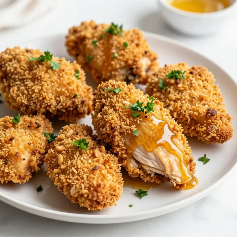 Here are the key ingredients you need for pretzel crusted chicken. Each item brings unique flavor and texture. - 2 large chicken breasts - 1 cup pretzel nuggets or sticks, crushed into fine crumbs - 1/2 cup all-purpose flour - 2 large eggs - 1 tablespoon Dijon mustard - 1 teaspoon garlic powder - 1 teaspoon paprika - 1/2 teaspoon black pepper - Salt to taste - 1 tablespoon olive oil - 1 tablespoon honey (for drizzling) - Fresh parsley, chopped (for garnish) These ingredients work together to create a crunchy and tasty dish. The pretzels add a great crunch, while the spices give it flavor. The honey drizzle at the end adds a sweet touch. You can find most of these items at your local grocery store. Choose fresh chicken and good-quality pretzels for the best taste. {{ingredient_image_2}} 1. Preheat the oven and prepare the baking sheet. Start by setting your oven to 400°F (200°C). Line a baking sheet with parchment paper or a silicone mat. This helps with easy cleanup later. 2. Tenderizing chicken breasts. Take your chicken breasts and place them between plastic wrap. Use a meat mallet to gently pound each breast. This makes them cook evenly and keeps them juicy. 3. Bread the chicken in the order of flour, egg, and pretzels. Set up three shallow dishes. In the first dish, mix flour, garlic powder, paprika, black pepper, and salt. In the second dish, whisk the eggs with Dijon mustard. In the last dish, pour in the crushed pretzel crumbs. Start by coating each chicken breast in the flour mix, then dip it in the egg mix. Finally, press it into the pretzel crumbs until fully covered. 1. Bake until internal temperature reaches 165°F. Place the breaded chicken on the baking sheet. Drizzle a little olive oil over each piece. Bake for 25-30 minutes. Use a meat thermometer to check when the chicken reaches 165°F (74°C). The coating should look golden brown and crispy. 2. Drizzle with honey before serving. Once baked, take the chicken out of the oven. Drizzle honey over the top of each piece. This adds a sweet touch that balances the salty pretzel crust. 3. Garnish with chopped parsley. Let the chicken rest for a few minutes. Then, sprinkle freshly chopped parsley on top. This not only looks nice but adds fresh flavor. To ensure even cooking, start by gently pounding each chicken breast with a meat mallet. This step helps the chicken cook uniformly. Aim for a thickness of about one inch. Bake the chicken at 400°F (200°C) for 25-30 minutes. Keep a meat thermometer handy. The chicken should reach an internal temperature of 165°F (74°C). Look for a golden brown coating. For a rustic look, serve the pretzel crusted chicken on a wooden board. Add a small dish of honey for drizzling. This adds a nice touch to the dish. Pair your chicken with a fresh side salad. A light salad balances the crunch of the chicken. Dipping sauces, like honey mustard or ranch, complement the flavors well. Pro Tips Crushing Pretzels: For the best texture, use a food processor to crush the pretzels into fine crumbs. This ensures an even coating and maximizes crunchiness. Egg Mixture Variations: Experiment with adding a splash of hot sauce or Worcestershire sauce to your egg mixture for an extra flavor kick. This adds depth to the chicken's taste. Resting Time: Allow the chicken to rest for a few minutes after baking. This helps the juices redistribute, making the chicken moist and tender when sliced. Serving Suggestions: Pair the pretzel crusted chicken with a tangy dipping sauce like honey mustard or a zesty ranch dressing to enhance the overall flavor profile. {{image_4}} You can try different pretzel types for your chicken. Think about using flavored pretzels like cheddar or spicy mustard. This adds a fun twist to your dish. If you need a gluten-free option, use crushed gluten-free pretzels. You can also use almond flour or coconut flour as a substitute for regular flour. This way, everyone can enjoy the crispy goodness. Adding spices can really boost the taste of your pretzel crusted chicken. Try using smoked paprika or cayenne pepper for a kick. Fresh herbs like thyme or rosemary also add nice flavors. If you want some sweetness, switch out the honey for maple syrup or agave nectar. Each choice makes a unique dish that you will love. To keep your Pretzel Crusted Chicken fresh, store it in an airtight container. Make sure it cools down before you seal it. If you do this right, it can last up to four days in the fridge. Keep an eye on any changes in smell or texture as well. If it looks or smells off, it's best to throw it out. To reheat the chicken and keep it crispy, use the oven. Preheat the oven to 350°F (175°C). Place the chicken on a baking sheet and heat for about 10-15 minutes. This will help restore the crunch. You can also use an air fryer for the same time and temperature for a crispier result. If you plan to keep it longer, freezing is a great option. Wrap each piece tightly in plastic wrap and place it in a freezer bag. It can stay in the freezer for up to three months. When you’re ready to eat, thaw it in the fridge overnight before reheating. To check if chicken is done, use a meat thermometer. The internal temperature should reach 165°F (74°C). If you don’t have one, cut into the thickest part of the chicken. The meat should be white, not pink. Yes, you can use pork or turkey. Both work well with pretzel crusts. Just adjust the cooking time as needed. Pork should also reach 145°F (63°C) for safety. This dish pairs great with fresh salads or vegetables. You might enjoy it with roasted potatoes or sweet potato fries. A simple honey mustard sauce also complements the chicken nicely. You can prep the chicken ahead of time. Bread the chicken and store it in the fridge for a few hours. Bake it right before serving. This keeps it fresh and crispy. This article covered how to make Pretzel Crusted Chicken. We went over the ingredients, step-by-step instructions, and storage tips. You learned about cooking methods and serving ideas. In closing, this tasty dish is simple to make and fun to enjoy. With a few tweaks, you can make it your own. Try it out tonight and delight your taste buds!