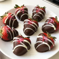 - 1 pound fresh strawberries, hulled and halved to create heart shapes - 1 cup dark chocolate chips (or your choice of milk chocolate) - 1 tablespoon coconut oil (to ensure a smooth melted chocolate) - 1/2 cup white chocolate chips (for decorative drizzling) - Pink or red sprinkles (optional, for added decoration) Using fresh strawberries makes a big difference. They should be firm and bright. Choose dark chocolate chips for a rich taste, but milk chocolate works too. Adding coconut oil helps the chocolate melt smoothly and gives a nice shine. For decoration, white chocolate chips give a great contrast. Sprinkles add color and fun. You can use pink or red for a sweet touch. These ingredients make your chocolate-covered strawberry hearts look and taste amazing! {{ingredient_image_2}} - First, wash 1 pound of fresh strawberries under cool water. This step is key to remove dirt. - Next, dry the strawberries with a paper towel. Make sure they are completely dry. - Cut each strawberry in half lengthwise. This gives you heart shapes. Place them cut side up on a parchment-lined baking sheet. - For the dark chocolate, take 1 cup of dark chocolate chips and add 1 tablespoon of coconut oil to a microwave-safe bowl. - Microwave the mixture in 30-second bursts. Stir well after each interval until the chocolate is smooth. - Now, melt 1/2 cup of white chocolate chips in a clean bowl, using the same method. - Dip each strawberry half into the melted dark chocolate. Make sure to cover it well. - Let any extra chocolate drip off before placing it back on the baking sheet. - After dipping, drizzle the melted white chocolate over the dark chocolate strawberries. Use a fork or a piping bag for a fun design. - While the white chocolate is still wet, sprinkle pink or red sprinkles on top for extra flair. - Put the baking sheet in the refrigerator. Let the chocolate set for about 30 minutes. - Once set, transfer the strawberry hearts to a lovely serving platter. Enjoy sharing these sweet treats! Coconut oil is key for smooth chocolate. It helps chocolate melt evenly. This makes your coating shine and taste great. Use one tablespoon for one cup of chocolate. To melt chocolate perfectly, use a microwave-safe bowl. Heat it in 30-second bursts. Stir well after each round until it&rsquo;s smooth. If you heat it too fast, the chocolate can burn. Get creative with your drizzle patterns! Use a fork or piping bag for fun designs. Zigzags, swirls, or dots all look great. You can also try different toppings. Crushed nuts, colorful sprinkles, or edible glitter add flair. Each choice brings a new taste and look. Water is a big no-no when melting chocolate. Even a drop can cause the chocolate to seize up. Keep all tools dry before use. Make sure strawberries are completely dry before dipping. Any water can ruin the chocolate coating. Pat them dry well with a paper towel after washing. Pro Tips Use Fresh Strawberries: Always select ripe, firm strawberries for the best flavor and texture. The sweetness of the strawberries will complement the chocolate perfectly. Experiment with Chocolate: Feel free to mix different types of chocolate! Combining dark and milk chocolate can create a deliciously unique flavor profile for your strawberry hearts. Keep Chocolate Warm: If the chocolate starts to harden while you're dipping, gently reheat it in the microwave for a few seconds, ensuring it stays smooth and easy to work with. Customize Your Decorations: Get creative with the toppings! Consider adding crushed nuts, edible glitter, or different colored sprinkles to enhance the visual appeal of your chocolate strawberries. {{image_4}} You can switch up the flavor of your chocolate-covered strawberry hearts. Try different types of chocolate. Use white chocolate for a sweet twist. Milk chocolate gives a creamy taste. Dark chocolate adds a rich flavor. You can also explore vegan chocolate for a dairy-free option. Adding flavored extracts can elevate your treat. A hint of vanilla or almond can enhance the chocolate. You might also try orange or mint extracts for a unique touch. Just a few drops can make a big difference in taste. You don't have to stick to halved strawberries. Whole strawberries work well, too. They create a bigger bite and look impressive. Just make sure they are small enough to dip easily. You can also create different shapes for special occasions. Use cookie cutters to shape fruits like bananas or apples. This adds a fun twist to your dessert table. Chocolate-covered strawberry hearts shine on Valentine's Day. They make a sweet gift for loved ones. You can package them in cute boxes for an added touch. For other festive occasions, like weddings or birthdays, use different colors. Match the sprinkles to the theme or colors of the event. This will impress your guests and make your treats stand out. To keep your chocolate-covered strawberries fresh, store them in the fridge. The cool air helps the chocolate stay firm and the strawberries juicy. Place them in an airtight container. This keeps moisture out and prevents any odors from the fridge affecting the taste. Use parchment paper at the bottom of the container to avoid sticking. Chocolate-covered strawberries usually last for about 2 to 3 days in the fridge. After this time, they may start to lose their flavor and texture. Look for signs of spoilage, like a mushy texture or an off smell. If you see any mold, throw them away right away. Enjoy these sweet treats while they are fresh! Yes, you can use frozen strawberries, but fresh is best. Frozen strawberries are softer and watery. They may not hold their shape well. Fresh strawberries have a firmer bite and better flavor. For this recipe, I highly recommend using fresh strawberries for the best results. To speed up the setting, chill your strawberries before dipping. Cold strawberries help the chocolate firm up quickly. You can also place the dipped strawberries in the freezer for about 10 minutes. This quick chill makes it easy to enjoy your treats sooner. Absolutely! You can use any sprinkles you like. Try chocolate sprinkles, crushed nuts, or edible glitter. Each option adds a unique touch to your treats. Get creative with colors and shapes to match any occasion or mood. You can create delicious chocolate-covered strawberries with simple steps. We discussed main ingredients like fresh strawberries, dark chocolate, and coconut oil. We also covered decorating with white chocolate and fun sprinkles. Remember to avoid common mistakes, like adding water to melted chocolate. For variety, try different chocolates or shapes for any holiday. Store your treats in an airtight container to keep them fresh. Enjoy making and sharing these tasty treats!