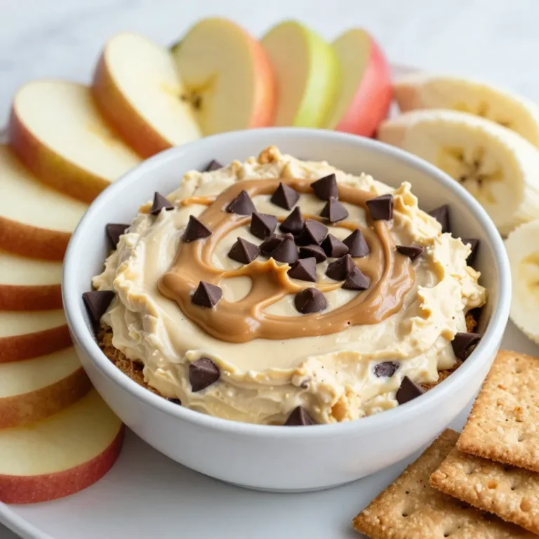 - 1 cup cream cheese, softened - 1/2 cup creamy peanut butter - 1/4 cup powdered sugar - 1 teaspoon pure vanilla extract - 1/2 cup mini chocolate chips - 1/2 cup whipped topping, thawed - Fresh fruit slices (apples, bananas, strawberries) - Graham crackers for dipping To make this Peanut Butter Chocolate Chip Cheesecake Dip, gather all your ingredients first. Start with cream cheese. It should be soft. This makes mixing easy. Use a full cup for a rich base. Next, grab half a cup of creamy peanut butter. This is the star of the dip. You will also need a quarter cup of powdered sugar. This adds a nice sweetness. A teaspoon of pure vanilla extract gives it warmth and flavor. Don't forget the mini chocolate chips! Half a cup adds fun and sweetness. You will also need half a cup of thawed whipped topping. This makes the dip light and fluffy. For dipping, use fresh fruit slices. Apples, bananas, and strawberries work well. Graham crackers are also great for scooping up the dip. Enjoy this mix of flavors and textures! {{ingredient_image_2}} Start by taking 1 cup of softened cream cheese. Use an electric mixer to beat it. Mix until it is smooth and creamy. This step takes about 1-2 minutes. Cream cheese must be at room temperature. This helps it blend well. Next, add the peanut butter, powdered sugar, and vanilla extract into the bowl. You will use 1/2 cup of creamy peanut butter and 1/4 cup of powdered sugar. Also, add 1 teaspoon of pure vanilla extract. Mix these ingredients on low speed until everything is smooth. This should take another 1-2 minutes. Now, gently fold in 1/2 cup of mini chocolate chips. Use a rubber spatula for this. Be careful not to break the chips while mixing. Then, fold in 1/2 cup of thawed whipped topping. Stir just until everything is mixed. This gives your dip a light and airy feel. Once your dip is mixed, spoon it into a serving bowl. Smooth the top with a spatula for a nice finish. Place the bowl in the refrigerator. Let it chill for at least 30 minutes. This time helps the flavors blend and the dip to firm up a bit. When you are ready to serve, take it out and enjoy! Softened cream cheese is key for a creamy dip. If it is too cold, your dip will be lumpy. Beat the cream cheese until it is smooth. This takes about 1-2 minutes. When you add the other ingredients, mix on low speed. This helps keep the dip light. When you fold in the chocolate chips, use a rubber spatula. Gently mix so you don’t break the chips. This keeps the texture nice. Then, fold in the whipped topping. Be careful not to overmix. This gives the dip a fluffy feel. This dip pairs well with many dippers. Fresh fruit slices add a nice crunch. You can use apples, bananas, or strawberries. They bring a sweet and juicy contrast. Graham crackers are also great for dipping. Their crispness balances the creaminess of the dip. To make your dip look fancy, drizzle peanut butter on top. This adds a touch of elegance. You can also sprinkle extra mini chocolate chips. They create a fun and inviting look. Arrange colorful fruit and graham crackers around the dip. This makes your platter pop. A beautiful presentation will make everyone want to dive in! Pro Tips Use Room Temperature Ingredients: Ensure your cream cheese and whipped topping are at room temperature for a smoother blend and creamier texture. Choose Quality Peanut Butter: Opt for a high-quality, creamy peanut butter for the best flavor and consistency in your dip. Chill for Best Flavor: Allowing the dip to chill for at least 30 minutes enhances the flavors, making it more delicious when served. Customize Your Dippers: Experiment with different fruits like pears or kiwi, or try cookies like chocolate wafers for a fun twist on dippers. {{image_4}} You can give your dip a twist with flavor add-ins. Consider swapping the powdered sugar for a natural sweetener like honey or maple syrup. These options add a unique taste. You can also explore different flavored extracts. Instead of vanilla, try almond or hazelnut extract. Each choice adds a new layer of flavor to your dip. Seasonal fruits make your dip festive. In spring, use fresh strawberries and orange segments. In summer, add juicy peaches or cherries. Fall brings apples and pears, while winter allows for citrus fruits like mandarins. You can even use seasonal treats like gingerbread or sugar cookies for a holiday vibe. This keeps your dip fun and fresh all year round. Looking for lighter alternatives? You can use Greek yogurt instead of cream cheese. This swap lowers fat and adds protein. For the peanut butter, try natural or powdered peanut butter. These options reduce calories while keeping the flavor. If you want a lower sugar dip, cut back on powdered sugar. You can also use a sugar substitute like stevia. These changes make the dip healthier without losing taste. To keep your Peanut Butter Chocolate Chip Cheesecake Dip fresh, store it in the fridge. Use an airtight container for best results. This helps the dip stay creamy and tasty. Make sure to cover it well with a lid or plastic wrap. It’s best to enjoy this dip within a few days after making it. You can freeze this dip if you want to save some for later. First, place it in a freezer-safe container. Leave some space at the top, as the dip may expand when frozen. When you’re ready to eat it, take it out of the freezer. Thaw it in the fridge overnight. After thawing, stir it gently to restore the texture. In the refrigerator, the dip lasts about 3 to 5 days. After that, the flavors may fade. Always check for any changes in smell or texture before eating. If you notice anything off, it’s best to discard it. Enjoy this dip while it’s fresh for the best taste! Yes, you can make this dip ahead of time. This dip stores well in the fridge. Just prepare it and place it in a sealed container. It will stay fresh for up to three days. This allows the flavors to blend nicely. Just remember to chill it for at least 30 minutes before serving. If you need a cream cheese alternative, use Greek yogurt or silken tofu. Both options give a creamy texture. Greek yogurt adds a tangy taste, while silken tofu is mild. Choose based on your diet needs. These swaps keep the dip tasty and satisfying. To change the sweetness, adjust the powdered sugar. Start with less than the recipe calls for. You can always add more if needed. Taste the dip as you mix. This way, you can find the perfect balance for your palate. Enjoy your dip just the way you like it! This blog post covered how to make a tasty cream cheese dip. We explored the ingredients needed and the simple steps to mix and chill. I also shared tips for perfect texture and fun serving ideas. You can customize the dip with different flavors and seasonal fruits. For storage, I provided ways to keep it fresh. With this guide, you can enjoy a fun snack that's easy to make. Try it out for your next gathering or snack time!