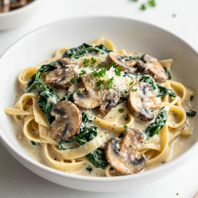 - 8 ounces fettuccine pasta - 2 tablespoons extra virgin olive oil - 1 small onion, finely chopped - 3 cloves garlic, minced - 8 ounces cremini mushrooms, sliced thin - 5 cups fresh baby spinach - 1 cup heavy cream - 1/2 cup freshly grated Parmesan cheese - 1/2 teaspoon ground nutmeg - Salt and freshly cracked black pepper to taste - Fresh parsley, finely chopped (for garnish) I always choose fresh ingredients. Fresh baby spinach gives a vibrant color and taste. Use high-quality cremini mushrooms for a rich, earthy flavor. The olive oil should be extra virgin for a smooth finish. Freshly grated Parmesan adds depth to the sauce. Avoid pre-grated cheese as it may have anti-caking agents that affect texture. You can swap fettuccine for any pasta you enjoy, like penne or spaghetti. If you want a lighter dish, use half-and-half instead of heavy cream. For a vegan version, try coconut cream and nutritional yeast instead of cheese. You can use any mushrooms, like button or shiitake, if cremini aren’t available. If you're short on fresh spinach, frozen spinach works too; just thaw and drain it well. {{ingredient_image_2}} Start by boiling a large pot of salted water. Bring it to a rolling boil. Add 8 ounces of fettuccine pasta. Cook it according to the package directions until it's al dente. This usually takes about 8-10 minutes. Reserve about 1 cup of the pasta cooking water before you drain the pasta. Set the drained pasta aside for later. In a large skillet, heat 2 tablespoons of extra virgin olive oil over medium heat. When the oil is hot, add 1 small finely chopped onion. Sauté the onion for about 2-3 minutes. It should become soft and translucent. Next, stir in 3 cloves of minced garlic. Cook for another minute to let the garlic release its aroma. Now, it's time to create the cream sauce. Add 8 ounces of sliced cremini mushrooms to the skillet. Sauté them for 5-7 minutes until they turn brown and release their moisture. After that, gradually stir in 5 cups of fresh baby spinach. Keep stirring until the spinach wilts, which takes about 2 minutes. Pour in 1 cup of heavy cream and mix well. Then, add 1/2 cup of grated Parmesan cheese and 1/2 teaspoon of ground nutmeg. Season with salt and black pepper to taste. Let the sauce simmer for 3-4 minutes until it thickens. Carefully add the cooked fettuccine to the skillet with the sauce. Toss everything together so the pasta gets a nice coating of sauce. If the sauce is too thick, add a few tablespoons of the reserved pasta water. This will help you reach your desired consistency. Once mixed, your creamy mushroom spinach pasta is ready to serve! To make your sauce super creamy, use heavy cream. It adds richness and smoothness. Stir the cream in slowly. This helps it blend well with the other flavors. Adding freshly grated Parmesan cheese boosts creaminess, too. Don't forget the nutmeg! Just a little adds warmth and depth. Cook the fettuccine until it is al dente. This means it should have a slight bite. Follow the package directions for timing. Typically, this takes about 8 to 10 minutes. Save a cup of the pasta water. You can use it later to thin the sauce if needed. Seasoning is key to a great dish. Use salt and freshly cracked black pepper. Add them to taste when you make the sauce. Fresh parsley adds a nice touch. It brings color and a fresh flavor. You can also try a squeeze of lemon juice for brightness. Experiment with your favorite herbs to find new flavors! Pro Tips Tip Title 1: For extra flavor, consider adding a splash of white wine to the mushrooms while they sauté. It enhances the umami profile of the dish. Tip Title 2: To make the dish lighter, substitute half of the heavy cream with low-fat milk or a plant-based cream alternative without sacrificing creaminess. Tip Title 3: Always reserve some pasta cooking water! It’s a great way to adjust the sauce's consistency and helps the sauce cling better to the pasta. Tip Title 4: For a spicy kick, add a pinch of red pepper flakes to the sauce while it simmers. It will elevate the flavor and add warmth to the dish. {{image_4}} You can boost this dish by adding proteins. Chicken and shrimp work great. For chicken, use grilled or sautéed pieces. Cook them before adding to the sauce for extra flavor. Shrimp cooks quickly, so add them right before the sauce thickens. This way, they don’t overcook. Both options make the pasta heartier and more filling. If you want a vegan version, swap heavy cream with coconut milk or cashew cream. Use nutritional yeast instead of Parmesan cheese for a cheesy flavor. Make sure to check the pasta for dairy. Most dry pasta is vegan, but fresh pasta often contains eggs. You can also add nuts or seeds for protein. While fettuccine is tasty, you can try other pasta types. Penne or rigatoni hold sauce well. They add a fun twist to the dish. You can even use whole wheat or gluten-free pasta, depending on your needs. Just cook them according to package directions, and follow the same steps. Enjoy the flavors no matter what pasta you choose! Storing leftover creamy mushroom spinach pasta is easy. First, let the pasta cool to room temperature. Then, place it in an airtight container. You can keep it in the fridge for up to three days. Be sure to cover it well to avoid drying out. Reheating creamy pasta can be tricky. To keep it smooth, use a saucepan. Add a splash of water or milk to help loosen the sauce. Heat on low, stirring often. This method warms the pasta evenly while keeping it creamy. You can also use the microwave. Place it in a safe dish, cover it, and heat in short bursts, stirring in between. Freezing creamy mushroom spinach pasta is a great way to save time. Portion the pasta into freezer-safe containers. Leave some space at the top for expansion. It can last up to three months in the freezer. When you’re ready to eat, thaw it in the fridge overnight. Reheat using the tips above for the best texture. Yes, you can use other mushrooms. Button mushrooms, shiitake, or oyster mushrooms work well. Each type adds its own flavor. For a richer taste, try using a mix of mushrooms. This dish adapts easily to your taste. This pasta pairs great with garlic bread or a fresh salad. A simple green salad with lemon vinaigrette adds a nice crunch. You can also serve it with grilled chicken or shrimp for extra protein. Try adding a glass of white wine for a special touch. To make this dish gluten-free, use gluten-free pasta. Many brands offer great options that taste good. You can find pasta made from rice, quinoa, or chickpeas. Just follow the cooking instructions on the package. The rest of the recipe stays the same. In this blog post, we covered essential ingredients and their quality for creamy mushroom spinach pasta. I shared step-by-step instructions for cooking, sautéing, and combining the flavors. You learned tips for making the sauce creamy and enhancing flavors. Explore variations to suit your taste, from proteins to vegan swaps. Finally, we discussed storage and reheating methods for your leftovers. With these insights, you can create a tasty meal and enjoy it long after cooking!