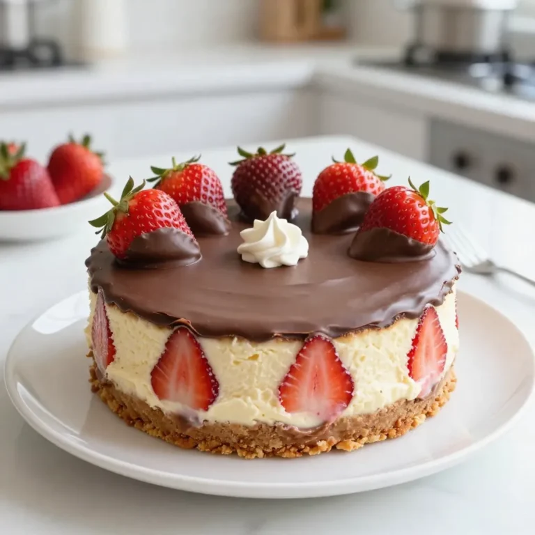 - 1 ½ cups graham cracker crumbs - ½ cup unsalted butter, melted - 2 tablespoons granulated sugar - 16 oz cream cheese, softened - 1 cup granulated sugar - 1 teaspoon pure vanilla extract - 3 large eggs, at room temperature - 1 cup sour cream, at room temperature - 1 cup fresh strawberries, pureed - 4 oz semi-sweet chocolate, finely chopped - 1 cup fresh strawberries, whole (for topping) - Whipped cream (for garnish) You can swap graham cracker crumbs with crushed cookies. Try chocolate sandwich cookies for a fun twist. If you need a dairy-free option, use vegan cream cheese. This will still taste great! For a lighter version, substitute sour cream with Greek yogurt. You will need a 9-inch springform pan for easy removal. A large mixing bowl helps combine the filling. An electric mixer makes it easier to achieve that creamy texture. Finally, a small saucepan is perfect for melting chocolate smoothly. {{ingredient_image_2}} To start, preheat your oven to 325°F (160°C). In a medium bowl, mix together these ingredients: - 1 ½ cups graham cracker crumbs - ½ cup unsalted butter, melted - 2 tablespoons granulated sugar Stir until everything blends well. Next, press this mix firmly into the bottom of a 9-inch springform pan. This makes a sturdy crust. Bake it for about 10 minutes. Look for a light golden color. Then, take it out and let it cool completely. Now, let’s make the filling. In a large bowl, beat 16 oz of softened cream cheese with an electric mixer. Aim for a smooth and creamy texture. Gradually add in 1 cup of granulated sugar. Keep mixing until it’s fluffy and well combined. Next, pour in 1 teaspoon of pure vanilla extract. Then, add 3 large eggs one at a time. Make sure each egg mixes in fully before adding the next. After the eggs, stir in 1 cup of sour cream and 1 cup of pureed strawberries. Mix until everything is smooth. Pour the cheesecake filling over the cooled crust. Use a spatula to smooth the top. For even baking, place the springform pan in a larger baking dish filled with hot water. This is called a water bath. Bake for about 50 to 60 minutes. The edges should look set, and the center should jiggle slightly. When done, turn off the oven and crack the door open. Let the cheesecake cool in the oven for about an hour. After it cools, move it to the fridge. Chill it for at least 4 hours, or overnight for the best taste. To get a creamy cheesecake, use room temperature ingredients. This means your cream cheese, eggs, and sour cream should be warm. Mixing them at this temperature helps blend them smoothly. I suggest mixing the cream cheese first until it's fluffy. Then add sugar slowly. This keeps the texture light and airy. Cracks can ruin your cheesecake's look. To avoid this, make sure not to overmix your batter. Once you add the eggs, mix just until combined. Also, using a water bath helps. The steam keeps the cheesecake moist while it bakes. If you see cracks, don't worry! You can cover them with chocolate or whipped cream. Cooling is key for the best flavor. After baking, let the cheesecake cool in the oven with the door cracked. This gentle cooling reduces the chance of cracks. Once cool, move it to the fridge. Chill it for at least four hours, but overnight is best. This time helps the flavors meld and the texture set perfectly. Pro Tips Use Room Temperature Ingredients: Ensuring your cream cheese, eggs, and sour cream are at room temperature will help create a smoother cheesecake filling without lumps. Water Bath for Even Baking: Using a water bath will prevent the cheesecake from cracking and help it bake evenly, resulting in a creamier texture. Chill Overnight: For the best flavor and texture, allow the cheesecake to chill overnight. This will enhance the strawberry flavor and make slicing easier. Drizzle Chocolate Warm: Drizzle the melted chocolate over the cheesecake while it’s still warm for a more fluid design, allowing it to set beautifully on top. {{image_4}} You can switch up the flavor of your cheesecake by using different fruit purees. Instead of strawberries, try: - Raspberries for a tart kick. - Blueberries for a sweet touch. - Mango for a tropical vibe. Each fruit brings a new taste and color to your cheesecake. Just blend the fruit until smooth and mix it into your cheesecake batter like you did with the strawberries. You can make this cheesecake a bit healthier by making simple swaps: - Use low-fat cream cheese instead of regular cream cheese. - Replace granulated sugar with a sugar substitute like Stevia or monk fruit. - Swap sour cream for Greek yogurt for added protein. These changes can help cut calories without losing the rich taste you love. Add your own twist by using different toppings. Instead of chocolate-covered strawberries, you could try: - Chopped nuts for crunch, like pecans or almonds. - Caramel sauce for a sweet drizzle. - Shredded coconut for a fun texture. Feel free to mix and match these toppings to create your own unique dessert! To keep your cheesecake fresh, wrap it in plastic wrap. Use an airtight container if you have one. This keeps the cheesecake from drying out or picking up other smells in the fridge. Store it in the fridge for up to five days. If you know you won't eat it all, slice the cheesecake first. This makes it easy to grab a piece later. You can freeze your cheesecake for later enjoyment. First, let it cool completely. Wrap each slice in plastic wrap tightly. Then, place the wrapped slices in a freezer-safe bag or container. Label it with the date. You can freeze it for up to three months. When you're ready to eat it, let it thaw in the fridge overnight. For the best taste and texture, serve the cheesecake within two days of making it. After that, the flavor may fade a bit. If you freeze it, aim to eat it within three months. This keeps the taste fresh and delightful. Always let it thaw in the fridge for a smooth texture before serving. To know if your cheesecake is done, look for a few signs. Check the edges; they should be set and firm. The center should have a slight jiggle when you gently shake the pan. If the center looks wet, it needs more time. The cheesecake will firm up as it cools. Always turn off the oven and leave the door slightly open for about an hour. This helps prevent cracks. Yes, you can use frozen strawberries! Just be sure to thaw them first. Once thawed, drain off any extra liquid. Puree them as you would with fresh strawberries. The flavor will still be great. However, fresh strawberries give a better texture and taste for the topping. If you want the best result, stick with fresh for the garnish. Your cheesecake will last in the fridge for about five to seven days. Make sure to cover it well to keep it fresh. Use plastic wrap or an airtight container. If you want to keep it longer, consider freezing it. Wrapped well, it can last for up to three months in the freezer. Just thaw it overnight in the fridge when you’re ready to enjoy it again! You learned how to make a great cheesecake from scratch. We covered ingredients, preparation, and baking tips. You can now try fun flavor twists and healthier options. Remember, perfect texture and no cracks are key. Store your leftovers well to enjoy later. Follow the steps, and you’ll have a yummy cheesecake. Now it’s time to gather your ingredients and start baking! You can impress your friends and family with your skills. Happy baking!