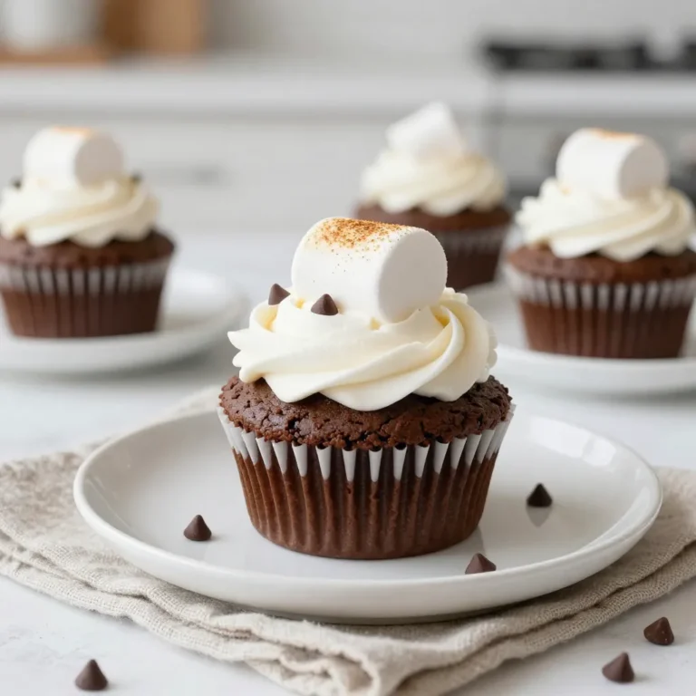 To create delightful S'mores Cupcakes with Marshmallow Frosting, you'll need the following ingredients: - Dry ingredients: - 1 cup all-purpose flour - 1 cup graham cracker crumbs - 1 teaspoon baking powder - ½ teaspoon baking soda - ¼ teaspoon salt - ½ cup unsweetened cocoa powder - ½ cup granulated sugar - ½ cup packed brown sugar - Wet ingredients: - 2 large eggs - ½ cup milk - ½ cup vegetable oil - 1 teaspoon vanilla extract - Frosting ingredients: - 1 cup unsalted butter, softened - 2 cups powdered sugar - 4 cups mini marshmallows - 2 tablespoons milk - 1 teaspoon vanilla extract - Topping: - 12 marshmallows, halved Gathering these ingredients is the first step to making your cupcakes. Each component plays a key role in flavor and texture. The graham cracker crumbs give that classic S'mores crunch, while the cocoa powder adds rich chocolate flavor. The mini marshmallows in the frosting create a fluffy and sweet topping. Don't forget to have fun while preparing these tasty treats. Enjoy the process! {{ingredient_image_2}} First, preheat your oven to 350°F (175°C). This step is key to baking perfect cupcakes. Next, line your muffin tin with cupcake liners. This will help the cupcakes come out easily later. In a large bowl, combine the following dry ingredients: - 1 cup all-purpose flour - 1 cup graham cracker crumbs - 1 teaspoon baking powder - ½ teaspoon baking soda - ¼ teaspoon salt - ½ cup unsweetened cocoa powder - ½ cup granulated sugar - ½ cup packed brown sugar Whisk these together until no lumps remain. This ensures the flavors blend well. In another bowl, crack two large eggs and beat them lightly. Add ½ cup milk, ½ cup vegetable oil, and 1 teaspoon vanilla extract. Mix well until smooth. This mixture will add moisture to your cupcakes. Now, gradually pour the wet mixture into the dry ingredients. Use a spatula to stir gently until just combined. Be careful not to overmix, as this can make the cupcakes tough. Next, fold in ½ cup mini chocolate chips evenly. Using a spoon or ice cream scoop, fill each cupcake liner about two-thirds full. This allows room for the cupcakes to rise without spilling over. Place the muffin tin in your preheated oven. Bake for 18-20 minutes. Check if the cupcakes are done by inserting a toothpick into the center. It should come out clean or have a few moist crumbs. Once baked, let them cool in the pan for 5 minutes, then move them to a wire rack to cool completely. In a large bowl, beat 1 cup of softened unsalted butter until creamy. Gradually sift in 2 cups of powdered sugar, mixing until combined. Add 4 cups of mini marshmallows, 2 tablespoons of milk, and 1 teaspoon of vanilla extract. Beat until the frosting is fluffy and light. When the cupcakes are cool, spread the marshmallow frosting on top using a spatula. For a decorative touch, you can use a piping bag to make pretty swirls. To finish, place half a marshmallow on each frosted cupcake. For an extra treat, use a kitchen torch to lightly toast the marshmallow. This adds that classic campfire flavor and makes them look great! How to avoid overmixing To prevent tough cupcakes, mix the batter gently. Stir until the dry and wet mix just come together. You should still see some lumps. This keeps the cupcakes light and fluffy. Achieving the perfect moist texture Use fresh ingredients. Make sure your eggs and milk are at room temperature. This helps create a smooth batter. Also, avoid opening the oven door too often. This keeps the heat steady for even baking. Using a piping bag for decorative frosting Fill your piping bag with marshmallow frosting. Cut a small tip at the end. Practice on a plate first if you need. This helps you create beautiful swirls on your cupcakes. Tips for ensuring fluffy frosting Beat the butter well until creamy. Gradually add powdered sugar. The air you mix in makes the frosting light. Add mini marshmallows last for that perfect fluffy texture. Tools for toasting marshmallows safely Use a long skewer or fork to hold marshmallows. This keeps your hands away from the flame. A kitchen torch works well too. Just toast until golden for a nice flavor. Always supervise kids when toasting. Pro Tips Use Fresh Ingredients: Always check the expiration dates on your baking ingredients. Fresh eggs and baking powder will ensure your cupcakes rise beautifully. Don't Overmix: When combining the wet and dry ingredients, mix just until incorporated. Overmixing can lead to dense cupcakes. Cool Completely: Allow the cupcakes to cool completely before frosting. This will prevent the frosting from melting and losing its shape. Experiment with Toppings: Feel free to get creative with toppings! Try adding crushed graham crackers or drizzling chocolate sauce for an extra indulgent treat. {{image_4}} You can switch up the frosting for your S'mores Cupcakes. Try using chocolate frosting for a rich twist. Whipped cream is another light option. Both add a different flavor that pairs well with the chocolate and graham cracker base. Plus, they are easy to make or buy! Want to get creative? You can add peanut butter to the cupcake batter for a nutty taste. Mint elements can also give your cupcakes a fresh kick. Just mix in a bit of mint extract or crushed mint candies for a fun twist. These flavors can make your cupcakes unique and exciting. Consider making mini cupcakes instead of regular-sized ones. Mini cupcakes are fun for parties and kids love them. You can also use different shapes, like muffin tins or mini bundt pans. Each shape gives a new look and feel to your treats. Enjoy the fun of baking by trying out these variations! You can store your S'mores cupcakes at room temperature. Place them in a cool, dry spot. If your kitchen is warm or humid, consider refrigeration. This will keep them fresh for longer. Just remember to bring them back to room temperature before serving. To keep your cupcakes fresh, use airtight containers. These prevent air from drying them out. If you stack them, add parchment paper between layers. This avoids squishing the frosting or toppings. You can freeze these cupcakes for later. First, let them cool completely. Wrap each cupcake tightly in plastic wrap. Place them in a freezer-safe bag or container. To thaw, move them to the fridge overnight. For best taste, eat them within three months. Yes, you can use gluten-free flour. Just make sure to choose a blend that works for baking. This will keep the texture light and fluffy. Each brand may vary, so follow package instructions for best results. These cupcakes stay fresh for about 3 to 5 days at room temperature. If you store them in the fridge, they can last up to a week. Just keep them in an airtight container to maintain their taste. You can use applesauce or mashed bananas as egg substitutes. About 1/4 cup of each works well for one egg. Alternatively, try flaxseed meal mixed with water. Combine 1 tablespoon of flaxseed meal with 2.5 tablespoons of water. Let it sit for a few minutes until it thickens. Yes, you can make the frosting a day ahead. Just store it in an airtight container in the fridge. When you are ready to use it, whip it again for a fluffy texture. To get a shiny frosting finish, beat the frosting well to incorporate air. Adding a little extra milk can also help. If you want a glossy look, lightly toast the marshmallows on top. This adds a nice touch and enhances the flavors! You learned how to make tasty s'mores cupcakes with simple steps. We covered the ingredients, baking process, and frosting tips to make them great. Remember, you can add your twist with different flavors or frostings. Store them right to keep them fresh and delicious. Enjoy your baking adventures and impress your friends and family! Delight in the fun of creating these treats from scratch. Your kitchen can be the place for sweet memories and yummy moments.