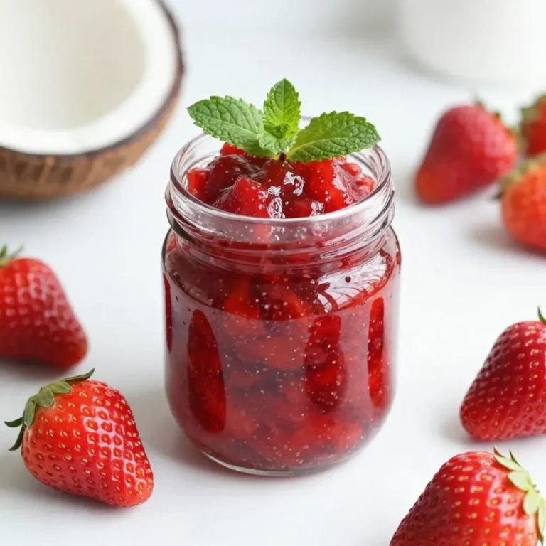 This Strawberry Coconut Chia Jam uses simple, fresh ingredients. Here’s what you need: - 2 cups fresh strawberries, hulled and roughly chopped - 1/4 cup honey or maple syrup - 1/4 cup creamy coconut milk - 3 tablespoons chia seeds - 1 teaspoon pure vanilla extract - A pinch of sea salt These ingredients work together to create a sweet and tasty spread. Fresh strawberries bring natural sweetness and bright flavor. You can adjust the sweetness with honey or maple syrup to suit your taste. Coconut milk adds creaminess and a tropical twist. Chia seeds help thicken the jam while adding texture and nutrition. The vanilla extract and sea salt enhance all the flavors. With these ingredients in hand, you’re ready to make a delicious jam. Each bite will be a burst of strawberry and coconut goodness! {{ingredient_image_2}} Start by placing your chopped strawberries in a medium saucepan. Add the honey or maple syrup. Cook over medium heat. Stir occasionally. You want the mixture to reach a gentle simmer. Cook for about 5-7 minutes. The strawberries will soften and break down into a juicy compote. This step is key for flavor. After cooking, take the saucepan off the heat. Let the strawberry mixture cool for about 5 minutes. This cooling time helps the flavors blend well. Once cooled slightly, grab a fork or a potato masher. Mash the strawberries to your preferred texture. You can make it chunky or smooth, depending on what you like. Now, it’s time to add more flavor. Mix in the creamy coconut milk and chia seeds. Don’t forget the vanilla extract and a pinch of sea salt. Stir everything together really well. Make sure the chia seeds spread evenly throughout the mixture. This will help the jam set nicely. To let your jam set, you have two options. First, you can leave it at room temperature for 1-2 hours. This allows the chia seeds to absorb moisture. Alternatively, place it in the refrigerator for about 30 minutes. Both methods work well. After the setting time, give the jam a good stir. Taste it and adjust sweetness if needed. Enjoy your tasty spread! To adjust sweetness, taste your jam before it sets. If it needs more sweetness, add honey or maple syrup. Start with a little, then mix and taste again. You can use agave syrup or stevia as alternatives if you want to try something different. Do you like chunky or smooth jam? For a chunky jam, mash the strawberries less. If you prefer it smooth, mash them more. You can also use a blender for a finer texture. Just be careful not to over-blend. For serving, use a small glass jar. It's cute and keeps the jam fresh. Top it with a sprig of mint or a whole strawberry for color. This makes it pop on your table. Enjoy it on toast, pancakes, or yogurt for a tasty treat! Pro Tips Use Ripe Strawberries: The riper your strawberries are, the sweeter and more flavorful your jam will be. Look for berries that are deep red and fragrant for the best results. Customize Your Sweetness: Adjust the amount of honey or maple syrup based on your preference. Taste the mixture before it cools to find the perfect balance of sweetness for your palate. Experiment with Flavors: Feel free to add other fruits or spices like cinnamon or lemon zest to create unique flavor combinations that suit your taste. Storage Tips: Store the jam in the refrigerator in an airtight container. It should keep well for about a week, making it a perfect make-ahead option for busy mornings. {{image_4}} Chia seeds are tiny but packed with nutrition. They contain protein, fiber, and omega-3 fatty acids. Just two tablespoons give you: - 140 calories - 4 grams of protein - 10 grams of fiber - 5 grams of omega-3s These seeds help you feel full and support heart health. They also boost digestion due to their high fiber content. When you eat them, they absorb water and expand, which can help keep you hydrated. Coconut brings rich taste and health perks. It contains medium-chain triglycerides (MCTs), which can give you energy. Here’s what you get from coconut: - Good fats for your heart - Antioxidants that fight free radicals - Fiber that aids digestion Coconut can also help improve your mood. Eating coconut may help keep your skin healthy, too. Strawberry Coconut Chia Jam is a great snack choice. It has fewer calories than many spreads. This jam is also rich in fiber and natural sweetness. Each scoop offers: - A low-calorie option - A boost of nutrients from strawberries and coconut - A fun way to enjoy fruit You can spread it on toast or mix it into yogurt. This jam makes a tasty addition to breakfast or snacks. You can change up the fruit in this jam. Try using different berries. Raspberries and blueberries work well. They add unique flavors and colors. You can also mix in tropical fruits. Pineapple and mango add a sweet twist. These fruits make the jam exciting and fresh. Add some herbs or spices for extra flavor. Fresh mint or basil can brighten the taste. Small amounts of these herbs give a nice touch. You can also use spices. Cinnamon or nutmeg adds warmth. These flavors change the jam’s profile and keep things interesting. If you want a vegan option, use maple syrup instead of honey. This keeps the sweetness while staying plant-based. You can also adjust for allergies. Use nut-free milk if needed. For a gluten-free option, check all ingredients. These simple swaps make the jam safe and tasty for everyone. Strawberry Coconut Chia Jam can last up to two weeks in the fridge. To store it, place the jam in a clean glass jar with a tight lid. It's best to use a jar that is not too large. This way, you can eat it before it spoils. Always check for any signs of mold or off smells before use. Yes, you can can this jam! To do this, you need to follow safe canning guidelines. Start by sterilizing your jars in hot water. Fill the jars with the jam, leaving some space at the top. Seal the lids tightly. Then, process the jars in a boiling water bath for about 10 minutes. This method helps keep the jam fresh for months. Yes, it is best to refrigerate homemade jam for safety. Refrigeration slows down spoilage. If you have canned the jam properly, it can stay at room temperature until opened. Once opened, keep it in the fridge. This keeps your jam tasty and safe to eat for longer. You learned how to make Strawberry Coconut Chia Jam. From selecting fresh ingredients to blending and setting, each step is key. Remember, you can tweak sweetness and texture to fit your taste. This jam is more than tasty; it's packed with health benefits from chia seeds and coconut. You can even explore fruit variations and flavor additions for fun twists. Enjoy your homemade jam, and make it your own!
