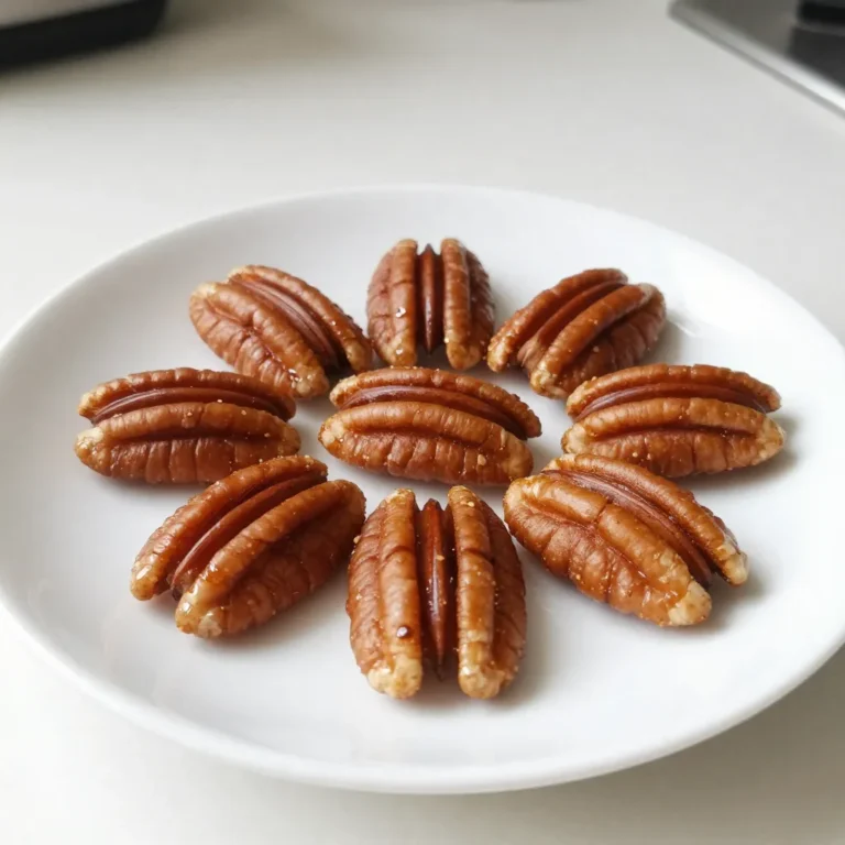 - 2 cups pecan halves - 1/2 cup packed brown sugar - 1 teaspoon ground cinnamon - 1/4 teaspoon sea salt - 1/4 cup unsalted butter, melted - 1 teaspoon pure vanilla extract - 1/4 teaspoon cayenne pepper (optional) When measuring the brown sugar, pack it tightly in your cup. This step ensures you get the right sweetness. For the pecans, use whole halves for the best texture and crunch. The sea salt balances the sweetness well. If you crave a spicy kick, add cayenne pepper. This touch enhances the flavor without overwhelming it. You can also consider adding a splash of maple syrup for a unique sweetness. {{ingredient_image_2}} First, set your oven to 350°F (175°C). This heat will roast the pecans perfectly. Next, line a baking sheet with parchment paper. This helps with easy cleanup later. In a large bowl, add 1/2 cup of packed brown sugar. Then sprinkle in 1 teaspoon of ground cinnamon and 1/4 teaspoon of sea salt. If you like heat, add 1/4 teaspoon of cayenne pepper. Stir everything well. This mix will give your pecans a sweet and spicy kick. In a small bowl, melt 1/4 cup of unsalted butter. Add 1 teaspoon of pure vanilla extract. Whisk until well mixed. Now, pour this buttery mix over 2 cups of pecan halves in the large bowl. Toss the pecans to coat them well. Every pecan should be covered in the buttery goodness. Transfer the coated pecans to your lined baking sheet. Spread them out in a single layer. This ensures they roast evenly. Place them in the oven and bake for 15-20 minutes. Stir the pecans halfway through. Watch closely; you want them golden brown, not burnt. Once the pecans are golden and smell amazing, take them out of the oven. Let them cool on the baking sheet. They will harden as they cool, becoming crunchy. After they cool, break apart any clusters. Store the pecans in an airtight container. This keeps them fresh and tasty for your next snack! To get perfectly roasted pecans, start with fresh nuts. Old pecans can taste stale. Use a simple mix of brown sugar and cinnamon. This blend gives the nuts a sweet and warm flavor. Always spread the pecans in a single layer on your baking sheet. This helps them roast evenly. Stir them halfway during baking. This step ensures all sides get heat. Keep a close watch while your pecans bake. They can burn quickly. Set a timer for 10 minutes. Check them often after that. If they start to darken too much, pull them out early. Also, make sure your oven temperature is correct. An oven thermometer can help with this. A few degrees too high can lead to burnt nuts. For even coating, mix the sugar and spices well before adding them to the pecans. Toss the pecans in butter first. This helps the sugar stick better. Use your hands or a spatula to mix thoroughly. You want every pecan to be covered in that sweet blend. After mixing, let the coated pecans sit for a few minutes. This allows the flavors to soak in before roasting. Pro Tips Use Fresh Spices: Ensure your ground cinnamon and cayenne pepper are fresh for maximum flavor impact. Cool Completely: Allow the pecans to cool completely on the baking sheet to achieve the best crunch. Experiment with Flavors: Feel free to add other spices like nutmeg or ginger for a unique twist on the classic recipe. Storage Tips: Store the cooled pecans in an airtight container to maintain their freshness for up to two weeks. {{image_4}} For a spicy twist, add cayenne pepper to the mix. Use 1/4 teaspoon for a kick. This heat pairs well with the sweetness of brown sugar. Adjust the spice level to fit your taste. More cayenne means more heat. If you love bold flavors, this option is for you! You can mix in other nuts or seeds for variety. Walnuts, almonds, or cashews work great. Use a mix of 2 cups total for a fun texture. This blend adds depth to each bite. You can also add sunflower or pumpkin seeds for a crunch. Each nut has its own flavor, making every handful different. Try new flavors to excite your taste buds. A touch of cocoa powder gives a chocolatey flavor. Maple syrup can replace some brown sugar for a unique twist. Adding a hint of nutmeg or cardamom can also elevate your mix. Be bold and test different spices. The possibilities are endless, and you might find your new favorite snack! To keep your cinnamon brown sugar roasted pecans fresh, let them cool completely. Once cooled, you can store them in a cool, dry place. Avoid direct sunlight, as it can make them stale. These pecans can last for about two weeks when stored properly. If you want to keep them longer, freezing is a good option. Place them in an airtight container and store them in the freezer. They will stay fresh for about three months this way. Use an airtight container to store your pecans. Glass jars or plastic containers with tight lids work well. Avoid paper bags or loose containers, as they let air in and can make your pecans soft. Yes, you can use other nuts. Almonds, walnuts, or cashews work well. Each nut has its own flavor. Adjust the roasting time based on the nut you choose. Nuts like almonds may take longer to roast. If you lack brown sugar, you can make your own. Mix white sugar with molasses. Use one cup of white sugar and add one tablespoon of molasses. You can also use honey or maple syrup, but this may change the texture. To make the nuts sweeter, add more brown sugar. Start with an extra tablespoon. If you want less sweetness, cut back on the sugar. Try adding more spices like cinnamon for flavor without the sugar. Roasted pecans are tasty on their own. You can sprinkle them on salads for a crunch. They also make a great topping for yogurt or ice cream. Use them in trail mixes or as a snack during movie night. Roasting pecans is simple and rewarding. We covered ingredients, step-by-step instructions, and helpful tips to guide you. You learned how to make different flavors, like spicy cinnamon or mixed nuts. Remember to store your roasted pecans properly to keep them fresh. Try new mixes and share with friends. Enjoy your crunchy treats and experiment with flavors that excite you!