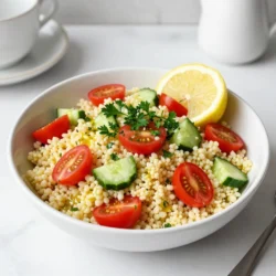 For this Lemon Garlic Couscous Salad, you will need: - 1 cup couscous - 1 1/4 cups vegetable broth or water - 2 tablespoons extra virgin olive oil - 3 cloves garlic, finely minced - Zest of 1 large lemon - Freshly squeezed juice of 1 lemon - 1 cup cherry tomatoes, halved - 1 medium cucumber, diced - 1/2 red bell pepper, diced - 1/4 red onion, finely chopped - 1/4 cup fresh parsley, roughly chopped - Salt and black pepper to taste - Optional: 1/4 cup crumbled feta cheese for serving Couscous is a quick-cooking grain. It is light and fluffy, making it great for salads. It also holds flavors well. Vegetable broth or water adds moisture and taste. Using broth makes the couscous richer. Extra virgin olive oil is a healthy fat. It adds a nice flavor and helps the salad stay fresh. Garlic is a powerful flavor booster. It also has health benefits, like fighting germs. Lemon zest and juice brighten the salad. They give it a fresh taste and aroma. Cherry tomatoes are sweet and juicy. They add color and nutrition, plus they are high in vitamins. Cucumbers are crunchy and refreshing. They provide hydration and a nice contrast to the couscous. Red bell peppers add sweetness and crunch. They are full of vitamins, especially vitamin C. Red onion gives a sharp bite. It enhances the overall flavor of the salad. Parsley adds a fresh touch. It is also a good source of vitamins and minerals. Salt and black pepper help bring out the flavors. Adjust them to your taste. You can use quinoa or bulgur instead of couscous for a different texture. If you want a lighter option, try using water instead of broth. If you don&rsquo;t like garlic, you can skip it or use garlic powder. For a nutty flavor, consider adding nuts like almonds or walnuts. If you prefer a creamier texture, you can add avocado instead of feta. For a vegan version, simply leave out the feta cheese. Feel free to mix in your favorite veggies like carrots or spinach! {{ingredient_image_2}} First, we need to prepare the couscous. In a medium saucepan, bring 1 1/4 cups of vegetable broth or water to a boil over medium-high heat. Once it boils, take the saucepan off the heat. Stir in 1 cup of couscous, making sure it spreads evenly. Cover the saucepan with a lid and let it sit for about 5 minutes. This allows the couscous to soak up the liquid completely. After 5 minutes, remove the lid and fluff the couscous gently with a fork. Set it aside to cool while you prep the other ingredients. Next, let's make the lemon garlic dressing. In a small mixing bowl, combine 2 tablespoons of extra virgin olive oil, 3 finely minced garlic cloves, the zest of 1 large lemon, and the freshly squeezed juice of 1 lemon. Whisk these ingredients together until they blend well. This dressing adds a bright and zesty flavor that elevates your salad. Now, it&rsquo;s time to combine everything into a salad. In a large mixing bowl, add the cooled couscous. Then, toss in 1 cup of halved cherry tomatoes, 1 diced medium cucumber, 1/2 diced red bell pepper, 1/4 finely chopped red onion, and 1/4 cup of roughly chopped fresh parsley. Mix gently to ensure all the ingredients are well combined. Next, drizzle your lemon garlic dressing over the salad mixture. Toss everything again so the dressing coats all the ingredients evenly. Finally, taste your salad and season with salt and black pepper as needed. Optionally, sprinkle 1/4 cup of crumbled feta cheese on top for added flavor. Now you have a fresh and vibrant lemon garlic couscous salad ready to enjoy! To fluff couscous, start by cooking it correctly. After boiling your broth or water, add the couscous. Cover it and let it sit for five minutes. This step helps the couscous absorb the liquid fully. When ready, use a fork to gently fluff it. This keeps the grains separate and light. Avoid using a spoon, as it can mash the couscous. Seasoning plays a big role in making this salad tasty. Start with your lemon-garlic dressing. It adds zest and brightness. You can also add salt and black pepper to taste. Consider adding a pinch of red pepper flakes for some heat. Fresh herbs like parsley bring freshness too. Don&rsquo;t forget to taste the salad before serving. Adjust the seasoning to your liking for the best flavor. A beautiful salad is always a joy to serve. Use a large, eye-catching bowl for the couscous salad. Arrange the colorful veggies so they stand out. You can garnish with a sprinkle of fresh parsley on top. Adding a lemon wedge on the side adds a pop of color. These small touches make your dish look inviting and fresh. Serve it at room temperature for the best taste and appearance. Pro Tips Use Fresh Ingredients: The quality of your vegetables will greatly impact the flavor of your salad. Opt for fresh, ripe cherry tomatoes and crisp cucumbers for the best results. Chill Before Serving: Allow your salad to chill in the refrigerator for about 30 minutes before serving. This enhances the flavors and makes for a refreshing dish. Adjust the Lemon: If you prefer a more tart flavor, feel free to add more lemon juice. Start with the juice of half a lemon and adjust to taste. Feta Alternatives: For a different flavor profile, try using goat cheese or a dairy-free cheese alternative if you want to keep the salad vegan. {{image_4}} You can make this salad heartier by adding protein. Grilled chicken pairs well with the lemon and garlic. Shrimp also makes a tasty addition. For a vegetarian option, add chickpeas or black beans. These options boost the protein and make it a meal. If you want a vegan version, just skip the feta cheese. The salad still tastes great without it. You can also add more veggies, like avocado or roasted red peppers. These ingredients keep the salad filling and fresh. Using seasonal ingredients makes this salad even better. In summer, add sweet corn or fresh basil. In fall, add roasted butternut squash. Seasonal veggies enhance the flavor and color. Feel free to mix and match based on what you love! To keep your lemon garlic couscous salad fresh, store it in an airtight container. This helps prevent air from getting in and keeps flavors intact. Make sure the salad is cool before sealing it up. If you use feta cheese, add it just before serving. This keeps it from getting soggy. This salad can stay fresh in the fridge for up to three days. After that, the veggies may lose their crispness. Always check for any off smell or discoloration before eating. If you notice anything strange, it&rsquo;s best to toss it. I don&rsquo;t recommend freezing this salad. Freezing can change the texture of the veggies and couscous. If you want to make it ahead, prepare the salad but keep the dressing separate. You can mix it in when you're ready to serve. This keeps the salad fresh and tasty. Yes, you can make this salad ahead of time. It tastes even better after chilling. Just prepare the salad, cover it, and store it in the fridge. You can make it up to a day in advance. When you are ready to serve, stir it gently. Fresh flavors mix well after some time. If you want a different base, try quinoa or rice. Both options work well in this salad. Quinoa adds a nice nutty flavor. Rice is mild and absorbs flavors well. Use the same cooking method as couscous. Just be sure to adjust the liquid and cooking time as needed. To make this salad gluten-free, use gluten-free couscous or quinoa. Both options are tasty and healthy. Always check the label on the product to ensure it's certified gluten-free. Follow the usual recipe steps. The flavors will remain bright and fresh, no matter the base. You learned about the key ingredients of couscous salad and their benefits. We covered how to make a tasty lemon garlic dressing and mix it all together. I shared tips for fluffing couscous, enhancing flavor, and presenting your dish well. You can also try different proteins and seasonal veggies. Remember to store your salad properly for freshness. Overall, this dish is easy to make and enjoy. Try making it yourself; you won&rsquo;t be disappointed!