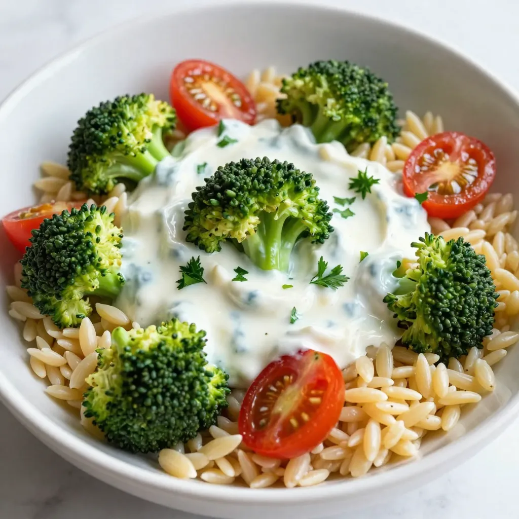 - 1 cup orzo pasta - 2 cups broccoli florets - 1/2 cup cherry tomatoes, halved - 1/4 cup red onion, finely chopped - 1/2 cup Greek yogurt - 1 tablespoon mayonnaise - 1 tablespoon fresh lemon juice - 1 teaspoon garlic powder - 1/2 teaspoon salt - 1/4 teaspoon freshly ground black pepper - 1/4 cup grated Parmesan cheese (optional) - Fresh parsley, chopped, for garnish Gathering the right ingredients is key for this creamy broccoli orzo salad. First, I use one cup of orzo pasta. This small pasta cooks quickly and adds a nice texture. Next, I use two cups of fresh broccoli florets. They bring crunch and color to the dish. I add half a cup of halved cherry tomatoes for a juicy burst in every bite. A quarter cup of finely chopped red onion offers a slight bite that balances the creamy dressing. For creaminess, I mix in half a cup of Greek yogurt and one tablespoon of mayonnaise. To brighten the flavors, I add one tablespoon of fresh lemon juice and one teaspoon of garlic powder. A pinch of salt and freshly ground black pepper enhance all the tastes. If you like cheese, sprinkle in a quarter cup of grated Parmesan. Lastly, I garnish with fresh parsley for a touch of green. These ingredients come together for a fresh, tasty salad that's easy to make and full of flavor. {{ingredient_image_2}} To start, bring about four quarts of salted water to a strong boil. Add 1 cup of orzo pasta. Cook it for 8-10 minutes. You want it to be al dente, which means it should still have a slight bite to it. This keeps the orzo from getting mushy. Once cooked, drain the orzo in a colander. Spread it out to cool. While the orzo cooks, fill another pot with water. Bring it to a boil. Add 2 cups of broccoli florets and blanch them for 2-3 minutes. You want them to be bright green and tender-crisp. After that, drain the broccoli. Quickly plunge it into a bowl with ice water. This stops cooking and keeps the color vibrant. After one minute, drain the broccoli again and set it aside. In a medium bowl, combine 1/2 cup of Greek yogurt, 1 tablespoon of mayonnaise, and 1 tablespoon of fresh lemon juice. Add 1 teaspoon of garlic powder, 1/2 teaspoon of salt, and 1/4 teaspoon of black pepper. Whisk until smooth and creamy. Taste it! If it needs more flavor, add salt or lemon juice. In a large bowl, gently mix the cooled orzo, blanched broccoli, 1/2 cup of halved cherry tomatoes, and 1/4 cup of finely chopped red onion. Pour the dressing over the mixture. Toss everything carefully to coat well. You want every bite to be flavorful. Cover the salad with plastic wrap. You can also use an airtight container. Chill it in the fridge for at least 30 minutes. This helps the flavors come together. Before serving, garnish with chopped fresh parsley. This adds a nice touch and makes it look bright. You can change the taste of your creamy broccoli orzo salad easily. Start by adjusting the seasoning. If you like more zing, add a bit more lemon juice. For spice lovers, a pinch of red pepper flakes can give it a kick. You can also mix in fresh herbs like dill or basil for extra flavor. Want to take it further? Try adding cooked chicken or bacon for a savory touch. You can even toss in some nuts for crunch! Serving your salad in a fun dish makes it more appealing. A bright bowl or platter will catch eyes. You can also drizzle extra lemon juice on top to make it shine. For garnishing, sprinkle fresh parsley over the salad just before serving. This adds color and freshness. You could also use edible flowers for a fancy touch! When it comes to serving size, think about the occasion. For a light lunch, this salad serves four easily. If it’s a party, consider doubling the recipe. Each serving should be about one cup. For smaller portions, especially as a side dish, aim for half a cup. This way, everyone can enjoy it without feeling too full! Pro Tips Perfectly Cooked Orzo: Ensure you cook the orzo in a large pot of salted water to prevent it from sticking together. Stir occasionally to keep it separated. Colorful Presentation: For an eye-catching salad, use a variety of colored cherry tomatoes. The mix of red, yellow, and orange can elevate the visual appeal. Freshness is Key: Use freshly squeezed lemon juice instead of bottled juice for the dressing. It enhances the flavor and brightness of the salad. Add Crunch: Consider adding toasted nuts or seeds, like pine nuts or sunflower seeds, for an extra crunch and flavor contrast in the salad. {{image_4}} You can boost this salad by adding proteins. Chicken, shrimp, or beans work well. If you choose chicken, grill or roast it first. For shrimp, sauté until pink. If you prefer beans, use canned ones, rinsed and drained. This adds texture and makes it filling. Feel free to swap in seasonal vegetables. You can use bell peppers, snap peas, or carrots. Just chop them small for easy mixing. This keeps the salad fresh and interesting. You can also add corn in the summer or roasted squash in the fall. If you need a gluten-free option, use gluten-free pasta. Many stores offer rice or quinoa-based orzo. They cook similarly and taste great. Just check the cooking time on the package. This way, everyone can enjoy this tasty dish! To store Creamy Broccoli Orzo Salad, use a clean, airtight container. This keeps the salad fresh. It can last in the fridge for 3 to 4 days. Keep it in the main part of the fridge, not the door. This helps maintain a steady, cool temperature. You can freeze this salad, but it may change texture. To freeze, place the salad in a freezer-safe container. Leave some space at the top for expansion. It will keep for about 2 months. To thaw, move it to the fridge overnight. This helps maintain some texture. For the best taste, enjoy this salad cold. If you prefer it warm, gently reheat in a pan. Use low heat and stir often. You can also microwave it for 30 seconds at a time. Check it frequently to avoid overheating. This keeps the flavors fresh and bright. Yes, you can make this salad ahead. I suggest prepping it a few hours in advance. Chilling the salad for at least 30 minutes helps the flavors blend well. You can store the salad in the fridge in an airtight container. This keeps it fresh until you are ready to serve. To make this salad vegan, swap Greek yogurt for a dairy-free yogurt. You can use cashew or almond yogurt for a creamy texture. Replace mayonnaise with a vegan mayo. For cheese, try nutritional yeast or a vegan cheese option. These swaps keep the taste delicious and creamy. You can add many toppings to this salad. Try sliced olives for a briny kick. Crumbled feta cheese adds a nice tang. Roasted nuts like almonds or walnuts give crunch. Fresh herbs like dill or basil can enhance flavor too. Feel free to get creative with your choices! Regular orzo is not gluten-free as it is made from wheat. However, you can find gluten-free orzo made from rice or quinoa. Look for it in stores or online. Just check the labels to ensure it fits your dietary needs. This blog post covered how to make a tasty Creamy Broccoli Orzo Salad. We explored key ingredients, cooking methods, and some handy tips. You also learned about variations and storage options. Remember, your choices shape the flavor and look of the dish. Feel free to mix in proteins or try different veggies. This salad can fit any meal or gathering. Enjoy making it your own!