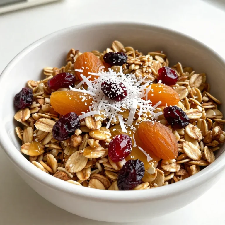 - 3 cups rolled oats - 1 cup assorted nuts (such as chopped almonds and walnuts) - 1/2 cup unsweetened shredded coconut The base of my granola starts with rolled oats. These oats give the granola its hearty texture. I love mixing in assorted nuts. Nuts like almonds and walnuts add crunch and healthy fats. Shredded coconut brings a hint of sweetness and a tropical feel. - 1/2 cup pure maple syrup - 1/4 cup coconut oil, melted I use pure maple syrup for a natural sweetness. It adds a rich flavor that pairs well with the oats. Coconut oil is my go-to fat. It melts easily and helps bind the granola together. - 1 teaspoon pure vanilla extract - 1/2 teaspoon ground cinnamon - 1/4 teaspoon sea salt Pure vanilla extract gives a warm, sweet aroma. Ground cinnamon adds a cozy spice. Just a pinch of sea salt balances the sweetness. These flavors work together to create a tasty snack. This simple list of ingredients makes a delicious maple vanilla granola. Each part plays a role in flavor and texture. You can easily find these items at your local store. {{ingredient_image_2}} Start by preheating your oven to 350°F (175°C). This temperature helps the granola bake evenly. Next, line a baking sheet with parchment paper. It makes cleanup easy and prevents sticking. In a big bowl, combine 3 cups of rolled oats, 1 cup of assorted nuts, and 1/2 cup of unsweetened shredded coconut. Use a big spoon to mix them gently. This ensures all ingredients blend well. In a separate bowl, whisk together 1/2 cup of pure maple syrup, 1/4 cup of melted coconut oil, 1 teaspoon of pure vanilla extract, 1/2 teaspoon of ground cinnamon, and 1/4 teaspoon of sea salt. Mix until it is smooth and well combined. This sweet mixture adds flavor to your granola. Now, drizzle the wet mixture over your dry ingredients. Stir it all together until every part is coated. Spread the granola mixture evenly on the lined baking sheet. Make a thin layer to help it bake evenly. Place the sheet in your preheated oven. Bake for 20-25 minutes. Stir the granola halfway through to help it brown nicely. Watch it closely to avoid burning; it should turn a lovely golden brown. Once the granola is baked, take it out of the oven. Let it cool completely on the baking sheet. This cooling step helps it become crispy. When it is cool, gently fold in 1/2 cup of your choice of dried fruits, like chopped cranberries or apricots. Mix them in well. Then, transfer your granola to an airtight container. Now, it’s ready for you to enjoy anytime! To get the best crunch in your granola, watch the baking closely. Bake it at 350°F. Stir it halfway through to ensure even cooking. This keeps the granola from burning while allowing it to turn golden. Remove it from the oven when it looks crisp. Letting it cool on the baking sheet helps it harden and become crunchy. Mixing is key to great granola. Start by combining the dry ingredients well. This includes oats, nuts, and coconut. Make sure they are evenly spread in the bowl. For the wet mixture, whisk the syrup and oil until smooth. Drizzle it over the dry mix. Use a spatula to fold gently, coating everything well. Stir carefully to avoid breaking the nuts. You can easily change the taste of your granola. Want it sweeter? Add more maple syrup or honey. Prefer a nutty flavor? Use different nuts like pecans or hazelnuts. For a twist, try adding spices like nutmeg or ginger. If you want a tropical vibe, swap in dried mango or pineapple for the fruits. The fun part is making it your own! Pro Tips Choose Your Nuts Wisely: Opt for a mix of nuts that you enjoy, as they add flavor and healthy fats to the granola. Customize Your Sweetness: Adjust the amount of maple syrup based on your preference for sweetness; you can use honey or agave syrup as alternatives. Mix in Spices: Experiment with other spices like nutmeg or ginger to add different flavor profiles to your granola. Storage Matters: Keep your granola in an airtight container at room temperature to maintain its crispiness for up to two weeks. {{image_4}} If you want a nut-free granola, you have great choices. Instead of nuts, use seeds. Sunflower seeds and pumpkin seeds work well. They add crunch and nutrition. You can use 1 cup of seeds in place of nuts. This keeps the granola tasty and safe for nut allergies. You can make your granola even more exciting with new flavors. Try adding spices like nutmeg or ginger. Almond extract gives a sweet taste, while coconut extract adds a tropical flair. A little pinch of cocoa powder can surprise your taste buds. Mix in these flavors along with the other ingredients for a unique twist. To keep your granola gluten-free, check all your ingredients. Rolled oats are usually safe, but make sure they are labeled gluten-free. Some brands process oats in facilities with gluten grains. Also, use gluten-free dried fruits to avoid hidden gluten. With these changes, everyone can enjoy your delicious granola! To keep your Maple Vanilla Granola fresh, use an airtight container. This helps prevent moisture from getting in. Store it in a cool, dark place like a pantry or cupboard. Avoid storing it near the stove or in direct sunlight. These conditions help maintain its crunch and flavor. When stored properly, your granola will stay fresh for about two weeks. After this time, it may lose some crunch and flavor. If you want it to last longer, consider freezing it. This way, you can enjoy it later without compromising taste. Freezing granola is easy. First, let it cool completely after baking. Then, place it in an airtight container or freezer bag. Be sure to remove as much air as possible. When you're ready to eat, simply take out the amount you need. Thaw it at room temperature or warm it in the oven for a few minutes. This will help restore its crunch. To make Maple Vanilla Granola, follow these steps: 1. Preheat your oven to 350°F (175°C). Line a baking sheet with parchment paper. 2. In a big bowl, mix 3 cups of rolled oats, 1 cup of assorted nuts (like almonds and walnuts), and 1/2 cup of unsweetened shredded coconut. 3. In another bowl, whisk together 1/2 cup of pure maple syrup, 1/4 cup of melted coconut oil, 1 teaspoon of pure vanilla extract, 1/2 teaspoon of ground cinnamon, and 1/4 teaspoon of sea salt. 4. Pour this wet mix over the dry ingredients. Stir until all the oats and nuts are coated. 5. Spread the granola mixture evenly on the baking sheet. Make sure it is in a thin layer. 6. Bake for 20-25 minutes. Stir halfway to help it brown evenly. Watch closely to avoid burning. 7. When golden brown, take it out and let it cool completely on the baking sheet. 8. Once cool, fold in 1/2 cup of dried fruits like chopped cranberries or apricots. 9. Store the granola in an airtight container for freshness. Granola offers many health benefits. It is high in fiber, which aids digestion. The oats provide slow energy release, keeping you fuller longer. Nuts add healthy fats and protein, which are great for your heart. Coconut adds a unique flavor and some fiber too. Dried fruits add natural sweetness and vitamins. When made with maple syrup, it offers a lower glycemic index than refined sugar. Yes, you can modify the recipe! Add your favorite nuts like cashews or pecans for extra crunch. You can also include various dried fruits, such as raisins, dates, or mango. If you love fresh flavors, try adding coconut chips or seeds like chia or flax. Just keep the total amount of dry ingredients balanced with the wet mixture for best results. This blog post has shown you how to make tasty granola. You learned about main ingredients like oats and nuts, along with sweeteners like maple syrup. I shared easy steps for preparation and baking, plus tips for getting that perfect crunch. Remember, you can customize your granola with different nuts and flavors. Store it properly to keep it fresh longer. Enjoy your homemade granola, packed with goodness and flavor! It’s a simple way to boost your meals or snacks.