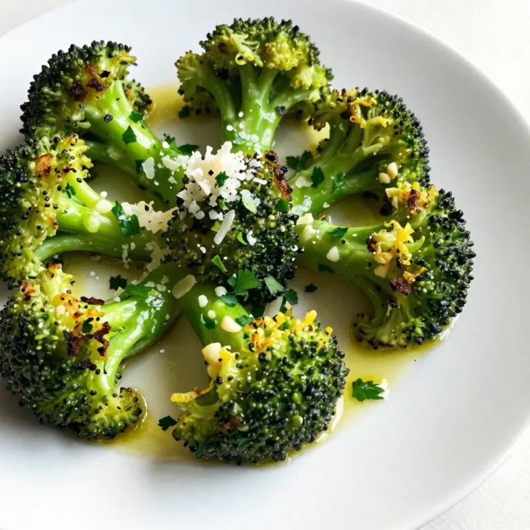 - 1 large head of broccoli, cut into bite-sized florets - 3 tablespoons extra-virgin olive oil - 4 cloves of garlic, finely minced - Zest of 1 fresh lemon - Juice of 1 fresh lemon - 1 teaspoon red pepper flakes (optional for an extra kick) - Salt, to taste - Freshly ground black pepper, to taste - 2 tablespoons finely grated Parmesan cheese (optional for a delicious cheesy finish) - Fresh parsley, chopped, for vibrant garnish In this recipe, I use fresh broccoli florets for the best taste. The extra-virgin olive oil keeps the broccoli moist and helps it roast well. Garlic adds a strong flavor. You can use fresh cloves for a punch or jarred minced garlic for ease. To season, I love using lemon zest and juice. These bring brightness and cut through the richness of the oil. Red pepper flakes give a spicy kick. Adjust the amount based on your heat preference. Don’t forget salt and freshly ground black pepper for balance. For optional additions, I recommend Parmesan cheese. It melts nicely and adds a savory touch. Fresh parsley makes a great garnish. It adds color and a fresh flavor that complements the dish. {{ingredient_image_2}} 1. First, preheat your oven to 425°F (220°C). A hot oven helps the broccoli crisp up nicely. 2. Next, cut a large head of broccoli into bite-sized florets. Place them in a sizable mixing bowl. This size helps them cook evenly. 1. In the mixing bowl, pour in 3 tablespoons of extra-virgin olive oil. 2. Add 4 minced garlic cloves, the zest of 1 lemon, and the juice of that lemon. If you like some heat, toss in 1 teaspoon of red pepper flakes. 3. Now, gently toss the broccoli in this flavorful mix. Ensure every floret gets coated well. 4. Season with salt and freshly ground black pepper to taste. Toss once more to mix everything evenly. 1. Spread the seasoned broccoli onto a large baking sheet. Make sure the florets are in a single layer. This helps them roast instead of steam. 2. Place the baking sheet in the oven. Roast for 18-20 minutes. The broccoli should be tender and have browned edges. 3. Halfway through, stir the florets for even cooking. 4. If you want a cheesy touch, sprinkle 2 tablespoons of grated Parmesan cheese over the broccoli during the last 5 minutes of roasting. 5. Once roasted, take the baking sheet out. You can garnish with freshly chopped parsley for color and flavor. To get the best flavor and texture, spread the broccoli in a single layer. This helps the heat reach every piece, making sure they roast instead of steam. If they are too close, they won't get that nice, crispy edge. Stir the broccoli halfway through roasting. This simple step keeps the cooking even and gives all sides a chance to brown. You can adjust the seasonings to fit your taste. If you want more zest, add more lemon juice or zest. If garlic isn't your favorite, try shallots or even onion powder. For a twist, consider using lime juice or zest instead of lemon. This swaps the flavor while keeping the dish fresh and bright. Make your dish pop by serving it in a colorful bowl. Drizzle any leftover juice from the baking sheet over the broccoli right before serving. This adds flavor and makes it look appealing. You can also add lemon slices on the side for a fresh touch. A sprinkle of fresh parsley on top adds a vibrant look and green color. Pro Tips Use Fresh Ingredients: Always opt for fresh broccoli and lemons to enhance the flavor of your dish. Fresh ingredients will provide a more vibrant taste and better texture. Adjust the Spice Level: If you prefer less heat, reduce the amount of red pepper flakes. Conversely, you can add more for an extra kick, ensuring it suits your taste. Don’t Overcrowd the Baking Sheet: Spread the broccoli out in a single layer on the baking sheet. Overcrowding will trap moisture and prevent the broccoli from roasting properly. Experiment with Seasonings: Feel free to add other spices, such as garlic powder or smoked paprika, to customize the flavor profile and make it your own. {{image_4}} You can boost the flavor and nutrition of your lemon garlic roasted broccoli. Here are some tasty ideas: - Adding nuts: Toss in some almonds or pine nuts before serving. They add a nice crunch and healthy fats. - Incorporating different cheeses: Try using feta or goat cheese instead of Parmesan. They bring a unique creaminess and tang. If you want to make this dish fit different diets, here are some options: - Vegan options: Skip the Parmesan cheese and use nutritional yeast for a cheesy flavor without dairy. - Gluten-free tips: This recipe is naturally gluten-free as long as you use gluten-free toppings. Want to switch things up? Here are a few fun ideas: - Different citrus alternatives: Use lime or orange juice instead of lemon. Each adds a fresh twist. - Adding spices: Sprinkle in some cumin or smoked paprika for a warm, smoky flavor. These spices can change the whole dish! To store leftover roasted broccoli, let it cool first. Place it in a clean, airtight container. This will keep it fresh. You can use glass or plastic containers. Just make sure they seal well. Roasted broccoli stays good in the fridge for up to three days. The best way to reheat without losing texture is in the oven. Preheat your oven to 350°F (175°C). Spread the broccoli on a baking sheet and warm it for about 10 minutes. This keeps it crispy. You can use a microwave if you're in a hurry. Heat it for one minute, but it may become softer. If you want to freeze roasted broccoli, let it cool completely first. Place it in a freezer-safe bag, removing as much air as possible. Roasted broccoli can last in the freezer for up to three months. To thaw, move it to the fridge overnight before reheating. You can also microwave it directly from the freezer, but the texture may change. Roasted broccoli will last about 3 to 5 days in the fridge. Store it in an airtight container. If you want to keep it longer, you can freeze it. In the freezer, it can last up to 3 months. Just make sure it cools down before you pack it away. Yes, you can use frozen broccoli. However, fresh broccoli gives a better texture. If you use frozen, thaw it first and pat it dry. This helps avoid sogginess. Frozen broccoli can cook faster, so check it early while roasting. Lemon garlic roasted broccoli pairs well with many meals. It works great with grilled chicken or fish. You can also serve it alongside pasta or rice dishes. Add it to a salad for a vibrant touch. It’s a versatile side that brightens up any plate! Roasting broccoli brings out its natural flavors and creates a tasty side dish. You learned about main ingredients like broccoli, garlic, and olive oil. I shared steps for preparation, mixing, and roasting to get great results. Plus, explore tips, variations, and storage options to enjoy your dish later. With these ideas, you can impress anyone with this simple recipe. Happy cooking!