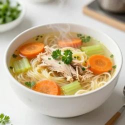 To make a great chicken noodle soup, you need some key ingredients. Here&rsquo;s what you will need: - 1 tablespoon olive oil - 1 medium onion, diced - 2 cloves garlic, minced - 2 medium carrots, sliced into rounds - 2 celery stalks, sliced - 1 teaspoon dried thyme - 1 teaspoon dried rosemary - 6 cups chicken broth (preferably low-sodium) - 2 cups cooked chicken, shredded (rotisserie chicken works great) - 1 cup egg noodles - Salt and pepper, to taste - Fresh parsley, finely chopped, for garnish Each ingredient plays a part in making the soup flavorful. Fresh vegetables bring sweetness. The herbs add depth. Chicken broth gives it that warm, comforting base. Choosing quality ingredients makes a difference. For chicken broth, I suggest low-sodium brands. They allow you to control the salt level better. For the chicken, rotisserie chicken saves time. It&rsquo;s tender and packed with flavor. When it comes to herbs, fresh is best if you have them. If not, dried versions work well too. I find that organic options often taste better. They keep that rich flavor. You can tweak the recipe based on what you have. If you lack egg noodles, try rice or whole grain pasta. They will cook differently, but they work. Swap in any cooked protein, like turkey, if needed. You can skip the celery if you&rsquo;re not a fan. Add more carrots instead for sweetness. If you want a vegan version, use vegetable broth and skip the chicken. You can add extra veggies like peas or spinach for freshness. {{ingredient_image_2}} First, gather all your ingredients. You will need olive oil, onion, garlic, carrots, celery, thyme, rosemary, chicken broth, cooked chicken, egg noodles, salt, pepper, and parsley. 1. Warm a large pot over medium heat. 2. Add one tablespoon of olive oil. 3. Dice one medium onion and add it to the pot. 4. Saut&eacute; the onion for about 3 to 4 minutes. 5. When the onion is soft, add two minced garlic cloves. 6. Slice two medium carrots into rounds and two celery stalks. 7. Add the carrots and celery to the pot. 8. Cook the mix for 5 to 6 minutes until tender. Next, add flavor with herbs. Add one teaspoon of dried thyme and one teaspoon of dried rosemary. Stir for about one minute. This helps release the herbs' oils and adds depth. Now, pour in six cups of chicken broth. Stir everything together. Bring your soup to a boil over high heat. Once boiling, reduce the heat to a gentle simmer. Add two cups of shredded chicken, preferably rotisserie, and one cup of egg noodles. Let this simmer for 10 to 12 minutes. This time allows the noodles to cook and absorb flavors. To keep egg noodles just right, watch the cooking time. Overcooked noodles can turn mushy. Stir the noodles gently during cooking. This helps them cook evenly. Taste your soup before serving. Add salt and pepper to suit your taste. Don't forget to garnish with fresh parsley! This adds a nice pop of color and flavor. Enjoy your classic chicken noodle soup! To make your chicken noodle soup unique, try adding different veggies. You can use peas, corn, or even spinach. Fresh herbs, like dill or basil, can give your soup a fresh taste. If you like spice, add a pinch of red pepper flakes. Swap the egg noodles for whole wheat or gluten-free noodles for a healthier choice. One big mistake is overcooking the noodles. They can become mushy and lose their bite. Always add noodles towards the end of cooking. Another mistake is not seasoning well. Taste your soup as you cook and adjust the salt and pepper. Also, don&rsquo;t skip the fresh parsley at the end. It adds nice flavor and color! For a deeper flavor, use homemade chicken broth if you can. If not, a good quality low-sodium broth works well. Saut&eacute; the onions and garlic until they are golden. This step builds a rich base. Adding a splash of lemon juice before serving brightens the flavors. Try these tips, and your soup will shine! Pro Tips Use Homemade Broth: For the best flavor, consider making your own chicken broth. It enhances the soup's richness and depth. Veggie Variations: Feel free to add other vegetables like peas, corn, or green beans for extra nutrition and color. Herb Freshness: If possible, use fresh herbs instead of dried for a brighter flavor. Add them towards the end of cooking to preserve their aroma. Texture Control: To prevent overcooking the noodles, consider cooking them separately and adding them to each bowl just before serving. {{image_4}} Want to make your chicken noodle soup healthier? You can use low-sodium broth. It cuts down on salt but keeps the rich flavor. Also, swap out regular noodles for whole grain or gluten-free options. You can add more veggies too! Try adding spinach, zucchini, or kale. These choices boost the nutrition and flavor. If you want a meatless soup, it's easy! For a vegetarian version, replace chicken with chickpeas or lentils. Use vegetable broth instead of chicken broth. You can still enjoy the classic taste by adding herbs and spices. For a vegan option, just skip the chicken and add tofu for protein. Want to spice things up? Try adding a squeeze of lemon for brightness. You can also toss in some fresh herbs like dill or basil for a new flavor. Another fun idea is to mix in some diced tomatoes or peas. These add color and a fresh taste. Don't be afraid to experiment and make it your own! To keep your chicken noodle soup fresh, store it in an airtight container. Let the soup cool down first. This helps prevent condensation, which can make your soup watery. Place the container in the fridge if you plan to eat it within a few days. When ready to eat, reheat your soup gently. Pour it into a pot and warm it on low heat. Stir often to avoid burning. You can add a splash of broth if the soup seems thick. For microwave use, heat it in short bursts. Stir between each burst to heat evenly. If you want to save soup for later, freezing is a great option. Use freezer-safe containers or bags. Leave some space at the top, as the soup will expand. It can last up to three months in the freezer. To thaw, place it in the fridge overnight before reheating. You can keep chicken noodle soup in the fridge for about 3 to 4 days. Store it in a tight container to keep it fresh. If you want to enjoy it later, consider freezing it. That way, you can save it for up to 3 months. Yes, you can use uncooked chicken in the soup. Just be sure to cook it fully before adding the noodles. Start by browning the chicken in the pot first. Then, add your veggies and broth. Cook until the chicken is tender. Then, shred it and stir it back into the soup. If you need a substitute for egg noodles, try using rice or whole grain pasta. You can also use gluten-free pasta if needed. Just remember to adjust the cooking time based on what you choose. Each option adds a different texture but still gives you that comforting feel. You&rsquo;ve learned how to make classic chicken noodle soup from scratch. We covered essential ingredients, step-by-step instructions, and expert tips. You now have ideas for variations and how to store your soup. Keep these tips in mind to avoid common mistakes. Remember, cooking is fun and allows for creativity. Enjoy your homemade soup, and don&rsquo;t hesitate to mix things up.