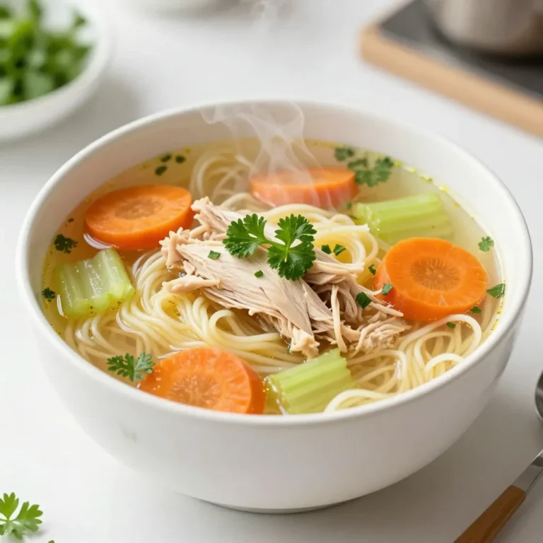 To make a great chicken noodle soup, you need some key ingredients. Here’s what you will need: - 1 tablespoon olive oil - 1 medium onion, diced - 2 cloves garlic, minced - 2 medium carrots, sliced into rounds - 2 celery stalks, sliced - 1 teaspoon dried thyme - 1 teaspoon dried rosemary - 6 cups chicken broth (preferably low-sodium) - 2 cups cooked chicken, shredded (rotisserie chicken works great) - 1 cup egg noodles - Salt and pepper, to taste - Fresh parsley, finely chopped, for garnish Each ingredient plays a part in making the soup flavorful. Fresh vegetables bring sweetness. The herbs add depth. Chicken broth gives it that warm, comforting base. Choosing quality ingredients makes a difference. For chicken broth, I suggest low-sodium brands. They allow you to control the salt level better. For the chicken, rotisserie chicken saves time. It’s tender and packed with flavor. When it comes to herbs, fresh is best if you have them. If not, dried versions work well too. I find that organic options often taste better. They keep that rich flavor. You can tweak the recipe based on what you have. If you lack egg noodles, try rice or whole grain pasta. They will cook differently, but they work. Swap in any cooked protein, like turkey, if needed. You can skip the celery if you’re not a fan. Add more carrots instead for sweetness. If you want a vegan version, use vegetable broth and skip the chicken. You can add extra veggies like peas or spinach for freshness. {{ingredient_image_2}} First, gather all your ingredients. You will need olive oil, onion, garlic, carrots, celery, thyme, rosemary, chicken broth, cooked chicken, egg noodles, salt, pepper, and parsley. 1. Warm a large pot over medium heat. 2. Add one tablespoon of olive oil. 3. Dice one medium onion and add it to the pot. 4. Sauté the onion for about 3 to 4 minutes. 5. When the onion is soft, add two minced garlic cloves. 6. Slice two medium carrots into rounds and two celery stalks. 7. Add the carrots and celery to the pot. 8. Cook the mix for 5 to 6 minutes until tender. Next, add flavor with herbs. Add one teaspoon of dried thyme and one teaspoon of dried rosemary. Stir for about one minute. This helps release the herbs' oils and adds depth. Now, pour in six cups of chicken broth. Stir everything together. Bring your soup to a boil over high heat. Once boiling, reduce the heat to a gentle simmer. Add two cups of shredded chicken, preferably rotisserie, and one cup of egg noodles. Let this simmer for 10 to 12 minutes. This time allows the noodles to cook and absorb flavors. To keep egg noodles just right, watch the cooking time. Overcooked noodles can turn mushy. Stir the noodles gently during cooking. This helps them cook evenly. Taste your soup before serving. Add salt and pepper to suit your taste. Don't forget to garnish with fresh parsley! This adds a nice pop of color and flavor. Enjoy your classic chicken noodle soup! To make your chicken noodle soup unique, try adding different veggies. You can use peas, corn, or even spinach. Fresh herbs, like dill or basil, can give your soup a fresh taste. If you like spice, add a pinch of red pepper flakes. Swap the egg noodles for whole wheat or gluten-free noodles for a healthier choice. One big mistake is overcooking the noodles. They can become mushy and lose their bite. Always add noodles towards the end of cooking. Another mistake is not seasoning well. Taste your soup as you cook and adjust the salt and pepper. Also, don’t skip the fresh parsley at the end. It adds nice flavor and color! For a deeper flavor, use homemade chicken broth if you can. If not, a good quality low-sodium broth works well. Sauté the onions and garlic until they are golden. This step builds a rich base. Adding a splash of lemon juice before serving brightens the flavors. Try these tips, and your soup will shine! Pro Tips Use Homemade Broth: For the best flavor, consider making your own chicken broth. It enhances the soup's richness and depth. Veggie Variations: Feel free to add other vegetables like peas, corn, or green beans for extra nutrition and color. Herb Freshness: If possible, use fresh herbs instead of dried for a brighter flavor. Add them towards the end of cooking to preserve their aroma. Texture Control: To prevent overcooking the noodles, consider cooking them separately and adding them to each bowl just before serving. {{image_4}} Want to make your chicken noodle soup healthier? You can use low-sodium broth. It cuts down on salt but keeps the rich flavor. Also, swap out regular noodles for whole grain or gluten-free options. You can add more veggies too! Try adding spinach, zucchini, or kale. These choices boost the nutrition and flavor. If you want a meatless soup, it's easy! For a vegetarian version, replace chicken with chickpeas or lentils. Use vegetable broth instead of chicken broth. You can still enjoy the classic taste by adding herbs and spices. For a vegan option, just skip the chicken and add tofu for protein. Want to spice things up? Try adding a squeeze of lemon for brightness. You can also toss in some fresh herbs like dill or basil for a new flavor. Another fun idea is to mix in some diced tomatoes or peas. These add color and a fresh taste. Don't be afraid to experiment and make it your own! To keep your chicken noodle soup fresh, store it in an airtight container. Let the soup cool down first. This helps prevent condensation, which can make your soup watery. Place the container in the fridge if you plan to eat it within a few days. When ready to eat, reheat your soup gently. Pour it into a pot and warm it on low heat. Stir often to avoid burning. You can add a splash of broth if the soup seems thick. For microwave use, heat it in short bursts. Stir between each burst to heat evenly. If you want to save soup for later, freezing is a great option. Use freezer-safe containers or bags. Leave some space at the top, as the soup will expand. It can last up to three months in the freezer. To thaw, place it in the fridge overnight before reheating. You can keep chicken noodle soup in the fridge for about 3 to 4 days. Store it in a tight container to keep it fresh. If you want to enjoy it later, consider freezing it. That way, you can save it for up to 3 months. Yes, you can use uncooked chicken in the soup. Just be sure to cook it fully before adding the noodles. Start by browning the chicken in the pot first. Then, add your veggies and broth. Cook until the chicken is tender. Then, shred it and stir it back into the soup. If you need a substitute for egg noodles, try using rice or whole grain pasta. You can also use gluten-free pasta if needed. Just remember to adjust the cooking time based on what you choose. Each option adds a different texture but still gives you that comforting feel. You’ve learned how to make classic chicken noodle soup from scratch. We covered essential ingredients, step-by-step instructions, and expert tips. You now have ideas for variations and how to store your soup. Keep these tips in mind to avoid common mistakes. Remember, cooking is fun and allows for creativity. Enjoy your homemade soup, and don’t hesitate to mix things up.