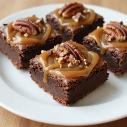 To create these pecan pie brownies, you need a mix of simple ingredients. Each one adds to the rich flavor and texture. Here&rsquo;s what you&rsquo;ll need: - 1 cup unsalted butter, melted - 1 cup granulated sugar - 1 cup packed brown sugar - 4 large eggs - 1 teaspoon vanilla extract - 1 cup all-purpose flour - &frac12; cup unsweetened cocoa powder - 1 teaspoon baking powder - &frac12; teaspoon salt - 1 cup chopped pecans - 1 cup semi-sweet chocolate chips - 1 cup caramel sauce (store-bought or homemade) You start with butter, sugars, and eggs. The butter makes the brownies rich. Granulated sugar and brown sugar give sweetness. Eggs help bind everything together. Next, you mix the dry ingredients: flour, cocoa powder, baking powder, and salt. Flour gives structure. Cocoa powder adds chocolate flavor. Baking powder helps the brownies rise. Salt balances the sweetness. Finally, add the fun stuff: chopped pecans, chocolate chips, and caramel sauce. Pecans add crunch. Chocolate chips melt into gooey goodness. Caramel sauce creates a sweet swirl that makes every bite special. These ingredients come together to create the ultimate sweet treat. Each one plays a crucial role in making these brownies truly irresistible! {{ingredient_image_2}} First, preheat your oven to 350&deg;F (175&deg;C). Grease a 9x13 inch baking pan with butter or cooking spray. Then, line the bottom with parchment paper. This step helps with easy removal later. In a large bowl, combine the melted butter with granulated and brown sugars. Whisk them until smooth. Next, add each egg one by one. Whisk after each addition to mix well. Finally, stir in the vanilla extract until combined. In another bowl, whisk together the flour, cocoa powder, baking powder, and salt. This ensures the dry ingredients mix evenly. Gradually fold this mixture into the wet ingredients using a spatula. Be gentle to keep the batter light and fluffy. Now it&rsquo;s time to add texture and flavor. Fold in the chopped pecans and semi-sweet chocolate chips. Make sure they are evenly mixed throughout the batter. This adds a delightful crunch and rich chocolate taste. Pour half of the brownie batter into your prepared pan. Use a spatula to spread it evenly. Drizzle half of the caramel sauce over this layer, letting it pool in spots. Next, spoon the rest of the batter on top, smoothing it out gently. Drizzle the remaining caramel sauce on top. Use a toothpick to swirl the caramel into the batter for a marbled design. Place the pan in the oven and bake for 30-35 minutes. To check if they are done, insert a toothpick into the center. It should come out with a few moist crumbs. Let the brownies cool in the pan on a wire rack for at least 30 minutes. This helps them set before cutting into squares. To get the best chewy brownies, mix carefully. After you add the dry ingredients, fold them in gently. Overmixing can make your brownies tough. You want a soft, fudgy texture. Stir just until you see no dry flour. It&rsquo;s okay if some lumps remain. This will keep them chewy and delicious. To create a beautiful caramel swirl, drizzle the caramel sauce in a few spots. Use a toothpick to swirl it into the brownie batter. Don&rsquo;t mix it all in; just a light swirl is perfect. This method gives you lovely pockets of caramel. It also makes your brownies look pretty. Serve these brownies warm for the best flavor. A scoop of vanilla ice cream on top makes them extra special. Drizzle more caramel sauce over the ice cream. Add a few whole pecans for a nice touch. This combination creates a delightful dessert. Your guests will love it! Pro Tips Use Room Temperature Eggs: Allow your eggs to come to room temperature before adding them to the batter. This helps create a smoother mixture and promotes better incorporation into the dough. Don't Overmix the Batter: Mixing the brownie batter just until combined will yield a fudgier texture. Overmixing can result in a cake-like consistency, which we want to avoid. Quality Chocolate Matters: Choose high-quality semi-sweet chocolate chips for a richer flavor. The better the chocolate, the more indulgent your brownies will be! Let Them Cool: Allow the brownies to cool completely in the pan before cutting. This will help them set up properly and make for cleaner, more defined squares. {{image_4}} If you want to swap out the pecans, try walnuts or hazelnuts. Both give a nice crunch. You can even skip nuts entirely for a nut-free treat. Just keep in mind that omitting nuts may change the texture a bit, but the flavor will still shine. To add more depth to your brownies, try adding cinnamon or nutmeg. A pinch can elevate the taste. If you love chocolate, consider mixing in dark or white chocolate chips. This will add a new layer of richness and make each bite even more delightful. For a gluten-free version, use almond flour or a gluten-free flour blend. These options work well and keep the brownies soft. If you need a vegan recipe, replace eggs with flaxseed meal mixed with water. Also, choose a vegan butter and ensure your chocolate is dairy-free. These swaps make the brownies suitable for everyone! To store your pecan pie brownies, wait until they cool completely. Cut them into squares and place them in an airtight container. You can keep them at room temperature for up to 3 days. If you want them to last longer, place them in the fridge. They will stay fresh for about a week in the fridge. Just make sure to separate layers with parchment paper to prevent sticking. Freezing is a great way to save these brownies for later. First, wrap each square in plastic wrap. Then, place the wrapped brownies in a freezer-safe bag or container. They can last up to 3 months in the freezer. When you're ready to enjoy them, just remove them from the freezer and let them thaw at room temperature. You can also microwave them for 15-20 seconds to warm them up. Reheating pecan pie brownies is easy. If you want them warm, preheat your oven to 350&deg;F (175&deg;C). Place the brownies on a baking sheet and heat for 10 minutes. This keeps them soft and tasty. If you prefer the microwave, heat one square at a time for about 15 seconds. Be careful not to overheat; you want to keep that gooey texture. Enjoy the rich flavors and perfect warmth! To check if your brownies are done, look for these signs: - The edges will pull away from the pan. - The top will look set and slightly shiny. - Insert a toothpick into the center. It should come out with a few moist crumbs. If it comes out clean, they may be overbaked. Remember, they will firm up as they cool. Yes, you can use a different pan size. Here&rsquo;s what to know: - A smaller pan makes thicker brownies. Increase baking time by a few minutes. - A larger pan leads to thinner brownies. Decrease baking time to avoid drying out. - Always keep an eye on them while baking, as times might vary. Pair your brownies with these ideas: - A scoop of vanilla ice cream adds creaminess. - Drizzle more caramel sauce on top for extra sweetness. - Serve with a cup of coffee or hot cocoa for warmth. These pairings enhance the rich flavors of the brownies and create a delightful experience. We covered how to make delicious pecan pie brownies from start to finish. You learned about the key ingredients, step-by-step mixing, and baking methods. I shared tips for chewy texture and perfect caramel swirls. You can also explore nut swaps, flavor boosts, and dietary changes to suit your needs. Don't forget proper storage and reheating methods to keep them fresh. Enjoy experimenting with this recipe and make it your own!
