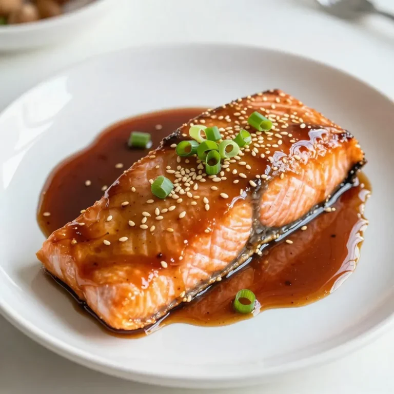 - 4 salmon fillets (6 oz each) - 1/4 cup low-sodium soy sauce - 2 tablespoons freshly grated ginger - 2 tablespoons honey - 1 tablespoon sesame oil - 2 cloves garlic, finely minced - 1 tablespoon rice vinegar - 1 teaspoon sesame seeds - 2 green onions, finely chopped (for garnish) - Salt and pepper to taste Choose fresh salmon for the best taste. Look for fillets with bright color and no strong fishy smell. Fresh ginger adds a vibrant kick, while low-sodium soy sauce keeps the dish balanced. Opt for organic honey if possible. It brings out the sweetness without overpowering the other flavors. If you can't find low-sodium soy sauce, use regular soy sauce but cut back on added salt. You can replace honey with maple syrup for a vegan version. If sesame oil is unavailable, olive oil works in a pinch but will change the flavor slightly. For a different twist, try using lime juice instead of rice vinegar for a tangy kick. {{ingredient_image_2}} To start, gather your ingredients for the marinade. You need: - 1/4 cup low-sodium soy sauce - 2 tablespoons freshly grated ginger - 2 tablespoons honey - 1 tablespoon sesame oil - 2 cloves garlic, finely minced - 1 tablespoon rice vinegar In a medium mixing bowl, combine the soy sauce, ginger, honey, sesame oil, garlic, and rice vinegar. Whisk these together until smooth. This marinade packs a big flavor punch. The ginger adds warmth, while honey gives sweetness. Now it’s time to marinate the salmon. Take four salmon fillets, each about 6 ounces. Place the fillets in a shallow dish. Pour the marinade over the salmon, covering it well. Make sure each piece is coated on all sides. Cover the dish and let it sit in the fridge for 30 minutes. This allows the salmon to soak up all the tasty flavors. The longer you marinate, the more flavor you’ll get. Just don’t go overboard, or the fish might get too salty. You can cook the marinated salmon in two ways: grilling or baking. Grilling: Preheat your grill to medium-high heat, about 375°F (190°C). Remove the salmon from the marinade, but keep the leftover marinade for later. Lightly season the fillets with salt and pepper. Place them skin-side down on the grill. Grill for 4-5 minutes on each side, or until the salmon flakes easily with a fork. Baking: If you prefer baking, line a baking sheet with parchment paper. Place the salmon skin-side down on the sheet. Bake for 12-15 minutes. Baste the salmon with the reserved marinade halfway through cooking. This keeps it juicy and adds even more flavor. Whichever method you choose, the salmon will turn out deliciously glazed and flavorful. Enjoy every bite! To check if your salmon is done, use a fork. Gently press the salmon with the fork. If it flakes easily, it is cooked. The color should change from bright pink to a soft, opaque hue. You can also use a thermometer. Insert it into the thickest part of the fillet. Aim for an internal temperature of 145°F (63°C). This ensures it is safe to eat and still juicy. Marinating salmon helps boost flavor. Always use a non-reactive dish. Glass or ceramic works well. Coat the salmon evenly with the marinade. Let it sit for at least 30 minutes. For deeper flavor, marinate for up to 2 hours in the fridge. Avoid marinating too long, as the acid can break down the fish. This may change the texture and make it mushy. To enhance the flavor of your ginger soy glazed salmon, add extra ingredients. Consider using citrus zest, like lemon or lime. This adds bright notes to the dish. Fresh herbs like cilantro or basil can also bring freshness. If you enjoy a bit of heat, add chili flakes or sriracha. Experiment with different toppings too. Chopped nuts or seeds can give a delightful crunch. Pro Tips Marination Time: For the best flavor, consider marinating the salmon for at least 1 hour or even overnight in the refrigerator. This allows the ginger and soy sauce to deeply penetrate the fish. Grill Marks: To achieve perfect grill marks, make sure your grill is preheated and do not move the salmon once it’s placed on the grill for the first 4-5 minutes. Fresh Ingredients: Use fresh ginger and garlic for a more vibrant flavor. If possible, try to avoid pre-grated or jarred versions. Serving Suggestions: Pair your salmon with a side of quinoa or steamed vegetables to create a balanced and colorful meal. {{image_4}} You can easily change the flavor of this dish. Try using orange juice instead of honey. This adds a bright sweetness. You might also enjoy adding sriracha or chili paste for heat. A splash of lime juice can give a nice tang. Adding fresh herbs like cilantro or basil can also boost the taste. Ginger soy glazed salmon pairs well with many sides. Serve it on a bed of steamed rice for a classic touch. Sautéed bok choy or asparagus adds great color and texture. A simple salad with cucumber and avocado makes a fresh side. For a quick meal, serve salmon with quinoa or couscous. You can also add lime wedges for a zesty finish on your plate. Seasonal ingredients can elevate your dish. In spring, add fresh peas or snap peas for crunch. In summer, try grilled corn as a side. Autumn brings great options like roasted sweet potatoes. Winter is perfect for adding kale or Brussels sprouts. Adjusting your ingredients to the seasons keeps your meals fresh and exciting. After you enjoy your Ginger Soy Glazed Salmon, store leftovers properly. First, let the salmon cool to room temperature. Then, wrap the fillets in plastic wrap or foil. You can also place them in an airtight container. This helps keep the salmon fresh for up to three days in the fridge. If you have extra marinade, store it separately in a small jar. When it's time to enjoy your leftovers, reheat them gently. The best way is to use an oven. Preheat the oven to 275°F (135°C). Place the salmon on a baking sheet and cover it with foil. Heat for about 10 minutes or until warm. You can also use a microwave. Place the salmon on a microwave-safe plate and cover it with a damp paper towel. Heat in short bursts of 30 seconds until warm. This keeps the salmon moist. If you want to save salmon for later, freezing works well. Wrap the cooled fillets tightly in plastic wrap. Then, place them in a freezer bag, removing as much air as possible. You can freeze the salmon for up to three months. When you're ready to eat, thaw the salmon in the fridge overnight. Avoid thawing at room temperature, as this can affect the texture. Once thawed, reheat using the methods above to enjoy a tasty meal again. Yes, you can use frozen salmon. Just make sure to thaw it first. Place the salmon in the fridge overnight or submerge it in cold water for quicker thawing. Once thawed, you can follow the recipe as usual. The marinade will still work well with frozen salmon. The best way to check salmon doneness is by using a fork. Gently press the salmon with a fork. If it flakes easily, it’s done. The internal temperature should reach 145°F (63°C). You can also look for a change in color. The salmon should be opaque and slightly pink in the center. Serve Ginger Soy Glazed Salmon on a vibrant plate. A bed of steamed rice or sautéed bok choy works well. Top with sesame seeds and green onions for a pop of color. Drizzle some reserved marinade over the salmon for extra flavor. Lime wedges add a fresh, zesty touch. To sum up, we explored the key ingredients for a delicious salmon dish, including substitution options. I shared easy steps for marinating and cooking your salmon, whether you grill or bake. We also covered tips for checking doneness and flavoring. You learned about tasty variations, how to store leftovers, and answered common questions. Salmon can transform your meals, so enjoy experimenting with flavors. Your kitchen can be the place for great dishes. Keep these tips in mind for perfect salmon every time!
