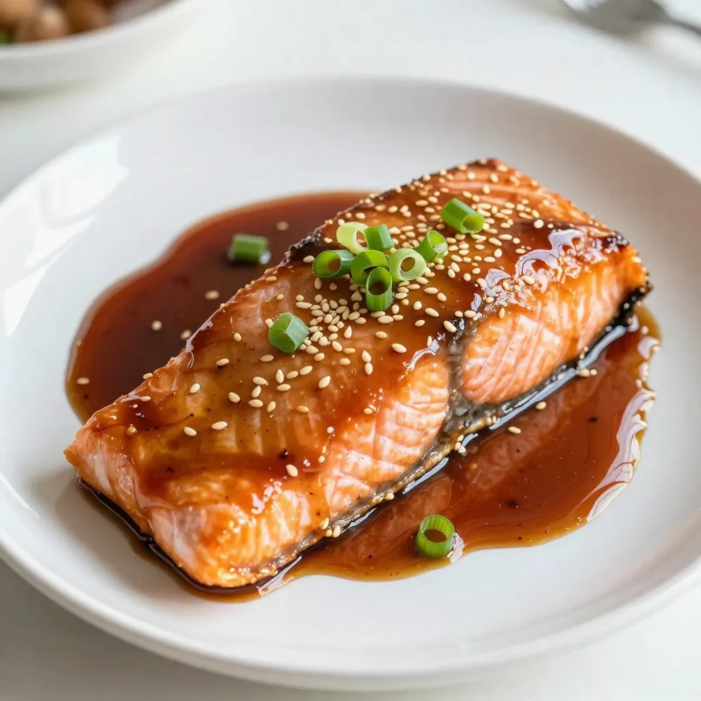 - 4 salmon fillets (6 oz each) - 1/4 cup low-sodium soy sauce - 2 tablespoons freshly grated ginger - 2 tablespoons honey - 1 tablespoon sesame oil - 2 cloves garlic, finely minced - 1 tablespoon rice vinegar - 1 teaspoon sesame seeds - 2 green onions, finely chopped (for garnish) - Salt and pepper to taste Choose fresh salmon for the best taste. Look for fillets with bright color and no strong fishy smell. Fresh ginger adds a vibrant kick, while low-sodium soy sauce keeps the dish balanced. Opt for organic honey if possible. It brings out the sweetness without overpowering the other flavors. If you can't find low-sodium soy sauce, use regular soy sauce but cut back on added salt. You can replace honey with maple syrup for a vegan version. If sesame oil is unavailable, olive oil works in a pinch but will change the flavor slightly. For a different twist, try using lime juice instead of rice vinegar for a tangy kick. {{ingredient_image_2}} To start, gather your ingredients for the marinade. You need: - 1/4 cup low-sodium soy sauce - 2 tablespoons freshly grated ginger - 2 tablespoons honey - 1 tablespoon sesame oil - 2 cloves garlic, finely minced - 1 tablespoon rice vinegar In a medium mixing bowl, combine the soy sauce, ginger, honey, sesame oil, garlic, and rice vinegar. Whisk these together until smooth. This marinade packs a big flavor punch. The ginger adds warmth, while honey gives sweetness. Now it’s time to marinate the salmon. Take four salmon fillets, each about 6 ounces. Place the fillets in a shallow dish. Pour the marinade over the salmon, covering it well. Make sure each piece is coated on all sides. Cover the dish and let it sit in the fridge for 30 minutes. This allows the salmon to soak up all the tasty flavors. The longer you marinate, the more flavor you’ll get. Just don’t go overboard, or the fish might get too salty. You can cook the marinated salmon in two ways: grilling or baking. Grilling: Preheat your grill to medium-high heat, about 375°F (190°C). Remove the salmon from the marinade, but keep the leftover marinade for later. Lightly season the fillets with salt and pepper. Place them skin-side down on the grill. Grill for 4-5 minutes on each side, or until the salmon flakes easily with a fork. Baking: If you prefer baking, line a baking sheet with parchment paper. Place the salmon skin-side down on the sheet. Bake for 12-15 minutes. Baste the salmon with the reserved marinade halfway through cooking. This keeps it juicy and adds even more flavor. Whichever method you choose, the salmon will turn out deliciously glazed and flavorful. Enjoy every bite! To check if your salmon is done, use a fork. Gently press the salmon with the fork. If it flakes easily, it is cooked. The color should change from bright pink to a soft, opaque hue. You can also use a thermometer. Insert it into the thickest part of the fillet. Aim for an internal temperature of 145°F (63°C). This ensures it is safe to eat and still juicy. Marinating salmon helps boost flavor. Always use a non-reactive dish. Glass or ceramic works well. Coat the salmon evenly with the marinade. Let it sit for at least 30 minutes. For deeper flavor, marinate for up to 2 hours in the fridge. Avoid marinating too long, as the acid can break down the fish. This may change the texture and make it mushy. To enhance the flavor of your ginger soy glazed salmon, add extra ingredients. Consider using citrus zest, like lemon or lime. This adds bright notes to the dish. Fresh herbs like cilantro or basil can also bring freshness. If you enjoy a bit of heat, add chili flakes or sriracha. Experiment with different toppings too. Chopped nuts or seeds can give a delightful crunch. Pro Tips Marination Time: For the best flavor, consider marinating the salmon for at least 1 hour or even overnight in the refrigerator. This allows the ginger and soy sauce to deeply penetrate the fish. Grill Marks: To achieve perfect grill marks, make sure your grill is preheated and do not move the salmon once it’s placed on the grill for the first 4-5 minutes. Fresh Ingredients: Use fresh ginger and garlic for a more vibrant flavor. If possible, try to avoid pre-grated or jarred versions. Serving Suggestions: Pair your salmon with a side of quinoa or steamed vegetables to create a balanced and colorful meal. {{image_4}} You can easily change the flavor of this dish. Try using orange juice instead of honey. This adds a bright sweetness. You might also enjoy adding sriracha or chili paste for heat. A splash of lime juice can give a nice tang. Adding fresh herbs like cilantro or basil can also boost the taste. Ginger soy glazed salmon pairs well with many sides. Serve it on a bed of steamed rice for a classic touch. Sautéed bok choy or asparagus adds great color and texture. A simple salad with cucumber and avocado makes a fresh side. For a quick meal, serve salmon with quinoa or couscous. You can also add lime wedges for a zesty finish on your plate. Seasonal ingredients can elevate your dish. In spring, add fresh peas or snap peas for crunch. In summer, try grilled corn as a side. Autumn brings great options like roasted sweet potatoes. Winter is perfect for adding kale or Brussels sprouts. Adjusting your ingredients to the seasons keeps your meals fresh and exciting. After you enjoy your Ginger Soy Glazed Salmon, store leftovers properly. First, let the salmon cool to room temperature. Then, wrap the fillets in plastic wrap or foil. You can also place them in an airtight container. This helps keep the salmon fresh for up to three days in the fridge. If you have extra marinade, store it separately in a small jar. When it's time to enjoy your leftovers, reheat them gently. The best way is to use an oven. Preheat the oven to 275°F (135°C). Place the salmon on a baking sheet and cover it with foil. Heat for about 10 minutes or until warm. You can also use a microwave. Place the salmon on a microwave-safe plate and cover it with a damp paper towel. Heat in short bursts of 30 seconds until warm. This keeps the salmon moist. If you want to save salmon for later, freezing works well. Wrap the cooled fillets tightly in plastic wrap. Then, place them in a freezer bag, removing as much air as possible. You can freeze the salmon for up to three months. When you're ready to eat, thaw the salmon in the fridge overnight. Avoid thawing at room temperature, as this can affect the texture. Once thawed, reheat using the methods above to enjoy a tasty meal again. Yes, you can use frozen salmon. Just make sure to thaw it first. Place the salmon in the fridge overnight or submerge it in cold water for quicker thawing. Once thawed, you can follow the recipe as usual. The marinade will still work well with frozen salmon. The best way to check salmon doneness is by using a fork. Gently press the salmon with a fork. If it flakes easily, it’s done. The internal temperature should reach 145°F (63°C). You can also look for a change in color. The salmon should be opaque and slightly pink in the center. Serve Ginger Soy Glazed Salmon on a vibrant plate. A bed of steamed rice or sautéed bok choy works well. Top with sesame seeds and green onions for a pop of color. Drizzle some reserved marinade over the salmon for extra flavor. Lime wedges add a fresh, zesty touch. To sum up, we explored the key ingredients for a delicious salmon dish, including substitution options. I shared easy steps for marinating and cooking your salmon, whether you grill or bake. We also covered tips for checking doneness and flavoring. You learned about tasty variations, how to store leftovers, and answered common questions. Salmon can transform your meals, so enjoy experimenting with flavors. Your kitchen can be the place for great dishes. Keep these tips in mind for perfect salmon every time!