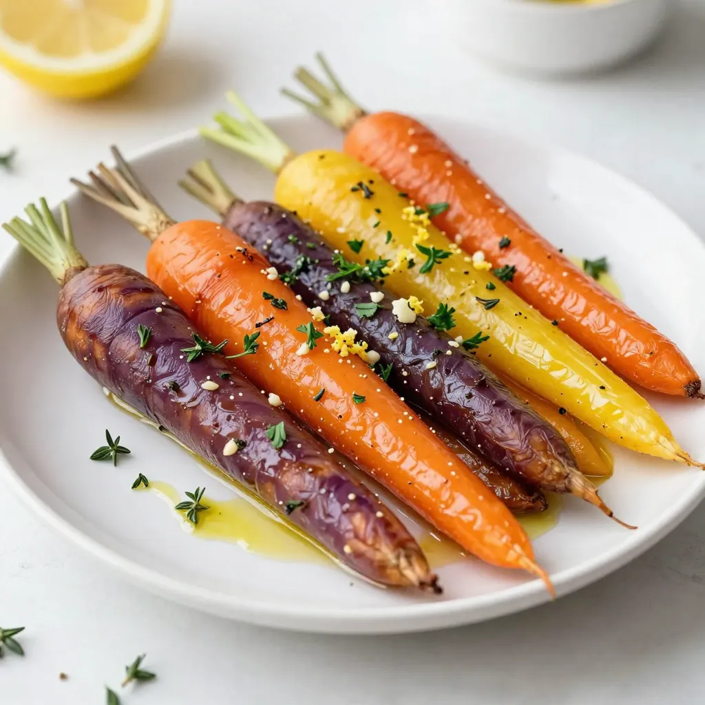 - 1 pound rainbow carrots, thoroughly peeled and cut into uniform sticks - 4 cloves garlic, finely minced - 3 tablespoons high-quality olive oil - 1 teaspoon dried thyme - 1 teaspoon dried rosemary - 1 teaspoon sea salt - 1/2 teaspoon freshly cracked black pepper - Fresh parsley, finely chopped - Zest of 1 fresh lemon Garlic Herb Roasted Rainbow Carrots are vibrant and tasty. The rainbow carrots add a pop of color and a sweet flavor. You can find them at local markets or grocery stores. I love using fresh garlic in this dish. It gives a strong and rich taste that blends perfectly with the carrots. I use high-quality olive oil to help the herbs stick and add depth to the flavor. Dried thyme and rosemary bring earthiness and warmth. Sea salt and black pepper enhance all the flavors. For garnish, I sprinkle fresh parsley to add a bright touch. The lemon zest gives a zesty lift, making each bite refreshing. These simple ingredients work together to create a delicious side dish that everyone will love. {{ingredient_image_2}} Preheating your oven is a key step. It helps the carrots roast evenly and develop great flavor. Set the oven to 425°F (220°C) for the best results. A hot oven will caramelize the sugars in the carrots, making them sweet and tender. Start by peeling the rainbow carrots. Use a sharp peeler for a smooth finish. Cut the carrots into uniform sticks. This ensures they cook at the same rate. Aim for about 1-inch pieces. This size helps them roast perfectly. In a large mixing bowl, add the carrots. Next, toss in the minced garlic, olive oil, dried thyme, dried rosemary, sea salt, and black pepper. Use your hands or a spatula to mix. Make sure all the pieces are well coated. This step is vital for flavor. Line a baking sheet with parchment paper. This makes cleanup easy and prevents sticking. Spread the carrots in a single layer. Avoid overcrowding them, as this helps them roast evenly. Good spacing leads to better browning. Place the baking sheet in the oven. Roast the carrots for 20 to 25 minutes. Halfway through, give them a stir. This helps with even cooking and browning. You’ll know they’re done when they’re caramelized and fork-tender. When you take the carrots out, sprinkle them with chopped parsley and lemon zest. This adds a fresh and zesty flavor. Plate the vibrant carrots nicely. They make a fantastic side dish or a colorful addition to your meal. To get the best rainbow carrots, look for bright colors and firm texture. The carrots should feel heavy for their size. Avoid any that are soft or have brown spots. You can find rainbow carrots year-round, but they peak in the spring and fall. For great caramelization, cut the carrots into even sticks. This helps them cook evenly and brown better. Make sure to space them out on the baking sheet. Overcrowding can cause steaming, which leads to sogginess. Roasting at a high temperature, like 425°F (220°C), is key for that nice, caramel color. You can try adding fresh herbs like basil or dill for a twist. A pinch of smoked paprika can bring a warm depth. If you want some heat, consider adding a dash of cayenne pepper. These small changes can elevate the taste and make your dish unique. Pro Tips Uniform Sizing: Cutting the carrots into uniform sticks ensures they cook evenly and achieve the perfect tenderness. High-Quality Olive Oil: Using a high-quality olive oil enhances the flavor of the dish. Don’t skimp on this ingredient! Stir Halfway Through: Giving the carrots a stir halfway through roasting promotes even browning and caramelization, making them extra delicious. Garnish for Freshness: Adding fresh parsley and lemon zest right after roasting brightens up the dish and adds a burst of flavor. {{image_4}} If you want to change the herbs in this dish, you have great options. You can use oregano or basil in place of thyme and rosemary. Both add their own unique flavor. Fresh herbs are also a fantastic choice. Fresh thyme and rosemary provide a stronger taste than dried. If you have them, try fresh for a burst of flavor. Adding citrus or vinegar can make the carrots even more exciting. Fresh lemon juice brightens the dish. You can also sprinkle balsamic vinegar for a tangy kick. If you like sweet, consider honey or maple syrup. Both add a nice glaze and balance the savory garlic. You can grill the carrots instead of roasting them. This gives a smoky flavor and nice grill marks. If you want a quicker method, try an air fryer. It cooks the carrots fast and makes them crispy. Both methods work well, so choose what fits your time and taste! To keep your Garlic Herb Roasted Rainbow Carrots fresh, use airtight containers. Glass or plastic containers work great. Store them in the fridge. They last up to three days. After that, they may lose their taste and texture. To reheat, use the oven for the best results. Set it to 350°F (175°C). Place the carrots on a baking sheet and heat for about 10 minutes. This keeps them tender. You can also use a microwave but be careful. Microwaves can make them soggy. To maintain flavor, add a splash of olive oil before reheating. This helps keep the taste fresh and appealing. If you want to store them longer, freezing is a great option. Allow the carrots to cool completely. Then, place them in a freezer-safe bag. Remove as much air as possible before sealing. They can last up to three months in the freezer. When ready to eat, defrost them in the fridge overnight. Reheat in the oven to restore their original texture. Avoid using a microwave for defrosting; this can change the texture and flavor. You can use regular carrots. They will taste sweeter but lack the colorful look. Rainbow carrots add vibrant colors that make your dish pop. The mix of shades also brings fun to your plate. If you use regular carrots, the flavor will still be good, but the visual appeal will be less exciting. To make this recipe vegan, swap olive oil for a plant-based oil. You could use avocado oil or sunflower oil instead. Both options work well and keep the dish tasty. Just ensure all other ingredients are dairy-free. This way, you still get great flavor without using animal products. These carrots pair well with many dishes. Try serving them with grilled chicken, fish, or tofu for protein. They also go great with grains like quinoa or rice. For a complete meal, add a fresh salad or a simple soup. The carrots add a colorful touch to any plate. Roasting carrots usually takes about 20-25 minutes. Start by preheating your oven to 425°F (220°C). Toss the carrots, then spread them out on a baking sheet. Halfway through roasting, stir them for even cooking. You know they are done when they look caramelized and are fork-tender. You can prepare the carrots ahead of time. Peel and cut them, then store them in the fridge. Mix the garlic and herbs in advance too. When ready to cook, toss everything together and roast. This saves time and still gives you a tasty side dish. Roasting rainbow carrots is easy and fun. You learned how to prep, season, and cook them. I shared tips for perfect flavor and texture. Remember to choose fresh carrots and add your favorite herbs. Storing leftovers has simple methods too. You can enjoy this dish any time with just a little planning. By using the steps and tips shared, you’ll create a bright and tasty dish. Enjoy your delicious garlic herb roasted rainbow carrots!