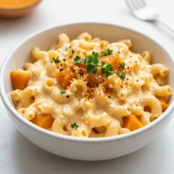 To make a tasty butternut squash mac and cheese, you need a few simple ingredients: - 2 cups elbow macaroni - 2 cups butternut squash, peeled and diced - 2 tablespoons olive oil - 1 small onion, finely chopped - 2 cloves garlic, minced - 1 teaspoon dried sage - 1 teaspoon paprika - 1 &frac12; cups shredded sharp cheddar cheese - &frac12; cup grated Parmesan cheese - 2 cups milk (whole or plant-based) - 2 tablespoons all-purpose flour - Salt and pepper to taste - Fresh parsley, chopped (for garnish) Each of these ingredients plays a key role in creating a creamy and flavorful dish. The elbow macaroni provides a perfect base. The butternut squash adds natural sweetness and creaminess. Olive oil helps saut&eacute; the aromatics, while onion and garlic give depth of flavor. Spices like sage and paprika enhance the taste, making it more complex. The sharp cheddar cheese and Parmesan bring richness and a cheesy pull. Milk makes the sauce smooth, and flour helps thicken it. Finally, seasoning with salt and pepper balances the flavors, while parsley adds a fresh touch. Gather these ingredients, and you&rsquo;re ready to create a delicious meal that warms the heart! {{ingredient_image_2}} Set your oven to 350&deg;F (175&deg;C). This heat is perfect for baking the mac and cheese. In a big pot, boil salted water. Add 2 cups of elbow macaroni. Cook for 7-9 minutes until it's al dente. Drain the pasta and set it aside. While the pasta cooks, fill a medium saucepan with water. Bring it to a gentle boil. Add 2 cups of diced butternut squash. Cook for 10-12 minutes. The squash should be tender when you pierce it with a fork. Drain and mash or blend until smooth. In a large skillet, drizzle 2 tablespoons of olive oil. Heat it over medium. Add 1 small chopped onion. Saut&eacute; for 4-5 minutes until it&rsquo;s soft. Next, add 2 minced garlic cloves, 1 teaspoon of dried sage, and 1 teaspoon of paprika. Stir for 1 minute to release the aromas. Sprinkle 2 tablespoons of all-purpose flour over the saut&eacute;ed onions. Stir and cook for 1-2 minutes. This helps get rid of the raw flour taste. Slowly whisk in 2 cups of milk, stirring until it thickens and bubbles gently, about 3-4 minutes. Add the butternut squash puree to the cheese sauce. Fold in 1 &frac12; cups of shredded sharp cheddar cheese and &frac12; cup of grated Parmesan cheese. Stir until the cheese melts and the sauce is creamy. Season with salt and pepper to taste. Add the drained macaroni to the cheese sauce. Stir until every piece is coated in the cheesy goodness. Pour the mac and cheese into a greased baking dish. Smooth the top with a spatula. Place it in the preheated oven. Bake for 20-25 minutes until bubbly and golden brown. After baking, allow it to cool for a few minutes. Top with freshly chopped parsley for color and freshness. Enjoy your butternut squash mac and cheese! To get a creamy butternut squash mac and cheese, start by mashing the squash well. You want it smooth with no lumps. A blender or food processor works great here. Use whole milk for richness, or try plant-based milk for a lighter feel. When adding cheese, do it slowly. This helps it melt evenly and keeps the sauce silky. Clumping can ruin your dish. To avoid this, keep the heat low when you mix in the cheese. Stir constantly for a smooth texture. If you notice lumps, whisk vigorously. Also, make sure your pasta is hot before mixing it into the cheese sauce. This helps everything blend better. For rich flavor, I love using sharp cheddar and Parmesan. Sharp cheddar gives a nice tang, while Parmesan adds depth. You can also try Gruy&egrave;re for a nutty taste. Mixing different cheeses can make your dish unique. Just remember to balance flavors so none overpower the others. Pro Tips Choose the Right Squash: For the best flavor and texture, opt for fresh butternut squash. If using canned, ensure it's pure pumpkin without added sugars or spices. Make It Creamier: For an extra creamy mac and cheese, add a splash of cream or extra cheese to the sauce just before mixing in the pasta. Customize Your Cheese: Feel free to mix in different cheeses such as Gruy&egrave;re or mozzarella for a unique flavor twist. Leftovers Storage: Store any leftovers in an airtight container in the fridge for up to 3 days. Reheat gently in the oven or microwave, adding a splash of milk to restore creaminess. {{image_4}} You can enhance your butternut squash mac and cheese with some fun add-ins. Here are a few ideas: - Bacon: Cook crispy bacon and crumble it on top. It adds a nice crunch. - Spinach: Stir in fresh spinach for color and nutrition. It wilts nicely in the warm dish. - Mushrooms: Saut&eacute; sliced mushrooms and mix them in for an earthy touch. - Peas: Add green peas for a pop of sweetness and color. These add-ins make the dish even more exciting and tasty. You can play with cheese to change the flavor. While sharp cheddar is great, try these options: - Gruy&egrave;re: This cheese melts well and adds a nutty flavor. - Mozzarella: Use mozzarella for a stretchy, creamy texture. - Fontina: This cheese is rich and creamy, making the sauce even smoother. - Goat Cheese: For a tangy twist, mix in crumbled goat cheese. Mixing different cheeses can give you a unique taste each time. If you want a vegan version, it's easy to swap out ingredients. Here&rsquo;s how: - Pasta: Make sure to use egg-free pasta. - Cheese: Use vegan cheese shreds or nutritional yeast for a cheesy flavor. - Milk: Substitute with almond, soy, or oat milk for a creamy base. - Butter: Replace with coconut oil or vegan butter in the sauce. These swaps let you enjoy a delicious dish while keeping it plant-based. To keep your butternut squash mac and cheese fresh, store it in the fridge. Use an airtight container to prevent moisture. It will stay good for about 3 to 5 days. Make sure to let it cool down before sealing it. This keeps the pasta from getting soggy. You can freeze butternut squash mac and cheese for longer storage. Use a freezer-safe container or a heavy-duty freezer bag. It will last up to 2 months in the freezer. Before freezing, divide it into smaller portions. This makes it easier to thaw and reheat later. To reheat, thaw it in the fridge overnight if frozen. Warm it in the oven at 350&deg;F (175&deg;C) for about 20-30 minutes. Cover it with foil to keep it from drying out. You can also reheat in the microwave. Just heat in short bursts, stirring in between. Adding a splash of milk can help make it creamy again. Yes, you can use frozen butternut squash. It saves time and is easy to find. Just thaw it before cooking. If you have a blender, blend it into a smooth puree after thawing. This will keep your dish creamy and delicious. You can use several options instead of elbow macaroni. Try penne, fusilli, or even gluten-free pasta. Each type will bring a different shape and texture but will still taste great. To make this dish gluten-free, choose gluten-free pasta. You can also use cornstarch instead of regular flour. This will help thicken your cheese sauce. Always check the labels to ensure all other ingredients are gluten-free. Yes, you can prepare this mac and cheese ahead of time. Cook it completely, then store it in the fridge. When ready to serve, just reheat it in the oven. This makes it a perfect dish for gatherings or busy weeks. Serve this mac and cheese with a green salad or steamed veggies. A light soup also pairs well. If you want more flavor, try garlic bread or roasted Brussels sprouts. These sides balance the richness of the mac and cheese. This blog post covered how to make a tasty butternut squash mac and cheese. We looked at all the main ingredients, including pasta, cheeses, and spices. I shared step-by-step instructions for cooking and baking. You also learned helpful tips for creaminess and ways to change the recipe. I explained how to store and reheat leftovers. Finally, the FAQs answered common questions. I hope you feel ready to try this dish yourself! Enjoy making it your own with flavors you love.
