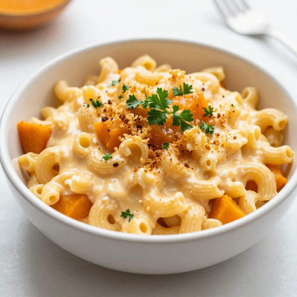 To make a tasty butternut squash mac and cheese, you need a few simple ingredients: - 2 cups elbow macaroni - 2 cups butternut squash, peeled and diced - 2 tablespoons olive oil - 1 small onion, finely chopped - 2 cloves garlic, minced - 1 teaspoon dried sage - 1 teaspoon paprika - 1 ½ cups shredded sharp cheddar cheese - ½ cup grated Parmesan cheese - 2 cups milk (whole or plant-based) - 2 tablespoons all-purpose flour - Salt and pepper to taste - Fresh parsley, chopped (for garnish) Each of these ingredients plays a key role in creating a creamy and flavorful dish. The elbow macaroni provides a perfect base. The butternut squash adds natural sweetness and creaminess. Olive oil helps sauté the aromatics, while onion and garlic give depth of flavor. Spices like sage and paprika enhance the taste, making it more complex. The sharp cheddar cheese and Parmesan bring richness and a cheesy pull. Milk makes the sauce smooth, and flour helps thicken it. Finally, seasoning with salt and pepper balances the flavors, while parsley adds a fresh touch. Gather these ingredients, and you’re ready to create a delicious meal that warms the heart! {{ingredient_image_2}} Set your oven to 350°F (175°C). This heat is perfect for baking the mac and cheese. In a big pot, boil salted water. Add 2 cups of elbow macaroni. Cook for 7-9 minutes until it's al dente. Drain the pasta and set it aside. While the pasta cooks, fill a medium saucepan with water. Bring it to a gentle boil. Add 2 cups of diced butternut squash. Cook for 10-12 minutes. The squash should be tender when you pierce it with a fork. Drain and mash or blend until smooth. In a large skillet, drizzle 2 tablespoons of olive oil. Heat it over medium. Add 1 small chopped onion. Sauté for 4-5 minutes until it’s soft. Next, add 2 minced garlic cloves, 1 teaspoon of dried sage, and 1 teaspoon of paprika. Stir for 1 minute to release the aromas. Sprinkle 2 tablespoons of all-purpose flour over the sautéed onions. Stir and cook for 1-2 minutes. This helps get rid of the raw flour taste. Slowly whisk in 2 cups of milk, stirring until it thickens and bubbles gently, about 3-4 minutes. Add the butternut squash puree to the cheese sauce. Fold in 1 ½ cups of shredded sharp cheddar cheese and ½ cup of grated Parmesan cheese. Stir until the cheese melts and the sauce is creamy. Season with salt and pepper to taste. Add the drained macaroni to the cheese sauce. Stir until every piece is coated in the cheesy goodness. Pour the mac and cheese into a greased baking dish. Smooth the top with a spatula. Place it in the preheated oven. Bake for 20-25 minutes until bubbly and golden brown. After baking, allow it to cool for a few minutes. Top with freshly chopped parsley for color and freshness. Enjoy your butternut squash mac and cheese! To get a creamy butternut squash mac and cheese, start by mashing the squash well. You want it smooth with no lumps. A blender or food processor works great here. Use whole milk for richness, or try plant-based milk for a lighter feel. When adding cheese, do it slowly. This helps it melt evenly and keeps the sauce silky. Clumping can ruin your dish. To avoid this, keep the heat low when you mix in the cheese. Stir constantly for a smooth texture. If you notice lumps, whisk vigorously. Also, make sure your pasta is hot before mixing it into the cheese sauce. This helps everything blend better. For rich flavor, I love using sharp cheddar and Parmesan. Sharp cheddar gives a nice tang, while Parmesan adds depth. You can also try Gruyère for a nutty taste. Mixing different cheeses can make your dish unique. Just remember to balance flavors so none overpower the others. Pro Tips Choose the Right Squash: For the best flavor and texture, opt for fresh butternut squash. If using canned, ensure it's pure pumpkin without added sugars or spices. Make It Creamier: For an extra creamy mac and cheese, add a splash of cream or extra cheese to the sauce just before mixing in the pasta. Customize Your Cheese: Feel free to mix in different cheeses such as Gruyère or mozzarella for a unique flavor twist. Leftovers Storage: Store any leftovers in an airtight container in the fridge for up to 3 days. Reheat gently in the oven or microwave, adding a splash of milk to restore creaminess. {{image_4}} You can enhance your butternut squash mac and cheese with some fun add-ins. Here are a few ideas: - Bacon: Cook crispy bacon and crumble it on top. It adds a nice crunch. - Spinach: Stir in fresh spinach for color and nutrition. It wilts nicely in the warm dish. - Mushrooms: Sauté sliced mushrooms and mix them in for an earthy touch. - Peas: Add green peas for a pop of sweetness and color. These add-ins make the dish even more exciting and tasty. You can play with cheese to change the flavor. While sharp cheddar is great, try these options: - Gruyère: This cheese melts well and adds a nutty flavor. - Mozzarella: Use mozzarella for a stretchy, creamy texture. - Fontina: This cheese is rich and creamy, making the sauce even smoother. - Goat Cheese: For a tangy twist, mix in crumbled goat cheese. Mixing different cheeses can give you a unique taste each time. If you want a vegan version, it's easy to swap out ingredients. Here’s how: - Pasta: Make sure to use egg-free pasta. - Cheese: Use vegan cheese shreds or nutritional yeast for a cheesy flavor. - Milk: Substitute with almond, soy, or oat milk for a creamy base. - Butter: Replace with coconut oil or vegan butter in the sauce. These swaps let you enjoy a delicious dish while keeping it plant-based. To keep your butternut squash mac and cheese fresh, store it in the fridge. Use an airtight container to prevent moisture. It will stay good for about 3 to 5 days. Make sure to let it cool down before sealing it. This keeps the pasta from getting soggy. You can freeze butternut squash mac and cheese for longer storage. Use a freezer-safe container or a heavy-duty freezer bag. It will last up to 2 months in the freezer. Before freezing, divide it into smaller portions. This makes it easier to thaw and reheat later. To reheat, thaw it in the fridge overnight if frozen. Warm it in the oven at 350°F (175°C) for about 20-30 minutes. Cover it with foil to keep it from drying out. You can also reheat in the microwave. Just heat in short bursts, stirring in between. Adding a splash of milk can help make it creamy again. Yes, you can use frozen butternut squash. It saves time and is easy to find. Just thaw it before cooking. If you have a blender, blend it into a smooth puree after thawing. This will keep your dish creamy and delicious. You can use several options instead of elbow macaroni. Try penne, fusilli, or even gluten-free pasta. Each type will bring a different shape and texture but will still taste great. To make this dish gluten-free, choose gluten-free pasta. You can also use cornstarch instead of regular flour. This will help thicken your cheese sauce. Always check the labels to ensure all other ingredients are gluten-free. Yes, you can prepare this mac and cheese ahead of time. Cook it completely, then store it in the fridge. When ready to serve, just reheat it in the oven. This makes it a perfect dish for gatherings or busy weeks. Serve this mac and cheese with a green salad or steamed veggies. A light soup also pairs well. If you want more flavor, try garlic bread or roasted Brussels sprouts. These sides balance the richness of the mac and cheese. This blog post covered how to make a tasty butternut squash mac and cheese. We looked at all the main ingredients, including pasta, cheeses, and spices. I shared step-by-step instructions for cooking and baking. You also learned helpful tips for creaminess and ways to change the recipe. I explained how to store and reheat leftovers. Finally, the FAQs answered common questions. I hope you feel ready to try this dish yourself! Enjoy making it your own with flavors you love.