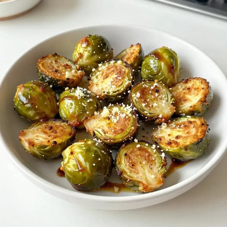 To make Air Fryer Garlic Parmesan Brussels Sprouts, gather these items: - 1 pound Brussels sprouts, trimmed and halved - 3 tablespoons extra virgin olive oil - 4 cloves fresh garlic, finely minced - 1 teaspoon smoked paprika - 1/2 teaspoon fine sea salt - 1/4 teaspoon freshly ground black pepper - 1/4 cup freshly grated Parmesan cheese - 2 tablespoons balsamic glaze, for drizzling (optional) You can swap items if needed. For the Brussels sprouts, consider using broccoli or cauliflower. Olive oil works well, but you can use avocado oil too. If fresh garlic is not on hand, garlic powder is a good substitute. Instead of smoked paprika, regular paprika will work. No Parmesan? Try nutritional yeast for a similar flavor. To up the flavor, add red pepper flakes for a kick. Lemon zest can brighten the dish. For extra crunch, toss in some chopped nuts like almonds or walnuts. Garnish with more grated Parmesan or fresh herbs like parsley for a pop of color. {{ingredient_image_2}} Start with 1 pound of Brussels sprouts. Trim off the ends and cut them in half. This step helps them cook evenly. Make sure to wash them under cold water to remove any dirt. After washing, dry them well with a towel. This helps them crisp up in the air fryer. In a large bowl, add the halved Brussels sprouts. Pour in 3 tablespoons of extra virgin olive oil. Add 4 cloves of minced garlic, 1 teaspoon of smoked paprika, 1/2 teaspoon of fine sea salt, and 1/4 teaspoon of ground black pepper. Use your hands or a spoon to mix everything well. You want every sprout to be coated. This mix gives them a rich flavor. Preheat your air fryer to 375°F (190°C) for about 5 minutes. Once hot, arrange the seasoned Brussels sprouts in the basket. Make sure they are in a single layer. This helps them cook evenly. Air fry for 15 to 18 minutes. Shake the basket every 5 minutes to ensure they crisp up nicely. They should turn golden brown. When done, transfer them to a bowl. Sprinkle 1/4 cup of freshly grated Parmesan cheese on top while they are warm. For added flavor, drizzle 2 tablespoons of balsamic glaze over them. Enjoy your delicious and crispy Brussels sprouts! To get your Brussels sprouts crispy, start with dry sprouts. Pat them with a towel. Toss them well in olive oil and spices. This helps them crisp up nicely. Spread them out in a single layer in your air fryer. Overcrowding makes them steam instead of crisp. Sogginess often comes from too much moisture. Make sure to dry your Brussels sprouts well. Use just enough olive oil to coat them lightly. The smoked paprika and salt also help absorb excess moisture while cooking. Shake the basket every five minutes to keep air flowing around the sprouts. Preheat your air fryer for best results. Set it to 375°F (190°C) for this recipe. Keep an eye on the cooking time. Check for a golden brown color and a crispy texture. Use a meat thermometer if you want to ensure even cooking. Enjoy your perfectly cooked Brussels sprouts, and don’t forget to add cheese right after they come out! Pro Tips Use Fresh Garlic: Freshly minced garlic provides a robust flavor that enhances the overall taste of the dish compared to garlic powder. Do Not Overcrowd: For maximum crispiness, make sure the Brussels sprouts are arranged in a single layer in the air fryer basket without overcrowding. Check for Doneness: Since air fryers can vary in cooking time, start checking the Brussels sprouts at the 15-minute mark to prevent overcooking. Experiment with Seasonings: Feel free to customize the spices and herbs based on your preference; adding a pinch of cayenne can give it a spicy kick! {{image_4}} You can change the flavor of Brussels sprouts easily. Try adding lemon zest for brightness. A sprinkle of cayenne pepper will add heat. For an earthy taste, use ground cumin or coriander. Mix in some Italian herbs like oregano and thyme for a classic twist. Each seasoning can change the dish and surprise your taste buds. You can make this dish heartier by adding proteins. Cooked bacon bits or diced chicken make great additions. For a veggie boost, toss in some sliced bell peppers or carrots. Broccoli florets also work well and add color. Mixing in proteins or veggies makes this dish more filling and fun. To make this dish vegan, skip the Parmesan cheese. Use nutritional yeast instead for a cheesy taste. You can also add a splash of soy sauce for umami. Swap the olive oil with avocado oil if you prefer. These simple changes keep the dish tasty while fitting vegan diets. To keep your Brussels sprouts fresh, store them in an airtight container. Let them cool before placing them in the fridge. They will last for about 3 days. If you have a lot left, divide them into smaller portions. This makes it easy to grab when you want a quick snack. Reheating should keep your Brussels sprouts crispy. I recommend using the air fryer again. Preheat it to 350°F (175°C). Place the sprouts in the basket and heat for about 5 to 7 minutes. Shake the basket halfway through to ensure even warmth. This method helps restore their crispiness. You can freeze Brussels sprouts if you want to keep them longer. First, cook them fully, then let them cool completely. Spread them on a baking sheet and freeze for 1 to 2 hours. Once frozen, transfer them to a freezer bag. They will keep well for up to 3 months. When ready to eat, thaw them in the fridge overnight before reheating. Yes, you can make Air Fryer Garlic Parmesan Brussels sprouts ahead of time. Cook them as directed and let them cool. Store them in an airtight container in the fridge. They will keep fresh for 2 to 3 days. When you are ready to eat, reheat them in the air fryer for 5 to 7 minutes at 375°F (190°C). This will help restore their crispy texture. Air Fryer Garlic Parmesan Brussels sprouts pair well with many dishes. Here are some ideas: - Grilled chicken or fish - Quinoa or rice - A fresh salad with lemon vinaigrette - Pasta with olive oil and garlic - Roasted potatoes for a hearty side These options will add balance and variety to your meal. Brussels sprouts are done cooking when they turn golden brown and crispy. Check them around 15 minutes of cooking time. Shake the basket every 5 minutes for even cooking. You can also pierce them with a fork; they should be tender inside. If they are soft and crispy outside, they are ready to enjoy! In this blog post, we explored the steps to make Air Fryer Garlic Parmesan Brussels Sprouts. You learned about the key ingredients, helpful tips for crispiness, and fun variations to try. We also discussed storage and reheating tips to keep your dish fresh. Remember, the right preparation and seasoning make all the difference. Enjoy this tasty dish as a snack or side. Your kitchen adventures with Brussels sprouts are just beginning!