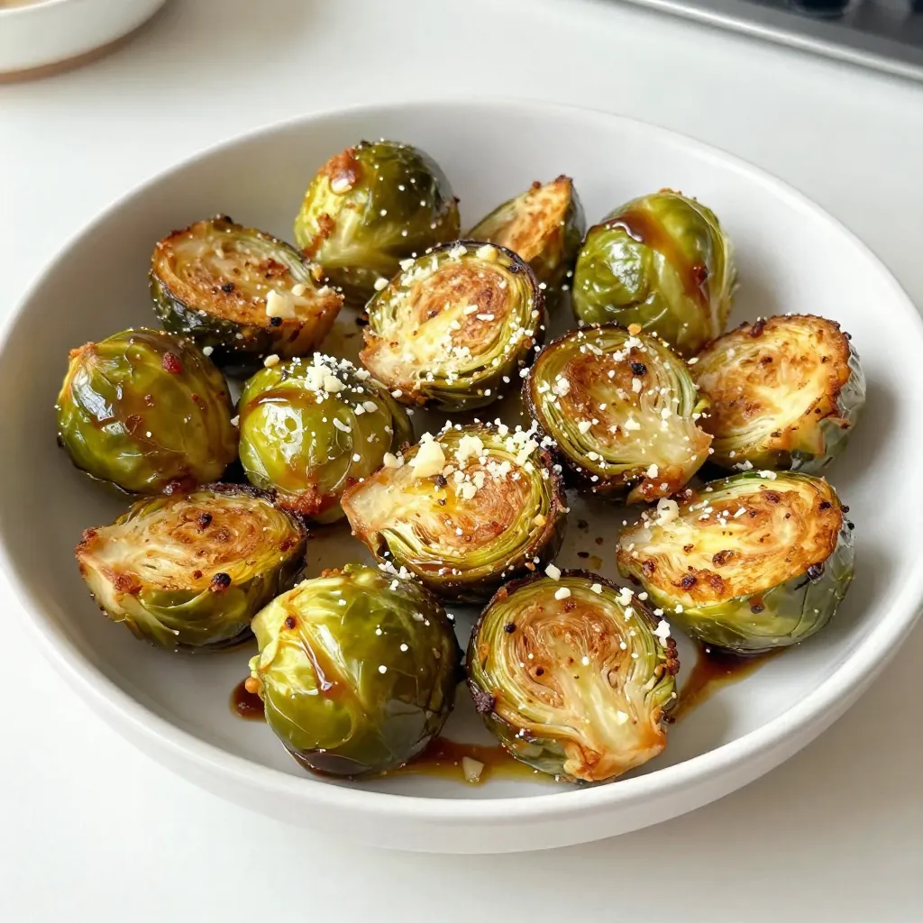 To make Air Fryer Garlic Parmesan Brussels Sprouts, gather these items: - 1 pound Brussels sprouts, trimmed and halved - 3 tablespoons extra virgin olive oil - 4 cloves fresh garlic, finely minced - 1 teaspoon smoked paprika - 1/2 teaspoon fine sea salt - 1/4 teaspoon freshly ground black pepper - 1/4 cup freshly grated Parmesan cheese - 2 tablespoons balsamic glaze, for drizzling (optional) You can swap items if needed. For the Brussels sprouts, consider using broccoli or cauliflower. Olive oil works well, but you can use avocado oil too. If fresh garlic is not on hand, garlic powder is a good substitute. Instead of smoked paprika, regular paprika will work. No Parmesan? Try nutritional yeast for a similar flavor. To up the flavor, add red pepper flakes for a kick. Lemon zest can brighten the dish. For extra crunch, toss in some chopped nuts like almonds or walnuts. Garnish with more grated Parmesan or fresh herbs like parsley for a pop of color. {{ingredient_image_2}} Start with 1 pound of Brussels sprouts. Trim off the ends and cut them in half. This step helps them cook evenly. Make sure to wash them under cold water to remove any dirt. After washing, dry them well with a towel. This helps them crisp up in the air fryer. In a large bowl, add the halved Brussels sprouts. Pour in 3 tablespoons of extra virgin olive oil. Add 4 cloves of minced garlic, 1 teaspoon of smoked paprika, 1/2 teaspoon of fine sea salt, and 1/4 teaspoon of ground black pepper. Use your hands or a spoon to mix everything well. You want every sprout to be coated. This mix gives them a rich flavor. Preheat your air fryer to 375°F (190°C) for about 5 minutes. Once hot, arrange the seasoned Brussels sprouts in the basket. Make sure they are in a single layer. This helps them cook evenly. Air fry for 15 to 18 minutes. Shake the basket every 5 minutes to ensure they crisp up nicely. They should turn golden brown. When done, transfer them to a bowl. Sprinkle 1/4 cup of freshly grated Parmesan cheese on top while they are warm. For added flavor, drizzle 2 tablespoons of balsamic glaze over them. Enjoy your delicious and crispy Brussels sprouts! To get your Brussels sprouts crispy, start with dry sprouts. Pat them with a towel. Toss them well in olive oil and spices. This helps them crisp up nicely. Spread them out in a single layer in your air fryer. Overcrowding makes them steam instead of crisp. Sogginess often comes from too much moisture. Make sure to dry your Brussels sprouts well. Use just enough olive oil to coat them lightly. The smoked paprika and salt also help absorb excess moisture while cooking. Shake the basket every five minutes to keep air flowing around the sprouts. Preheat your air fryer for best results. Set it to 375°F (190°C) for this recipe. Keep an eye on the cooking time. Check for a golden brown color and a crispy texture. Use a meat thermometer if you want to ensure even cooking. Enjoy your perfectly cooked Brussels sprouts, and don’t forget to add cheese right after they come out! Pro Tips Use Fresh Garlic: Freshly minced garlic provides a robust flavor that enhances the overall taste of the dish compared to garlic powder. Do Not Overcrowd: For maximum crispiness, make sure the Brussels sprouts are arranged in a single layer in the air fryer basket without overcrowding. Check for Doneness: Since air fryers can vary in cooking time, start checking the Brussels sprouts at the 15-minute mark to prevent overcooking. Experiment with Seasonings: Feel free to customize the spices and herbs based on your preference; adding a pinch of cayenne can give it a spicy kick! {{image_4}} You can change the flavor of Brussels sprouts easily. Try adding lemon zest for brightness. A sprinkle of cayenne pepper will add heat. For an earthy taste, use ground cumin or coriander. Mix in some Italian herbs like oregano and thyme for a classic twist. Each seasoning can change the dish and surprise your taste buds. You can make this dish heartier by adding proteins. Cooked bacon bits or diced chicken make great additions. For a veggie boost, toss in some sliced bell peppers or carrots. Broccoli florets also work well and add color. Mixing in proteins or veggies makes this dish more filling and fun. To make this dish vegan, skip the Parmesan cheese. Use nutritional yeast instead for a cheesy taste. You can also add a splash of soy sauce for umami. Swap the olive oil with avocado oil if you prefer. These simple changes keep the dish tasty while fitting vegan diets. To keep your Brussels sprouts fresh, store them in an airtight container. Let them cool before placing them in the fridge. They will last for about 3 days. If you have a lot left, divide them into smaller portions. This makes it easy to grab when you want a quick snack. Reheating should keep your Brussels sprouts crispy. I recommend using the air fryer again. Preheat it to 350°F (175°C). Place the sprouts in the basket and heat for about 5 to 7 minutes. Shake the basket halfway through to ensure even warmth. This method helps restore their crispiness. You can freeze Brussels sprouts if you want to keep them longer. First, cook them fully, then let them cool completely. Spread them on a baking sheet and freeze for 1 to 2 hours. Once frozen, transfer them to a freezer bag. They will keep well for up to 3 months. When ready to eat, thaw them in the fridge overnight before reheating. Yes, you can make Air Fryer Garlic Parmesan Brussels sprouts ahead of time. Cook them as directed and let them cool. Store them in an airtight container in the fridge. They will keep fresh for 2 to 3 days. When you are ready to eat, reheat them in the air fryer for 5 to 7 minutes at 375°F (190°C). This will help restore their crispy texture. Air Fryer Garlic Parmesan Brussels sprouts pair well with many dishes. Here are some ideas: - Grilled chicken or fish - Quinoa or rice - A fresh salad with lemon vinaigrette - Pasta with olive oil and garlic - Roasted potatoes for a hearty side These options will add balance and variety to your meal. Brussels sprouts are done cooking when they turn golden brown and crispy. Check them around 15 minutes of cooking time. Shake the basket every 5 minutes for even cooking. You can also pierce them with a fork; they should be tender inside. If they are soft and crispy outside, they are ready to enjoy! In this blog post, we explored the steps to make Air Fryer Garlic Parmesan Brussels Sprouts. You learned about the key ingredients, helpful tips for crispiness, and fun variations to try. We also discussed storage and reheating tips to keep your dish fresh. Remember, the right preparation and seasoning make all the difference. Enjoy this tasty dish as a snack or side. Your kitchen adventures with Brussels sprouts are just beginning!