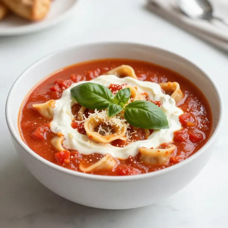 To make this delightful soup, gather these key items: - 2 tablespoons extra virgin olive oil - 1 medium yellow onion, finely chopped - 2 garlic cloves, minced - 1 can (28 oz) crushed tomatoes, preferably San Marzano - 4 cups vegetable broth, low-sodium - 1 teaspoon dried basil, or 1 tablespoon fresh basil if available - 1 teaspoon dried oregano - ½ teaspoon red pepper flakes (optional, for a kick) - 1 package (9 oz) fresh cheese tortellini - 1 cup heavy cream, or coconut milk for a dairy-free option - Sea salt and freshly ground black pepper to taste - Fresh basil leaves, for a vibrant garnish - Grated Parmesan cheese, for serving These ingredients create a rich base. The crushed tomatoes and broth provide depth. Fresh herbs add brightness. The tortellini brings a comforting texture. Want to elevate your soup? Consider these optional ingredients: - Fresh spinach or kale for added nutrition - A splash of balsamic vinegar for tanginess - Cooked sausage or chicken for protein - Lemon zest for a fresh finish These extras bring new layers to the dish. Each option offers unique flavors and textures. You can create a dairy-free version too. Use coconut milk instead of heavy cream. This keeps the soup creamy and rich. For cheese, try nutritional yeast for a cheesy flavor without dairy. Enjoy a delicious, vegan-friendly option! {{ingredient_image_2}} Start by heating 2 tablespoons of extra virgin olive oil in a large pot over medium heat. When the oil shimmers, add 1 finely chopped yellow onion. Cook the onion for about 5 minutes, stirring often, until it becomes soft and clear. Then, add 2 minced garlic cloves. Stir for 1 minute, or until the garlic smells nice but does not brown. Next, pour in 1 can of crushed tomatoes and 4 cups of low-sodium vegetable broth. Add 1 teaspoon of dried basil and 1 teaspoon of dried oregano. If you like a little heat, add ½ teaspoon of red pepper flakes too. Stir everything well and bring the mixture to a gentle simmer. Let it cook for about 10 minutes so the flavors combine. After the base has simmered, it's time to add the tortellini. Open a package of fresh cheese tortellini, which is about 9 ounces. Pour the tortellini into the pot and cook according to the package instructions, usually 3 to 5 minutes. You'll know they are ready when they float to the top. Once the tortellini are tender, reduce the heat to low. Slowly pour in 1 cup of heavy cream, or you can use coconut milk for a dairy-free option. Let the soup simmer for 2 to 3 more minutes until it's warm and creamy. Taste your soup and add sea salt and freshly ground black pepper to make it just right. Serve the soup hot in bowls. Garnish with fresh basil leaves and a sprinkle of grated Parmesan cheese. This adds a nice touch and makes the dish even more special! To enhance your soup's taste, use fresh herbs. Fresh basil adds a bright note. If you can find it, try using fresh oregano too. Always taste the soup as it cooks. This lets you adjust the seasoning. For a little heat, add red pepper flakes. Start with a small amount and increase as needed. The quality of your crushed tomatoes matters. I love San Marzano tomatoes for their rich flavor. Keep an eye on your cooking times. The tortellini cooks quickly, usually in 3-5 minutes. Once they float, they are done. If you overcook them, they may become mushy. The soup simmers for about 10 minutes before adding the pasta. This is the time to let flavors mix. Too long on the heat can dull the taste, so monitor closely. For a rich, creamy soup, slowly add the cream. Don’t let the soup boil after adding it. This helps keep the cream smooth. If you want a lighter option, coconut milk works well. It adds a unique flavor without dairy. For the best texture, stir gently to mix. Top with freshly grated Parmesan for extra creaminess and flavor. Pro Tips Fresh Ingredients: Using fresh basil instead of dried will enhance the flavor profile of the soup significantly. Adjusting Creaminess: If you prefer a lighter soup, substitute half of the heavy cream with vegetable broth. Kick it Up: Add more red pepper flakes or even a dash of hot sauce for an extra kick of heat. Garnish Wisely: Don’t skip the Parmesan cheese as it adds richness; alternatively, use nutritional yeast for a vegan option. {{image_4}} You can easily make this dish vegetarian. Just use vegetable broth and skip the cheese. For a vegan option, swap heavy cream with coconut milk. This keeps the soup creamy while adding a hint of sweetness. Fresh basil enhances the flavor, making it just as tasty. Want to turn this soup into a hearty meal? Try adding proteins. Chicken is a great choice. Cook it in the pot before you add the other ingredients. You can also use beans for a plant-based option. Chickpeas or white beans work well. They add protein and texture, making the soup filling. If you like heat, spice things up with red pepper flakes. Start with half a teaspoon. You can add more if you want a stronger kick. For a different flavor, include a dash of cayenne pepper or even hot sauce. This adds a fun twist to the classic soup and makes it your own. To store leftovers, let the soup cool first. Use an airtight container. This keeps the soup fresh. Place it in the fridge. It stays good for about 3 days. Make sure to label the container with the date. This helps you remember when you made it. For longer storage, you can freeze the soup. Use a freezer-safe container. Leave some space at the top. The soup expands when it freezes. It’s best to freeze it without the tortellini. This keeps the pasta from getting mushy. The soup is good in the freezer for up to 3 months. When you're ready to eat, thaw it in the fridge overnight before reheating. To reheat, pour the soup into a pot. Heat it on low to medium. Stir it often to avoid sticking. If the soup is too thick, add a splash of broth or water. Once hot, taste and adjust seasoning. If you froze the soup, heat it gently until it’s warm all the way through. Enjoy your creamy tomato basil tortellini soup! Yes, you can use frozen tortellini. It works well in this soup. Just add it directly to the pot while cooking. Follow the package instructions for cooking time, usually around 5-7 minutes. Frozen tortellini may take a bit longer to heat through but will be just as tasty. If you want a lighter option, use coconut milk. It gives a nice, creamy texture. You can also try cashew cream or almond milk for a dairy-free choice. Both options will keep the soup rich but lighter in calories. To spice up your soup, add extra red pepper flakes. Start with a pinch and taste as you go. You can also include diced jalapeños or a splash of hot sauce for more heat. Adjust the spice level based on your taste! Pair this soup with crisp, toasted bread for a great meal. A simple green salad with a light dressing also complements it well. Garlic bread is another favorite choice. It adds crunch and flavor, perfect for dipping! In this blog post, we explored how to make a delicious creamy tomato basil tortellini soup. We covered key ingredients, helpful steps, and tips for flavor and texture. I shared ways to adapt the recipe for all diets and how to store leftovers. This soup is not just tasty; it’s also easy to make. I encourage you to try it and make it your own. Enjoy a warm bowl today!