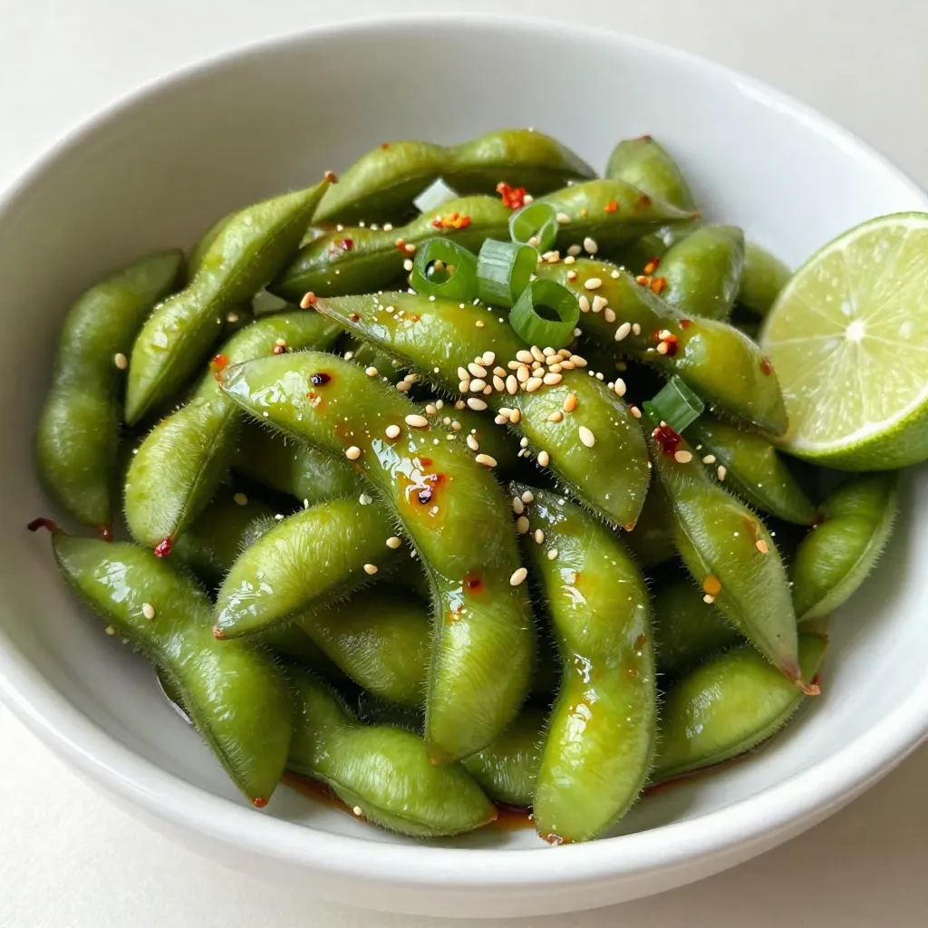 Here are the simple and tasty ingredients you need for spicy garlic edamame: - 2 cups edamame in pods (fresh or frozen) - 3 tablespoons soy sauce - 1 tablespoon sesame oil - 4 cloves garlic, finely minced - 1 teaspoon red pepper flakes (or to taste) - 1 tablespoon honey or agave syrup - 1 teaspoon fresh ginger, grated - 1 tablespoon toasted sesame seeds - 2 green onions, sliced for garnish Each ingredient plays a key role in making this snack full of flavor. Edamame gives a nice, nutty taste. Garlic adds a strong aroma that you will love. The red pepper flakes give it that spicy kick. Honey or agave syrup balances the heat with sweetness. Use fresh ginger for a zesty touch, and sesame seeds add crunch. Finally, green onions not only look great but also add a fresh taste. With these ingredients, you can create a fun and healthy snack that is sure to impress! {{ingredient_image_2}} First, boil a large pot of water. If you use frozen edamame, add them to the boiling water. Cook them according to the package instructions, about 4 to 5 minutes. Once they are tender, drain them in a colander and set them aside. Next, grab a large skillet and heat 1 tablespoon of sesame oil over medium heat. Once the oil is hot, add 4 cloves of minced garlic. Saut&eacute; for about 1 minute until the garlic becomes fragrant and slightly golden. Now, it's time to add some heat! Toss in 1 teaspoon of red pepper flakes and 1 teaspoon of freshly grated ginger. Stir the mixture for another 30 seconds to release those spicy aromas. After that, lower the heat and carefully pour in 3 tablespoons of soy sauce and 1 tablespoon of honey or agave syrup. Stir well to mix everything, letting it bubble lightly for about 1 minute. Add the cooked edamame pods back into the skillet. Gently toss them in the spicy sauce, making sure each pod gets coated nicely. Cook for 2 to 3 minutes, stirring occasionally, until everything is heated through. Remove the skillet from the heat. Generously sprinkle 1 tablespoon of toasted sesame seeds over the top of the edamame. Just before serving, garnish your dish with 2 sliced green onions for an extra pop of color and crunch. To get the spice just right, start with one teaspoon of red pepper flakes. You can add more if you like heat. Just taste as you go. The balance of flavors is key. If it is too spicy, add a bit more honey or sesame oil to tone it down. A splash of lime juice can also help balance the heat. If you want to save time, you can prepare edamame in the microwave. Place the pods in a bowl with water, cover, and microwave for 4-5 minutes. Drain the water and follow the saut&eacute; steps from the recipe. For a different flavor, try oven-roasting the edamame. Toss the pods with sesame oil and spices, then roast at 400&deg;F for 10-15 minutes. This method adds a nice char. Plating your edamame can be fun. Serve it in a large, colorful bowl. You can also add lime wedges for a fresh twist. Arrange the pods in a circular pattern for a pretty look. For a full meal, pair the edamame with sushi, rice, or a fresh salad. This makes a tasty snack or a great side dish. Pro Tips Freshness Counts: Using fresh edamame will enhance the flavor and texture of your dish. If you can find them in the pod, go for it! Adjust the Spice: Feel free to modify the amount of red pepper flakes according to your heat preference. Start with less if you&rsquo;re unsure! Garnish with Flair: Adding lime wedges not only provides a fresh burst of flavor but also elevates the presentation of your dish. Save the Pods: Edamame pods can be a fun finger food, so encourage diners to pop them open themselves for a more interactive experience! {{image_4}} To make this snack vegan, swap honey for agave syrup. Agave syrup has a sweet taste and works well in this recipe. It&rsquo;s perfect if you want to avoid animal products. This simple change keeps your edamame tasty and plant-based. You can add different spices or herbs to elevate your spicy garlic edamame. Try mixing in lime zest for a bright twist. Cilantro also adds a fresh flavor. Just sprinkle some on top before serving. These small additions can change the taste and make your dish even better. Want to boost the nutrition? Add extra veggies to your dish. Bell peppers or snap peas work well. Chop them up and toss them in when you add the edamame. This way, you get more color, taste, and nutrients. It&rsquo;s an easy way to make your snack healthier. To keep your spicy garlic edamame fresh, store it in an airtight container. Place it in the fridge within two hours of cooking. This helps prevent bacteria growth. Your edamame can stay fresh for up to three days. If you notice any strong smells or changes in texture, it's best to toss it. When reheating your leftovers, use a skillet for the best flavor. Heat it over medium heat. Add a splash of water to keep it moist. Stir occasionally until heated through, about 3 to 5 minutes. If you prefer a microwave, use a microwave-safe dish. Cover it to keep the moisture in. Heat in 30-second intervals, stirring in between. To freeze your edamame, start with cooked pods. Let them cool completely. Then, place them in a freezer bag, squeezing out as much air as possible. Label the bag with the date before sealing. This way, you&rsquo;ll know how long they&rsquo;ve been in the freezer. To defrost, simply transfer them to the fridge overnight. For a quicker method, microwave them straight from the freezer for about 2 minutes. This keeps the flavors intact and makes for a quick snack anytime. Edamame are young soybeans harvested before they fully ripen. They are tasty and packed with nutrients. One cup of edamame has about 189 calories, 18.5 grams of protein, and 8 grams of fiber. They are also rich in vitamins like K, C, and folate. Eating edamame can help with heart health and weight loss. They are a great plant-based protein for vegetarians. Yes, frozen edamame works well for this recipe. You can find it in most grocery stores. To cook, boil water in a large pot. Add the frozen edamame and cook for about 4-5 minutes. Drain them well after cooking. This method keeps their bright green color and tender texture. The spice level in this recipe is adjustable. I use 1 teaspoon of red pepper flakes, which gives a nice kick. If you prefer less heat, use half the amount. For more spice, add more flakes or a dash of hot sauce. Taste as you go to find your perfect heat level. This snack pairs well with many drinks and dishes. A cold beer or sparkling water complements the spice. For a meal, serve edamame with sushi or rice bowls. You can also enjoy it as an appetizer before a main dish. The flavors blend well with Asian-inspired meals. This blog post shared a simple way to make Spicy Garlic Edamame. We covered the ingredients, step-by-step cooking instructions, and storage tips. You can adjust spices for your taste and explore fun variations. Keep the leftovers tasty with proper storage. I hope this easy recipe sparks your creativity in the kitchen. Enjoy every bite and share it with friends!