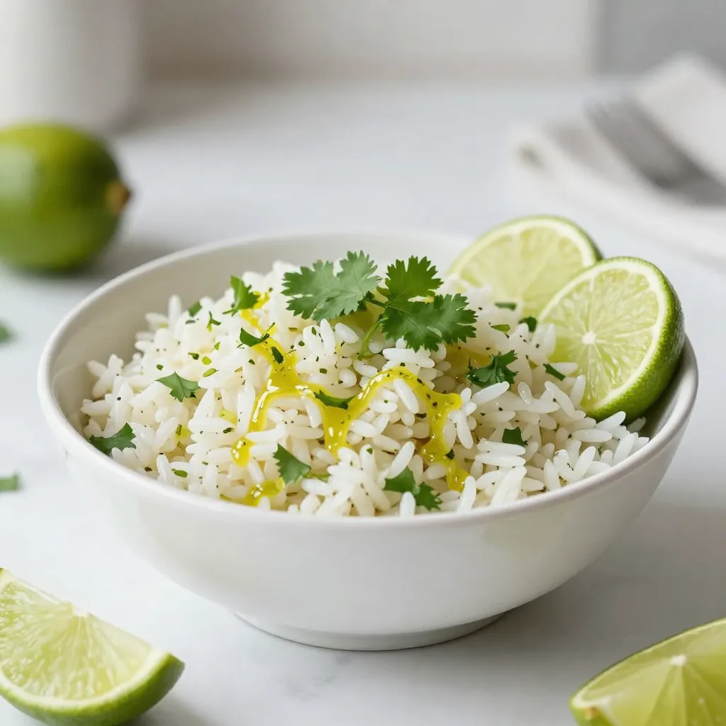 - 1 cup long-grain white rice - 2 cups vegetable broth (or water) - 1 tablespoon olive oil - 1/2 teaspoon salt - Zest of 1 lime - Juice of 2 limes - 1/4 cup fresh cilantro, finely chopped - 1 clove garlic, minced (optional) - 1/4 teaspoon black pepper - 1/4 teaspoon cumin (optional) For cilantro lime rice, you need simple yet bright flavors. The key base is long-grain white rice. It cooks up fluffy and pairs well with the lime. The vegetable broth adds depth, making it rich. If you want a lighter dish, you can use water. Olive oil is essential for toasting the rice. It adds a nice flavor and helps the grains separate. Salt enhances all the flavors in the dish. Lime zest and juice give that fresh, zesty kick you crave. Fresh cilantro brightens the dish with color and flavor. If you like garlic, add some minced for richness. Black pepper and cumin add warmth and a little spice. You can adjust these to suit your taste. Gather all these ingredients before you start. This ensures a smooth cooking process and delicious results. This dish is versatile and can be served with many meals. {{ingredient_image_2}} - Rinse the rice thoroughly. - This step helps remove excess starch. Clean rice cooks fluffy and light. - In a medium pot, warm 1 tablespoon of olive oil. - If you like, add 1 clove of minced garlic. Stir for 30 seconds. - Now, add the rinsed rice. Toast it for 1-2 minutes. - This adds a nice flavor and texture. - Carefully pour in 2 cups of vegetable broth or water. - Sprinkle in 1/2 teaspoon of salt. - Bring the mixture to a rolling boil over high heat. - Once boiling, reduce the heat to low. - Cover the pot with a lid and let it simmer for 18-20 minutes. - The rice should be tender and all liquid absorbed. - After cooking, remove the pot from heat but keep it covered. - Let it rest for 5 more minutes. This makes the rice fluffier. - Use a fork to fluff the rice gently. - This separates the grains and makes it light. - Add the zest of 1 lime and juice of 2 limes. - Stir in 1/4 cup of chopped cilantro. - Season with 1/4 teaspoon of black pepper and cumin if you want. - Mix everything well. Taste the rice. Adjust seasoning to your liking. To make fluffy rice, start by rinsing it. Rinsing removes excess starch. This helps the rice not stick together. Use a fine-mesh strainer and cold water. Rinse until the water runs clear. Next, follow the cooking and resting steps. Warm olive oil in a saucepan. Add minced garlic if you like. Saut&eacute; for about 30 seconds. This adds great flavor. Then, add the rinsed rice. Stir for 1-2 minutes. Toasting the rice helps enhance its taste. Once you add broth or water, bring it to a boil. After boiling, cover and reduce heat. Let it simmer for 18-20 minutes. After cooking, keep it covered for 5 more minutes. This resting time makes the rice even fluffier. Finally, fluff it with a fork. This separates the grains nicely. To boost the flavor, consider adding garlic and cumin. Garlic gives a nice depth. Cumin adds warmth and earthiness. You can also adjust the lime flavor. Using lime zest and juice balances the taste. Make sure to taste and adjust as needed. You may want more lime for a zesty kick. Start with smaller amounts, then add more. This way, you control the flavor to fit your taste. For a stunning presentation, garnish the rice. Add extra cilantro on top. Place lime wedges on the side. This adds color and flavor. Serve the rice in a large bowl. It looks great and invites everyone in. Pair it with grilled chicken or fish for a full meal. Cilantro lime rice also goes well with tacos or burritos. This makes your meal fun and festive! Pro Tips Rinsing the Rice: Always rinse your rice thoroughly before cooking to remove excess starch. This helps achieve a fluffy texture rather than sticky rice. Toasting the Rice: Toasting the rice in olive oil enhances its flavor and adds a delightful nuttiness. Don't skip this step! Resting Time: Allowing the rice to sit covered after cooking lets it steam further, resulting in a fluffier final dish. Taste and Adjust: Always taste your rice before serving. Add extra lime juice or cilantro to enhance the flavors according to your preference. {{image_4}} You can change the rice for this dish. Jasmine or Basmati rice gives a nice taste. Both are fragrant and fluffy. If you prefer brown rice, use it too. Brown rice takes longer to cook, about 40-45 minutes. Use 2 &frac12; cups of broth for brown rice. This keeps the texture nice and soft. Want to spice it up? Add jalape&ntilde;os for heat. They bring a fresh kick. You could also use other herbs like parsley or mint. Each herb adds its own twist. For a fruity touch, try other citrus like oranges or lemons. This will brighten the dish and give it a new flavor. If you follow a vegan diet, this recipe is great for you. It&rsquo;s vegan and gluten-free! Just use vegetable broth, and you&rsquo;re set. For low-sodium diets, replace the broth with water. Use only a pinch of salt. This keeps the taste nice without the extra sodium. Adjust to your needs! To keep your cilantro lime rice fresh, store it in the fridge. Place the rice in an airtight container. It will stay good for about 4 days. If you want to reheat it, sprinkle a bit of water on top. This helps the rice stay fluffy. Microwave it on low power for a few minutes. Stir halfway through for even heating. You can freeze cilantro lime rice for longer storage. Use a freezer-safe bag or container. Make sure to squeeze out as much air as possible. Rice can last up to 3 months in the freezer. To thaw, place it in the fridge overnight or use the microwave. Heat it gently to avoid drying it out. There are many ways to use leftover rice. You can make a tasty burrito or a rice bowl. Mix it with beans, veggies, or proteins. You can also turn it into a salad. Just add some fresh greens and a dressing. Another fun idea is to make fried rice. It&rsquo;s a great way to enjoy your meal again! You can pair cilantro lime rice with many dishes. Here are some tasty options: - Grilled chicken or fish - Tacos or burritos - Black beans or refried beans - Stir-fried veggies - Shrimp or pork dishes - Fresh salads with lime dressing These options add great flavors and textures to any meal. They make a complete dining experience. Cilantro lime rice can last in the fridge for about 4 to 5 days. To keep it fresh, store it in an airtight container. This helps to prevent it from drying out or absorbing other odors. Yes, you can make cilantro lime rice ahead of time. Here are some tips: - Prepare the rice and let it cool. - Store it in the fridge for up to 5 days. - When ready to serve, reheat it in a pan with a splash of water. This helps to bring back the fluffiness. Making it in advance saves time and is perfect for busy days! Cilantro lime rice is a simple dish that bursts with flavor. We covered the key ingredients, step-by-step instructions, and storage tips to ensure your rice comes out perfect every time. Remember to rinse the rice and let it rest for fluffiness. Feel free to try variations to match your taste. This rice pairs well with many meals, making it a versatile addition to your kitchen. Enjoy playing with flavors and using leftovers creatively. Your culinary journey with cilantro lime rice is just beginning!