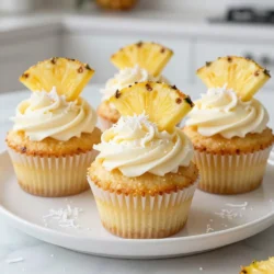To make Pineapple Coconut Cupcakes, you will need the following ingredients: - 1 cup all-purpose flour - 1/2 cup granulated sugar - 1/2 cup unsweetened shredded coconut - 1/2 cup crushed pineapple, thoroughly drained - 1/2 cup sour cream - 1/4 cup vegetable oil - 2 large eggs - 1 teaspoon vanilla extract - 1 teaspoon baking powder - 1/2 teaspoon baking soda - 1/4 teaspoon salt - Cream cheese frosting (store-bought or homemade) - Additional shredded coconut and fresh pineapple slices for garnish Using fresh vs. canned pineapple can change the taste. Fresh pineapple adds bright flavors and natural sweetness, while canned pineapple is easy and convenient. If you choose canned, ensure it is well-drained to avoid soggy cupcakes. When selecting shredded coconut, look for high-quality options. Choose unsweetened coconut to keep the sugar level down. Make sure it has a fresh, nutty aroma. The right coconut adds texture and a rich flavor to your cupcakes. {{ingredient_image_2}} First, set your oven to 350&deg;F (175&deg;C). This temperature is perfect for baking. While the oven heats, grab a muffin tin and line it with cupcake liners. The liners help the cupcakes come out easily after baking. In a large bowl, mix the dry ingredients. Combine 1 cup of flour, 1/2 cup of sugar, 1/2 cup of shredded coconut, 1 teaspoon of baking powder, 1/2 teaspoon of baking soda, and 1/4 teaspoon of salt. Whisk them together well. This step ensures that all ingredients blend nicely, so your cupcakes will taste even. In another bowl, prepare the wet mixture. Mix 1/2 cup of sour cream, 1/4 cup of vegetable oil, 2 large eggs, 1/2 cup of crushed pineapple, and 1 teaspoon of vanilla extract. Whisk until smooth. Make sure the crushed pineapple is well drained. This will keep your batter from getting too wet. Now, it&rsquo;s time to combine the wet and dry mixtures. Pour the wet ingredients into the bowl of dry ingredients. Stir gently with a spatula or spoon. Mix just until you see no dry flour. Overmixing can make your cupcakes dense, and we want them light and fluffy. Using a spoon or a cookie scoop, fill each cupcake liner about two-thirds full. This amount helps the cupcakes rise nicely. Place the muffin tin in the oven. Bake for 18-20 minutes. To check if they are done, insert a toothpick in the center. If it comes out clean, they are ready. After baking, take the tin out and let it cool for about 10 minutes. This helps the cupcakes set. Then, transfer them to a wire rack to cool completely. Once they are at room temperature, frost each cupcake with cream cheese frosting. Use a knife or spatula to create a nice swirl. For the final touch, sprinkle some shredded coconut on top and add a slice of fresh pineapple. Enjoy your tropical treat! To make light and fluffy cupcakes, focus on a few key factors: - Proper Mixing: Mix wet and dry ingredients gently. Overmixing can make them dense. - Room Temperature Ingredients: Use eggs and sour cream at room temperature. This helps create a better rise. - Correct Baking Time: Check cupcakes around 18 minutes. A toothpick should come out clean. Applying cream cheese frosting can be fun. Here are a few methods: - Spreading: Use a knife or spatula. Start from the center and swirl outward. - Piping: Fit a piping bag with a star tip. This gives a pretty finish and height. - Layering: Frost the top, then add a second layer for extra creaminess. Garnishing makes your cupcakes pop! Try these ideas: - Shredded Coconut: Sprinkle extra coconut on the frosting for texture. - Fresh Pineapple: Add a pineapple slice on top for a tropical touch. - Tropical Leaves: Place a few clean leaves around the base for flair. Each of these tips can help you elevate your pineapple coconut cupcakes, making them not just tasty but also visually stunning! Pro Tips Use Fresh Pineapple: For the best flavor, opt for fresh pineapple over canned. It adds a vibrant taste and moisture to the cupcakes. Measure Coconut Carefully: Ensure that your shredded coconut is packed gently while measuring. This helps achieve the right texture in your cupcakes. Don't Overmix: Mix the batter just until combined to keep the cupcakes light and fluffy. Overmixing can lead to dense cupcakes. Cool Completely Before Frosting: Allow the cupcakes to cool completely to room temperature before frosting to prevent the frosting from melting. {{image_4}} You can try different frostings to change the flavor of your cupcakes. Here are some fun ideas: - Lime Cream Cheese Frosting: Mix lime juice and zest into cream cheese frosting for a zesty twist. - Coconut Whipped Cream: Use coconut cream to make a light, fluffy topping. - Chocolate Ganache: For a rich flavor, pour chocolate ganache over cooled cupcakes. Each option adds a new layer of taste and fun! You can easily boost the flavor of your cupcakes with a few simple additions. Here are some ideas to consider: - Lime Zest: Add lime zest to the batter for a fresh, citrusy kick. - Macadamia Nuts: Stir in chopped macadamia nuts for a crunchy texture and nutty flavor. - Rum Extract: A splash of rum extract can give your cupcakes a tropical vibe. These small changes can make a big difference! If you need to make the cupcakes gluten-free or dairy-free, it's simple. Here&rsquo;s how to adjust the recipe: - Gluten-Free: Use a gluten-free flour blend in place of all-purpose flour. - Dairy-Free: Substitute sour cream with coconut yogurt or a dairy-free alternative. These swaps help you enjoy the cupcakes while meeting your dietary needs! To keep your pineapple coconut cupcakes fresh, place them in an airtight container. This will stop air from drying them out. You can layer the cupcakes with parchment paper to avoid sticking. Store them at room temperature for up to three days. If you want to keep them longer, refrigeration is an option. Just remember that cold can dry out the cupcakes a bit. Freezing is a great way to save extras. First, let the cupcakes cool completely. Then, wrap each cupcake in plastic wrap tightly. After that, place them in a freezer-safe bag. They can stay in the freezer for up to three months. When ready to eat, take them out and let them thaw in the fridge overnight. You can frost them after they thaw, or enjoy them plain. Yes, you can use fresh pineapple! Fresh pineapple gives a bright taste. However, make sure to chop it finely. Drain it well to avoid too much moisture. Canned pineapple is easier to use, as it&rsquo;s already prepared. Both options work well, but fresh gives a unique flavor. These cupcakes last about 3-4 days at room temperature. Store them in an airtight container. You can keep them in the fridge for up to a week. Just remember, the frosting might change texture in the fridge. For best taste, enjoy them fresh! Absolutely! You can bake the cupcakes a day in advance. Let them cool completely before frosting. Store the unfrosted cupcakes in an airtight container. Frost them just before serving for the best taste and look. This keeps them fresh and fluffy! You can use plain yogurt or buttermilk as a sour cream substitute. Both options add moisture and tang. If you want a dairy-free option, try coconut yogurt. It will enhance the coconut flavor in the cupcakes. Adjust the amount slightly for the best results. Yes, you can bake these cupcakes in different sizes! For mini cupcakes, reduce the baking time to about 10-12 minutes. For large cupcakes, bake for 22-25 minutes. Always check with a toothpick to see if they are done. Adjusting the size is easy and fun! In this blog post, we explored how to make delicious Pineapple Coconut Cupcakes, from selecting the best ingredients to baking and storing your treats. Each step, from mixing to frosting, is key for texture and flavor. Remember, using fresh pineapple can elevate your cupcakes. Whether you want to freeze some or try new flavors, these tips will enhance your baking. Now, it's time to enjoy your tasty cupcakes and share them with others! Happy baking!