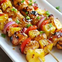 To make Teriyaki Chicken Pineapple Skewers, gather these fresh ingredients: - 1 lb (450g) chicken breast, cut into 1-inch cubes - 1 cup fresh pineapple, diced into 1-inch pieces - 1 red or yellow bell pepper, diced into bite-sized chunks - 1 small red onion, cut into large pieces - 1/4 cup soy sauce (low-sodium recommended) - 2 tablespoons honey - 1 tablespoon fresh ginger, finely grated - 2 cloves garlic, minced - 1 tablespoon sesame oil - 1 tablespoon cornstarch mixed with 1 tablespoon water (for thickening) - Salt and pepper, to taste - Skewers (either wooden or metal) You can change some ingredients if you want. Try these swaps: - Use chicken thighs instead of breasts for more flavor. - Swap pineapple for mango for a different sweet taste. - Use bell peppers of any color you like. - Replace soy sauce with coconut aminos for a soy-free option. - Use maple syrup instead of honey for a vegan version. Each serving has about: - Calories: 250 - Protein: 30g - Carbohydrates: 20g - Fat: 8g - Fiber: 2g - Sodium: 500mg These skewers offer a tasty balance of protein and carbs, making them a great meal choice! Enjoy the burst of flavors while knowing you&rsquo;re fueling your body well. {{ingredient_image_2}} If you use wooden skewers, soak them in water for at least 30 minutes. This step keeps them from burning on the grill. Metal skewers do not need soaking. Make sure to have enough skewers for all your ingredients. In a medium saucepan, mix the soy sauce, honey, ginger, garlic, and sesame oil. Heat this over medium heat until it simmers. Slowly stir in the cornstarch mixture to thicken the sauce. Cook for one more minute. You want the sauce to be glossy. Remove it from heat and let it cool. Put the cubed chicken in a mixing bowl. Pour half of the teriyaki sauce over the chicken. Toss the chicken pieces to coat them well. Cover the bowl with plastic wrap and chill in the fridge for at least 30 minutes. For a stronger flavor, let it marinate for up to 2 hours. Preheat your grill to medium-high heat. Thread the marinated chicken, pineapple, bell pepper, and onion onto the skewers. Alternate the pieces and leave small gaps for even cooking. This helps the food cook without steaming. Place the skewers on the hot grill and cook for 10-15 minutes. Turn them often for an even char. The chicken is done when it reaches an internal temperature of 165&deg;F. The veggies should be slightly charred but still crisp. In the last few minutes of grilling, brush the skewers with the rest of the teriyaki sauce. This adds a rich flavor and a nice shine to the skewers. Enjoy the delicious aroma as they finish cooking! Grilling Teriyaki chicken pineapple skewers is simple and fun. First, preheat your grill to medium-high heat. This will help you get a nice char on the skewers. When you place the skewers on the grill, make sure they are not too crowded. This allows heat to circulate. Turn them every few minutes. This way, the chicken cooks evenly and gets that tasty grill mark. To prevent sticking, oil your grill grates lightly before preheating. You can use a paper towel dipped in oil and a pair of tongs for this. Another trick is to brush the skewers with a bit of oil before grilling. This helps the meat and veggies slide off easily after cooking. If you use wooden skewers, soak them in water for 30 minutes. This step prevents them from burning. To boost the flavor, consider marinating the chicken longer. Two hours is great, but overnight is even better. You can also add spices like black pepper or a pinch of red chili flakes to the marinade for a kick. For extra sweetness, grill sliced peaches or mangoes alongside your skewers. Their juice mixes well with teriyaki. Finally, sprinkle sesame seeds and chopped green onions on top when serving. This adds color and a nice crunch. Pro Tips Soak Wooden Skewers: Before grilling, soak wooden skewers in water for at least 30 minutes. This prevents them from burning and ensures they hold up during cooking. Marinate for Flavor: For maximum flavor, marinate the chicken for at least 30 minutes, but if you have the time, let it sit for up to 2 hours in the refrigerator. Even Cooking: When assembling the skewers, leave small gaps between each piece of chicken and vegetable. This allows heat to circulate and ensures even cooking. Rest Before Serving: After grilling, let the skewers rest for a few minutes. This helps retain the juices and keeps the chicken moist when serving. {{image_4}} If you want to make these skewers vegetarian, swap the chicken for tofu or tempeh. Both options absorb flavors well. You can marinate them just like the chicken. Firm tofu works best. Cut it into 1-inch cubes. You can also use jackfruit for a unique twist. It has a meaty texture and soaks up teriyaki sauce nicely. You can try other proteins too. Shrimp is a great choice. It cooks fast and tastes delicious with teriyaki. Salmon also works well. Cut it into cubes for skewering. If you prefer red meat, use beef. Cubed steak or sirloin skewers add a nice flavor. For all options, remember to adjust grilling times as needed. Feel free to mix in other vegetables. Zucchini, mushrooms, and cherry tomatoes add color and taste. Baby corn and asparagus are great choices too. Just keep the pieces similar in size for even cooking. Try bell peppers of different colors for a vibrant look. Enjoy the fun of creating your own versions! To store your leftover Teriyaki Chicken Pineapple Skewers, let them cool first. Place them in an airtight container. They can last in the fridge for up to three days. Make sure to keep the skewers tightly packed to avoid drying out. Reheat the skewers in the microwave or on the grill. If using a microwave, place them on a microwave-safe plate. Heat for about 1-2 minutes or until warm. For grilling, preheat the grill and warm them for about 5 minutes, turning occasionally. This keeps the flavors intact while warming them. You can freeze the skewers if you want to keep them longer. Wrap each skewer in plastic wrap, then place them in a freezer bag. They can stay in the freezer for up to three months. When ready to eat, thaw in the fridge overnight before reheating. This helps maintain the taste and texture of the chicken and veggies. You can tell when chicken is done by checking its temperature. Use a meat thermometer. The chicken should reach 165&deg;F (75&deg;C). This ensures it is safe to eat. Cut into a piece; the meat should be white, not pink. Cooking times may vary based on grill heat and chicken size. Yes, you can use store-bought teriyaki sauce. It saves time and adds flavor. Choose a brand you like. Just remember, homemade sauce allows for more control over taste and thickness. These skewers pair well with fluffy rice or quinoa. You can also serve them with a side salad or steamed veggies. A small bowl of extra teriyaki sauce makes a great dip. Add a sprinkle of sesame seeds for a nice touch! Grill the skewers for about 10-15 minutes. Turn them every few minutes for even cooking. Make sure the chicken is cooked through and the veggies are slightly charred. Yes, you can prep these skewers in advance. Marinate the chicken for up to two hours. Assemble the skewers, then cover and refrigerate until you're ready to grill. This makes dinner quick and easy! You learned about making Teriyaki Chicken Pineapple Skewers from ingredients to grilling tips. You now know how to prepare, marinate, and cook them for great taste. Remember the storage tips, too, so you can enjoy leftovers. Explore variations like vegetarian options or different proteins. With these steps, you can impress anyone with your cooking. Now, grab your ingredients and start grilling delicious skewers.
