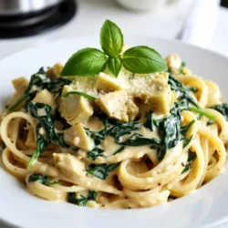- 8 oz fettuccine pasta - 4 cups fresh spinach - 1 can (14 oz) artichoke hearts - 1 cup cream cheese - 1/2 cup sour cream - 1/2 cup grated Parmesan cheese - Salt and freshly ground pepper - Red pepper flakes - Fresh basil leaves - 1 tablespoon olive oil - 2 cloves garlic - 1 small onion {{ingredient_image_2}} Start by filling a large pot with water. Add a good amount of salt to it. Bring the water to a rolling boil. Once boiling, add the fettuccine pasta. Cook according to the package instructions, usually about 8-10 minutes. You want it al dente, so check it a minute or two before the time is up. After cooking, drain the pasta and save about 1 cup of the pasta water. Set the pasta aside for now. In a large skillet, heat one tablespoon of olive oil over medium heat. When the oil shimmers, add two minced garlic cloves and one finely chopped onion. Cook for about 3-4 minutes, stirring often. You want the onion to become translucent and smell great. Next, add the chopped artichoke hearts and the fresh spinach to your skillet. Stir well and cook for an additional 2-3 minutes. You will see the spinach wilt and the artichokes heat through. Now, lower the heat to low. Add one cup of softened cream cheese and half a cup of sour cream. Stir continuously until smooth. If the sauce is too thick, slowly mix in some reserved pasta water until it reaches your desired consistency. Now it&rsquo;s time to combine everything. Gently fold the cooked fettuccine into the skillet. Toss to coat each strand with the creamy sauce. Taste the pasta and adjust the seasoning with salt and freshly ground pepper as needed. You can also add red pepper flakes if you like some heat. To get the right creamy texture, use pasta water. After cooking the pasta, save some water before draining. Add this water to the sauce if it gets too thick. The starchy water helps make the sauce smooth. For the cheese, let it melt evenly. Stir the sauce well until all the cheese blends in. This way, every bite is rich and creamy. Spice up your dish with extra herbs or spices. Try adding garlic powder, onion powder, or even Italian seasoning. These can boost the flavor. You can also pair this dish with grilled chicken or shrimp. A side salad or garlic bread also complements the pasta well. If you want to prepare in advance, cook the pasta and sauce separately. Store them in the fridge in airtight containers. When you&rsquo;re ready to eat, mix them together on the stove. Add a splash of pasta water to reheat. This keeps the dish creamy and delicious. Pro Tips Use Fresh Spinach: Fresh spinach provides a vibrant color and flavor that elevates the dish. If using frozen spinach, ensure it is thoroughly drained to avoid excess moisture. Reserve Pasta Water: The starchy pasta water is a great way to adjust the sauce's consistency. Add it gradually until you reach the desired creaminess without making it too watery. Experiment with Cheeses: While Parmesan is a classic choice, feel free to mix in other cheeses like mozzarella or goat cheese for added flavor and creaminess. Add Protein: For a heartier meal, consider adding cooked chicken, shrimp, or even white beans to the pasta for an extra boost of protein. {{image_4}} You can mix things up by using different greens. Kale or arugula adds a nice touch. They bring unique flavors and textures. You can also try alternative cheeses. Goat cheese or ricotta can create a different taste. These swaps keep the dish fresh and fun. If you need a gluten-free option, use gluten-free pasta. Many brands make pasta that tastes great. For those avoiding dairy, vegan substitutes work well. You can use vegan cream cheese and sour cream. These options let everyone enjoy this dish. Add seasonal vegetables for a fresh twist. Zucchini or bell peppers can brighten the dish. They add color and nutrients. You can also adapt this pasta for holidays. Think about using festive herbs or spices for a seasonal flair. To keep your creamy spinach artichoke pasta fresh, refrigerate leftovers. Place the pasta in a sealed container. Glass or plastic containers work well for storage. Make sure the lid is tight to prevent air from getting in. This helps keep flavors strong and prevents drying out. You can freeze creamy pasta for later use. Allow the pasta to cool completely before freezing. Portion it into freezer-safe bags or containers. Remove as much air as possible. When you're ready to eat, thaw the pasta overnight in the fridge. Reheat it gently on the stove, adding a splash of water or cream to restore creaminess. In the fridge, your creamy pasta will stay fresh for about 3 to 5 days. After this time, it may start to spoil. Signs of spoilage include a sour smell, off-color, or mold. If you see any of these signs, it&rsquo;s best to throw it away. Enjoy your delicious dish while it&rsquo;s fresh! Yes, you can use frozen spinach. Just make sure to thaw and drain it well. This helps avoid extra water in your dish. Frozen spinach is a great time-saver. It also offers similar taste and nutrition. To add heat, try red pepper flakes. Start with a pinch, and adjust to taste. You can also add fresh chopped chili peppers for a bolder kick. Another option is to mix in hot sauce for a spicy twist. If you need a substitute for sour cream, try Greek yogurt. It offers a similar creaminess and tang. You can also use mayonnaise or blended silken tofu for a creamy texture. Each option brings a unique flavor to the dish. For a dairy-free version, use vegan cream cheese and sour cream. You can also use coconut cream for a rich texture. Nutritional yeast adds a cheesy flavor. These swaps keep the dish creamy and delicious without dairy. This blog post covered a delicious fettuccine dish with spinach and artichokes. We explored the ingredients, cooking steps, and useful tips for the best results. Remember to adjust the sauce and try fun variations. You can customize with spices or veggies, making this meal your own. Store leftovers wisely to enjoy later. With these insights, you can create a creamy pasta dish that everyone will love. Now, get cooking and share your tasty results!