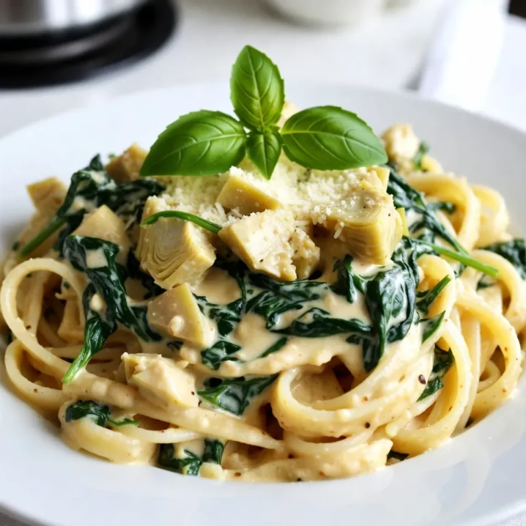 - 8 oz fettuccine pasta - 4 cups fresh spinach - 1 can (14 oz) artichoke hearts - 1 cup cream cheese - 1/2 cup sour cream - 1/2 cup grated Parmesan cheese - Salt and freshly ground pepper - Red pepper flakes - Fresh basil leaves - 1 tablespoon olive oil - 2 cloves garlic - 1 small onion {{ingredient_image_2}} Start by filling a large pot with water. Add a good amount of salt to it. Bring the water to a rolling boil. Once boiling, add the fettuccine pasta. Cook according to the package instructions, usually about 8-10 minutes. You want it al dente, so check it a minute or two before the time is up. After cooking, drain the pasta and save about 1 cup of the pasta water. Set the pasta aside for now. In a large skillet, heat one tablespoon of olive oil over medium heat. When the oil shimmers, add two minced garlic cloves and one finely chopped onion. Cook for about 3-4 minutes, stirring often. You want the onion to become translucent and smell great. Next, add the chopped artichoke hearts and the fresh spinach to your skillet. Stir well and cook for an additional 2-3 minutes. You will see the spinach wilt and the artichokes heat through. Now, lower the heat to low. Add one cup of softened cream cheese and half a cup of sour cream. Stir continuously until smooth. If the sauce is too thick, slowly mix in some reserved pasta water until it reaches your desired consistency. Now it’s time to combine everything. Gently fold the cooked fettuccine into the skillet. Toss to coat each strand with the creamy sauce. Taste the pasta and adjust the seasoning with salt and freshly ground pepper as needed. You can also add red pepper flakes if you like some heat. To get the right creamy texture, use pasta water. After cooking the pasta, save some water before draining. Add this water to the sauce if it gets too thick. The starchy water helps make the sauce smooth. For the cheese, let it melt evenly. Stir the sauce well until all the cheese blends in. This way, every bite is rich and creamy. Spice up your dish with extra herbs or spices. Try adding garlic powder, onion powder, or even Italian seasoning. These can boost the flavor. You can also pair this dish with grilled chicken or shrimp. A side salad or garlic bread also complements the pasta well. If you want to prepare in advance, cook the pasta and sauce separately. Store them in the fridge in airtight containers. When you’re ready to eat, mix them together on the stove. Add a splash of pasta water to reheat. This keeps the dish creamy and delicious. Pro Tips Use Fresh Spinach: Fresh spinach provides a vibrant color and flavor that elevates the dish. If using frozen spinach, ensure it is thoroughly drained to avoid excess moisture. Reserve Pasta Water: The starchy pasta water is a great way to adjust the sauce's consistency. Add it gradually until you reach the desired creaminess without making it too watery. Experiment with Cheeses: While Parmesan is a classic choice, feel free to mix in other cheeses like mozzarella or goat cheese for added flavor and creaminess. Add Protein: For a heartier meal, consider adding cooked chicken, shrimp, or even white beans to the pasta for an extra boost of protein. {{image_4}} You can mix things up by using different greens. Kale or arugula adds a nice touch. They bring unique flavors and textures. You can also try alternative cheeses. Goat cheese or ricotta can create a different taste. These swaps keep the dish fresh and fun. If you need a gluten-free option, use gluten-free pasta. Many brands make pasta that tastes great. For those avoiding dairy, vegan substitutes work well. You can use vegan cream cheese and sour cream. These options let everyone enjoy this dish. Add seasonal vegetables for a fresh twist. Zucchini or bell peppers can brighten the dish. They add color and nutrients. You can also adapt this pasta for holidays. Think about using festive herbs or spices for a seasonal flair. To keep your creamy spinach artichoke pasta fresh, refrigerate leftovers. Place the pasta in a sealed container. Glass or plastic containers work well for storage. Make sure the lid is tight to prevent air from getting in. This helps keep flavors strong and prevents drying out. You can freeze creamy pasta for later use. Allow the pasta to cool completely before freezing. Portion it into freezer-safe bags or containers. Remove as much air as possible. When you're ready to eat, thaw the pasta overnight in the fridge. Reheat it gently on the stove, adding a splash of water or cream to restore creaminess. In the fridge, your creamy pasta will stay fresh for about 3 to 5 days. After this time, it may start to spoil. Signs of spoilage include a sour smell, off-color, or mold. If you see any of these signs, it’s best to throw it away. Enjoy your delicious dish while it’s fresh! Yes, you can use frozen spinach. Just make sure to thaw and drain it well. This helps avoid extra water in your dish. Frozen spinach is a great time-saver. It also offers similar taste and nutrition. To add heat, try red pepper flakes. Start with a pinch, and adjust to taste. You can also add fresh chopped chili peppers for a bolder kick. Another option is to mix in hot sauce for a spicy twist. If you need a substitute for sour cream, try Greek yogurt. It offers a similar creaminess and tang. You can also use mayonnaise or blended silken tofu for a creamy texture. Each option brings a unique flavor to the dish. For a dairy-free version, use vegan cream cheese and sour cream. You can also use coconut cream for a rich texture. Nutritional yeast adds a cheesy flavor. These swaps keep the dish creamy and delicious without dairy. This blog post covered a delicious fettuccine dish with spinach and artichokes. We explored the ingredients, cooking steps, and useful tips for the best results. Remember to adjust the sauce and try fun variations. You can customize with spices or veggies, making this meal your own. Store leftovers wisely to enjoy later. With these insights, you can create a creamy pasta dish that everyone will love. Now, get cooking and share your tasty results!