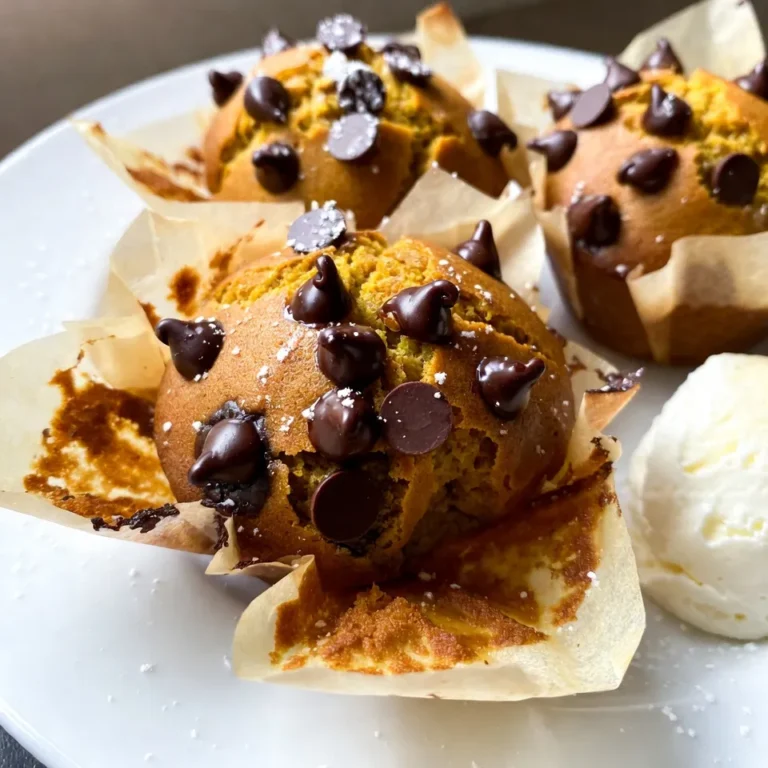 To make these delightful muffins, gather the following ingredients: - 1 cup canned pumpkin puree - 1/2 cup vegetable oil - 1/2 cup packed brown sugar - 1/2 cup granulated sugar - 2 large eggs - 1 teaspoon vanilla extract - 1 ½ cups all-purpose flour - 1 teaspoon baking powder - 1 teaspoon baking soda - 1 teaspoon ground cinnamon - 1/2 teaspoon ground nutmeg - 1/4 teaspoon ground ginger - 1/4 teaspoon salt - 1 cup semi-sweet chocolate chips You can easily swap some ingredients. For oil, use applesauce or melted coconut oil. For sugar, try coconut sugar or a sugar alternative. You can also use gluten-free flour for a gluten-free option. Just ensure that it is a 1:1 blend for the best results. These swaps can keep your muffins tasty and still soft. For pumpkin puree, I recommend Libby's or Farmer's Market Organic brands. They offer rich flavors and smooth textures. For chocolate chips, Ghirardelli or Nestlé Toll House are great choices. Their semi-sweet chips melt perfectly and add a nice sweetness to the muffins. Quality ingredients make all the difference in your baking! {{ingredient_image_2}} To make these tasty muffins, start by preheating your oven to 350°F (175°C). Get your muffin tin ready by lining it with paper liners or greasing each cup with butter or cooking spray. In a large bowl, mix 1 cup of pumpkin puree, 1/2 cup of vegetable oil, 1/2 cup of brown sugar, and 1/2 cup of granulated sugar. Whisk until smooth. Next, add 2 large eggs one at a time, mixing well after each addition. Stir in 1 teaspoon of vanilla extract. In a separate bowl, sift together 1 ½ cups of all-purpose flour, 1 teaspoon of baking powder, 1 teaspoon of baking soda, 1 teaspoon of ground cinnamon, 1/2 teaspoon of ground nutmeg, 1/4 teaspoon of ground ginger, and 1/4 teaspoon of salt. Slowly mix the dry ingredients into the wet mixture, stirring gently until just combined. Be careful not to overmix. Finally, fold in 1 cup of semi-sweet chocolate chips and set aside a handful for topping. Spoon the batter into the muffin cups, filling each about 2/3 full. Sprinkle the reserved chocolate chips on top of each muffin. Bake in the oven for 18-22 minutes. Insert a toothpick into the center of a muffin to check if it's done. If it comes out clean, your muffins are ready. After baking, let them cool in the pan for about 5 minutes. Then, transfer them to a wire rack to cool completely. When preparing your muffin tin, use paper liners for easy cleanup. If you prefer greasing, use a light hand with butter or cooking spray. This helps muffins release easily without sticking. For the batter, mix gently. Overmixing can make muffins dense. Use a spatula or wooden spoon for a smooth mix. If you want a fun twist, add nuts or dried fruit into the batter. To check if your muffins are done, use a toothpick. Insert it into the center of a muffin. If it comes out clean or with a few crumbs, they are ready. If the toothpick has wet batter on it, bake for another 2-3 minutes. Keep an eye on your muffins as they bake. Each oven can be different. Enjoy the warm smell of pumpkin and chocolate as they bake! To bake the best muffins, avoid mixing too much. When you combine wet and dry ingredients, mix gently. Overmixing can make your muffins tough. Also, do not skip the sifting step for dry ingredients. It adds air and helps your muffins rise. Another mistake is underfilling the muffin cups. Fill them about 2/3 full for the perfect rise. If you fill them too high, they may overflow. And do not forget to check your oven temperature. An oven that is too hot can burn the tops before the inside cooks. For soft and fluffy muffins, use room temperature eggs. Cold eggs can make the batter lumpy. Also, using canned pumpkin puree adds moisture and flavor. I recommend using high-quality chocolate chips for a rich taste. Adding spices like cinnamon, nutmeg, and ginger creates warmth in flavor. Adjust the spices to fit your taste. If you like more spice, add a bit more cinnamon or nutmeg. The key is to balance flavors to enhance the pumpkin. To keep your muffins fresh, store them in an airtight container. This helps prevent them from drying out. If you want to keep them longer, freeze them. Wrap each muffin in plastic wrap before placing them in a freezer bag. This keeps them fresh for up to three months. When you are ready to enjoy, let them thaw at room temperature. You can also reheat them in the oven for a few minutes. This restores their soft texture and warm flavor. Pro Tips Use Fresh Spices: For the best flavor, use fresh ground spices instead of pre-ground ones. This enhances the aroma and taste of your muffins. Don’t Overmix: When combining the wet and dry ingredients, mix until just combined to keep the muffins light and fluffy. Chocolate Chip Variations: Experiment with different types of chocolate chips or even add nuts for added texture and flavor. Proper Cooling: Allow muffins to cool in the pan for a few minutes before transferring to a wire rack to prevent them from becoming soggy. {{image_4}} You can easily add nuts or dried fruits to your chocolate chip pumpkin muffins. Nuts like walnuts or pecans add a nice crunch. Simply chop them up and fold them into the batter with the chocolate chips. Dried fruits like cranberries or raisins bring a sweet twist. Use about half a cup of your chosen ingredient for a good balance. This will give your muffins more flavor and texture. Want to spice up your muffins? You can add more flavor with spices or extracts. Try adding a pinch of cloves or allspice for warmth. You can also add a teaspoon of almond or orange extract for a unique twist. This small change can really boost the taste. Experiment with different combinations to find your favorite blend. If you're looking for a healthier version, you have options. You can reduce the sugar by using only brown sugar or using a sugar substitute. For a gluten-free version, swap all-purpose flour with almond flour or a gluten-free blend. These changes make the muffins lighter while still keeping them tasty. You can enjoy the same great flavors with fewer calories or gluten. To keep your Chocolate Chip Pumpkin Muffins fresh, store them in an airtight container. This step helps lock in moisture and flavor. You can place a paper towel at the bottom of the container. This towel absorbs any extra moisture. Keep your muffins at room temperature for up to three days. If you want to store them for longer, the fridge can work too. Just remember, refrigeration can dry them out faster. So, only use this method if you need to extend their life. Freezing muffins is simple. Wrap each muffin in plastic wrap. Then, place them in a freezer bag. Make sure to squeeze out excess air to prevent freezer burn. You can freeze them for up to three months. When it's time to enjoy a muffin, take it out and let it thaw. For a warm treat, reheat it in the microwave for about 15-20 seconds. You can also pop it in the oven at 350°F for about 10 minutes. This method will refresh the muffin's soft texture. Chocolate Chip Pumpkin Muffins can last about three days at room temperature and up to a week in the fridge. Check for signs of spoilage before eating. Look for mold, an off smell, or a dry texture. If any of these appear, it’s best to toss them. Always trust your senses when it comes to food safety. Yes, you can use fresh pumpkin. Start by roasting a pumpkin until it's soft. Then, scoop out the flesh and blend it until smooth. This fresh pumpkin gives a great taste and nice texture. Just make sure to measure it as you would the canned puree. Fresh pumpkin may have slightly more water, so you might need to adjust the flour a bit. To keep your muffins moist, use the right amount of oil and sugar. The combination of brown sugar and granulated sugar helps add moisture. Mixing the wet ingredients well also makes a difference. Avoid overmixing the batter; this keeps the muffins fluffy. Finally, do not bake them too long. Check for doneness with a toothpick to ensure they stay soft inside. Yes, you can make the batter in advance. Just mix the wet and dry ingredients separately, then combine them when you're ready to bake. Store the wet mix in the fridge for up to 24 hours. When you’re ready, add the dry mix and chocolate chips. This method gives you fresh muffins without a lot of prep time. You learned how to make Chocolate Chip Pumpkin Muffins from scratch. We covered the best ingredients, step-by-step instructions, and common mistakes. I shared tips on customizing and storing them for freshness. Remember, you can use alternatives if you need them. Baking these muffins is easy and fun. With practice, you'll make the best muffins ever! Enjoy your tasty treats, and don’t be afraid to experiment with flavors. Happy baking!