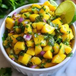 To make a fresh and tasty Mango Cilantro Salsa, you need these simple ingredients: - 2 ripe mangoes, diced into bite-sized pieces - 1 small red onion, finely chopped - 1 jalape&ntilde;o pepper, minced - 1/4 cup fresh cilantro, finely chopped - Juice of 2 fresh limes - 1 tablespoon olive oil - Salt and pepper, to taste - Optional: 1 small red bell pepper, diced Each ingredient brings its own flavor. The mangoes add sweetness. The onion gives it crunch. The jalape&ntilde;o adds heat, which you can adjust. Cilantro adds a fresh taste. Lime juice makes it bright. Olive oil adds richness. Salt and pepper balance everything. The red bell pepper can add a nice touch if you want more color. Use ripe mangoes for the best taste. You can find them by checking for a slight give when you squeeze. They should smell sweet, too. Fresh cilantro should look green and vibrant. Gather your ingredients, and get ready to create a salsa that's bursting with flavor! {{ingredient_image_2}} - Start by dicing the ripe mangoes. Use a sharp knife to cut them into bite-sized pieces. Make sure they are soft and sweet. - Next, finely chop the red onion. This will add a nice crunch and a bit of sharpness. Mince the jalape&ntilde;o pepper. You can remove the seeds for less heat, if you prefer. - If you want more sweetness and color, dice the optional red bell pepper into small pieces. - In a large mixing bowl, combine the diced mangoes, chopped red onion, minced jalape&ntilde;o, and optional red bell pepper. Stir gently to mix all the ingredients evenly. - Now, add the freshly chopped cilantro to the bowl. This adds a fresh taste and bright green color. - Squeeze the juice of two fresh limes over the mixture. This gives the salsa a zesty flavor. - Drizzle one tablespoon of olive oil over the top of the salsa. Use a spoon or spatula to toss everything together. Make sure all the ingredients get well coated. - Season the salsa with salt and pepper to taste. This step is key for balancing the flavors. - Allow the salsa to sit at room temperature for at least 15 minutes. This resting time helps the flavors meld together, creating a more delicious dish. To make great mango salsa, choose the best mangoes. Look for mangoes that are slightly soft when you press them. They should have a sweet smell at the stem end. The skin color varies by type, from green to yellow to red. Popular varieties include Tommy Atkins and Kent. Each has its own unique flavor and texture, so try a few to find your favorite. If you want a milder salsa, remove the seeds from the jalape&ntilde;o. This helps cut down on the heat. If jalape&ntilde;os are too hot for you, consider using a sweet bell pepper instead. You could also try a mild chili, like poblano, for a different flavor with less heat. Mango cilantro salsa is super versatile. It tastes great with tortilla chips for a snack. You can also use it as a topping for grilled chicken or fish. For a fun twist, serve it over tacos or in a salad. Get creative! Garnish your salsa with extra cilantro and lime wedges for added color and freshness. Pro Tips Ripeness Matters: Choose mangoes that are slightly soft to the touch for maximum sweetness and juiciness. A ripe mango will have a sweet aroma at the stem end. Adjust the Heat: If you prefer a milder salsa, remove the seeds and membranes from the jalape&ntilde;o pepper. For more heat, keep them in or add an extra pepper. Chill for Flavor: For an even more refreshing salsa, chill the mixture in the refrigerator for about 30 minutes before serving to allow the flavors to meld. Versatile Serving Options: This salsa is not only great with chips but also makes an excellent topping for tacos, grilled meats, or even as a salad component. {{image_4}} You can add more fruits to your salsa for fun flavors. Try pineapple or peach for a sweet twist. These fruits blend well with mango. They also add a nice texture. You can chop them into small pieces, just like the mango. Adding vegetables can also enhance your salsa. Cucumber adds a refreshing crunch. Corn can bring a sweet taste and bright color. Just make sure to chop them finely. Both options give your salsa more depth and interest. Herbs can change your salsa's taste. You can swap cilantro for mint or basil. Mint adds a cool twist, while basil gives a sweet note. Try using a mix to find your favorite flavor. Spices can also boost the salsa's flavor. A dash of cumin gives a warm, earthy tone. You can also add minced garlic for a sharp bite. Both options help create a more complex taste. You can turn your mango salsa into a salsa verde. Substitute the mango with tomatoes. This change keeps the base fresh and bright. You can also adjust the lime and cilantro amounts to suit your taste. Use more lime for a zesty kick or more cilantro for herbal notes. This gives you a whole new salsa experience. Mango cilantro salsa stays fresh in the fridge for up to five days. Store it in an airtight container to keep it tasty. A glass jar works great for this salsa. It keeps the flavors intact and makes it easy to see how much you have left. You can freeze mango salsa, but it may change in texture. If you want to freeze it, put it in a freezer-safe container. Leave some space at the top for expansion. When you&rsquo;re ready to use it, thaw it in the fridge overnight. To enjoy the frozen salsa, give it a good stir before serving. You might want to add a splash of lime juice to freshen it up. Yes, you can make Mango Cilantro Salsa ahead of time. It tastes even better after resting. To do this, prepare the salsa and store it in the fridge. Use an airtight container to keep it fresh. Let the salsa chill for at least an hour before serving. This allows the flavors to blend. However, if you add diced mango, it&rsquo;s best to add it fresh. This keeps the mango from getting mushy. Mango Cilantro Salsa pairs well with many dishes. Here are some tasty options: - Tortilla chips for a crunchy snack - Grilled chicken for a fresh topping - Fish tacos for added zest - Quesadillas for a flavorful dip - Salads to enhance flavor Try it with grilled shrimp or as a topping for tacos. You can also serve it with rice or in a wrap for a light meal. The heat level in Mango Cilantro Salsa depends on the jalape&ntilde;o. If you want less heat, remove the seeds and ribs. This will make it milder. If you like it spicy, leave the seeds in or add more jalape&ntilde;o. You might also try adding diced serrano peppers for extra heat. Adjusting the heat level helps suit your taste. Don't hesitate to experiment! This blog post covered how to make a refreshing mango salsa. You learned about the ingredients, like ripe mangoes and cilantro, and how to prepare them. We also explored tips for choosing the best mangoes and adjusting spice levels. Plus, I shared storage methods for keeping your salsa fresh. Mango salsa enhances many dishes and can add a burst of flavor. Experiment with different fruits and vegetables to find your favorite mix. Enjoy mixing, serving, and savoring your homemade mango salsa!